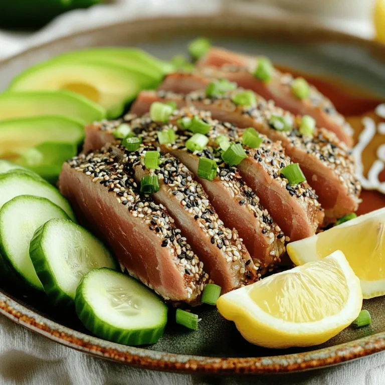 - 2 ahi tuna steaks (approximately 6 oz each) - 1/4 cup black sesame seeds - 1/4 cup white sesame seeds - 2 tablespoons olive oil, plus more for cooking - 1 tablespoon soy sauce - 1 teaspoon freshly grated ginger - 1 teaspoon wasabi paste (optional for an extra kick) - 1 ripe avocado, sliced - 1 small cucumber, thinly sliced - 2 green onions, chopped The main ingredients for this dish are fresh ahi tuna steaks, sesame seeds, and olive oil. Ahi tuna is tasty and packed with protein. The sesame seeds give a crunchy crust that adds flavor and texture. Olive oil helps to cook the tuna and adds a smooth taste. For flavor, I use soy sauce, ginger, and optional wasabi paste. Soy sauce brings a savory depth. Ginger adds warmth, while wasabi gives a spicy kick. You can skip the wasabi if you prefer a milder taste. Finally, I serve the tuna with fresh avocado, cucumber, and green onions. The creamy avocado balances the fish's richness. Cucumber adds a crisp texture, and green onions offer a fresh pop. Together, these ingredients create a colorful and healthy meal. You can find the full recipe to create this delightful dish and impress your family or friends! First, mix the black and white sesame seeds in a shallow dish. This blend gives the tuna a beautiful look and crunch. Next, pat the ahi tuna steaks dry with paper towels. This step helps the seasoning stick. Season both sides with salt and pepper. Make sure to use enough to enhance the flavor. Now, whisk together the olive oil, soy sauce, and freshly grated ginger in a small bowl. If you want some heat, add wasabi paste. This mixture will add great flavor to the tuna. Use a pastry brush to coat each tuna steak evenly. This adds moisture and helps the sesame seeds stick. Heat a non-stick skillet over medium-high heat and add olive oil. Wait until the oil shimmers and is hot. Carefully place the sesame-crusted tuna steaks in the skillet. Sear each side for 1-2 minutes for medium-rare. If you prefer your tuna more cooked, add another minute or two per side. Once cooked, transfer the tuna to a cutting board. Let it rest for about a minute. This resting time keeps the juices inside the fish. After resting, slice the tuna into thin strips, at a slight angle. This creates a nice presentation for your dish. Serve the sliced tuna on a plate with avocado and cucumber slices. Sprinkle with chopped green onions for a fresh touch. Drizzle any remaining soy-ginger mixture over the top. Add lemon wedges on the side for a zesty finish. Enjoy this tasty and healthy delight! You can find the Full Recipe for more details. To get a great crust on your sesame-crusted ahi tuna, follow these simple tips: - Ensuring seeds adhere well: Press the tuna firmly into the sesame seeds. This helps them stick. Make sure the tuna is dry before you season it. A dry surface grabs the seeds better. - Cooking time for desired doneness: Sear the tuna for 1-2 minutes on each side for medium-rare. If you want it more cooked, add another minute per side. When it comes to serving, presentation matters: - Plate presentation tips: Arrange the sliced tuna neatly on the plate. Place the avocado and cucumber around it for color and texture. - Garnishing ideas: Top the tuna with chopped green onions. A drizzle of the soy-ginger mix adds a tasty touch. Pair your dish for a full dining experience: - Best sides to serve: Steamed rice or a fresh salad works well. You could also try a light seaweed salad. - Wine or drink pairings: A crisp white wine, like Sauvignon Blanc, complements the flavors nicely. If you prefer a non-alcoholic drink, try sparkling water with a slice of lemon. Enjoy making this delicious dish! For the complete recipe, check out the Full Recipe. {{image_4}} You can switch up the fish if you want. Instead of ahi tuna, try salmon or swordfish. Both options taste great with sesame seeds. They also have a rich flavor. If you want to use a different oil, go for avocado oil or sesame oil. These oils add their own unique taste to the dish. You can present your sesame crusted ahi tuna in fun ways. For a sushi-style look, slice the tuna into thin pieces. Arrange them on a bamboo mat or a sushi plate. This makes a great starter. You can also serve it in a salad or bowl. Add mixed greens, sliced avocado, and cucumbers for a fresh touch. Drizzle some soy sauce or a ginger vinaigrette over the top. Want some heat? Add chili flakes or sriracha to the soy sauce mix. It brings a spicy kick to your dish. You can also try different sauces like teriyaki or ponzu. These sauces can add a sweet or tangy twist. Experiment with what you love! To keep leftover tuna fresh, place it in an airtight container. This helps prevent odors and keeps the fish moist. Make sure the tuna is at room temperature before sealing the container. The shelf life of cooked tuna in the fridge is about 2 to 3 days. If you won't eat it within this time, consider freezing it. For freezing cooked tuna, wrap each piece tightly in plastic wrap. Then, place the wrapped tuna in a freezer bag or container. This extra layer prevents freezer burn. Cooked tuna can last up to 3 months in the freezer. When you want to eat it, thaw the tuna in the fridge overnight. This helps keep its texture and flavor. The best way to reheat tuna is gently in a skillet over low heat. This method warms the fish evenly without drying it out. You can also use the microwave, but keep it short. Heat in 30-second intervals to avoid overcooking. Overcooked tuna becomes tough and dry, so watch closely. Enjoy your sesame-crusted ahi tuna again with care! To cook tuna just right, aim for medium-rare for the best taste. Sear each side for 1-2 minutes. This gives you a warm, pink center. If you like it well-done, add another minute or two per side. Use a meat thermometer if you want accuracy. The internal temperature should be around 125°F for medium-rare and 145°F for well-done. Remember, tuna cooks quickly, so keep an eye on it! Yes, you can prepare this dish ahead of time. You can coat the tuna with sesame seeds and keep it in the fridge. Just wait to cook it until you’re ready to serve. This way, the tuna stays fresh. If you have leftovers, store them in an airtight container. They will last for about two days in the fridge. When you're ready, just reheat gently to avoid overcooking. Ahi tuna is a great choice for health. It is high in protein, which helps build muscles. Ahi tuna is also low in calories, making it good for weight loss. It has omega-3 fatty acids, which are great for heart health. Plus, it's rich in vitamins and minerals like vitamin B12 and selenium. Eating ahi tuna can help improve brain function and reduce inflammation. You can find the full recipe by following the link I shared earlier. It includes all the details you need. You'll see the list of ingredients and step-by-step instructions to make this delicious meal yourself. Enjoy cooking! In this post, we covered how to create a delicious seared ahi tuna dish. You learned about key ingredients, like sesame seeds and ginger, and how to prepare and cook the tuna to get the perfect crust. I also shared tips for serving and pairing your meal. Remember, confident cooking comes from practice. Try different variations and enjoy experimenting with flavors. Your culinary skills will grow with each attempt. Happy cooking!