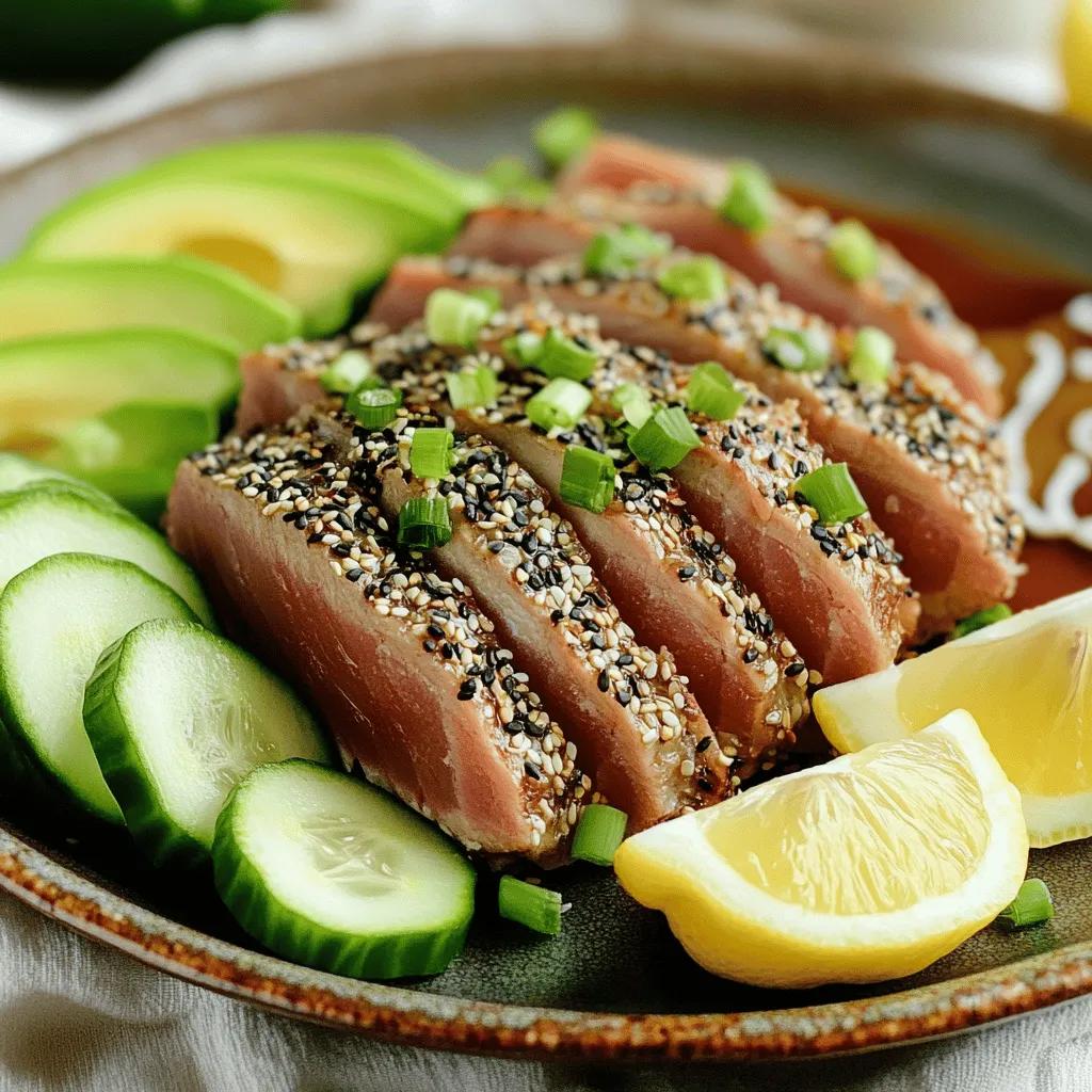 - 2 ahi tuna steaks (approximately 6 oz each) - 1/4 cup black sesame seeds - 1/4 cup white sesame seeds - 2 tablespoons olive oil, plus more for cooking - 1 tablespoon soy sauce - 1 teaspoon freshly grated ginger - 1 teaspoon wasabi paste (optional for an extra kick) - 1 ripe avocado, sliced - 1 small cucumber, thinly sliced - 2 green onions, chopped The main ingredients for this dish are fresh ahi tuna steaks, sesame seeds, and olive oil. Ahi tuna is tasty and packed with protein. The sesame seeds give a crunchy crust that adds flavor and texture. Olive oil helps to cook the tuna and adds a smooth taste. For flavor, I use soy sauce, ginger, and optional wasabi paste. Soy sauce brings a savory depth. Ginger adds warmth, while wasabi gives a spicy kick. You can skip the wasabi if you prefer a milder taste. Finally, I serve the tuna with fresh avocado, cucumber, and green onions. The creamy avocado balances the fish's richness. Cucumber adds a crisp texture, and green onions offer a fresh pop. Together, these ingredients create a colorful and healthy meal. You can find the full recipe to create this delightful dish and impress your family or friends! First, mix the black and white sesame seeds in a shallow dish. This blend gives the tuna a beautiful look and crunch. Next, pat the ahi tuna steaks dry with paper towels. This step helps the seasoning stick. Season both sides with salt and pepper. Make sure to use enough to enhance the flavor. Now, whisk together the olive oil, soy sauce, and freshly grated ginger in a small bowl. If you want some heat, add wasabi paste. This mixture will add great flavor to the tuna. Use a pastry brush to coat each tuna steak evenly. This adds moisture and helps the sesame seeds stick. Heat a non-stick skillet over medium-high heat and add olive oil. Wait until the oil shimmers and is hot. Carefully place the sesame-crusted tuna steaks in the skillet. Sear each side for 1-2 minutes for medium-rare. If you prefer your tuna more cooked, add another minute or two per side. Once cooked, transfer the tuna to a cutting board. Let it rest for about a minute. This resting time keeps the juices inside the fish. After resting, slice the tuna into thin strips, at a slight angle. This creates a nice presentation for your dish. Serve the sliced tuna on a plate with avocado and cucumber slices. Sprinkle with chopped green onions for a fresh touch. Drizzle any remaining soy-ginger mixture over the top. Add lemon wedges on the side for a zesty finish. Enjoy this tasty and healthy delight! You can find the Full Recipe for more details. To get a great crust on your sesame-crusted ahi tuna, follow these simple tips: - Ensuring seeds adhere well: Press the tuna firmly into the sesame seeds. This helps them stick. Make sure the tuna is dry before you season it. A dry surface grabs the seeds better. - Cooking time for desired doneness: Sear the tuna for 1-2 minutes on each side for medium-rare. If you want it more cooked, add another minute per side. When it comes to serving, presentation matters: - Plate presentation tips: Arrange the sliced tuna neatly on the plate. Place the avocado and cucumber around it for color and texture. - Garnishing ideas: Top the tuna with chopped green onions. A drizzle of the soy-ginger mix adds a tasty touch. Pair your dish for a full dining experience: - Best sides to serve: Steamed rice or a fresh salad works well. You could also try a light seaweed salad. - Wine or drink pairings: A crisp white wine, like Sauvignon Blanc, complements the flavors nicely. If you prefer a non-alcoholic drink, try sparkling water with a slice of lemon. Enjoy making this delicious dish! For the complete recipe, check out the Full Recipe. {{image_4}} You can switch up the fish if you want. Instead of ahi tuna, try salmon or swordfish. Both options taste great with sesame seeds. They also have a rich flavor. If you want to use a different oil, go for avocado oil or sesame oil. These oils add their own unique taste to the dish. You can present your sesame crusted ahi tuna in fun ways. For a sushi-style look, slice the tuna into thin pieces. Arrange them on a bamboo mat or a sushi plate. This makes a great starter. You can also serve it in a salad or bowl. Add mixed greens, sliced avocado, and cucumbers for a fresh touch. Drizzle some soy sauce or a ginger vinaigrette over the top. Want some heat? Add chili flakes or sriracha to the soy sauce mix. It brings a spicy kick to your dish. You can also try different sauces like teriyaki or ponzu. These sauces can add a sweet or tangy twist. Experiment with what you love! To keep leftover tuna fresh, place it in an airtight container. This helps prevent odors and keeps the fish moist. Make sure the tuna is at room temperature before sealing the container. The shelf life of cooked tuna in the fridge is about 2 to 3 days. If you won't eat it within this time, consider freezing it. For freezing cooked tuna, wrap each piece tightly in plastic wrap. Then, place the wrapped tuna in a freezer bag or container. This extra layer prevents freezer burn. Cooked tuna can last up to 3 months in the freezer. When you want to eat it, thaw the tuna in the fridge overnight. This helps keep its texture and flavor. The best way to reheat tuna is gently in a skillet over low heat. This method warms the fish evenly without drying it out. You can also use the microwave, but keep it short. Heat in 30-second intervals to avoid overcooking. Overcooked tuna becomes tough and dry, so watch closely. Enjoy your sesame-crusted ahi tuna again with care! To cook tuna just right, aim for medium-rare for the best taste. Sear each side for 1-2 minutes. This gives you a warm, pink center. If you like it well-done, add another minute or two per side. Use a meat thermometer if you want accuracy. The internal temperature should be around 125°F for medium-rare and 145°F for well-done. Remember, tuna cooks quickly, so keep an eye on it! Yes, you can prepare this dish ahead of time. You can coat the tuna with sesame seeds and keep it in the fridge. Just wait to cook it until you’re ready to serve. This way, the tuna stays fresh. If you have leftovers, store them in an airtight container. They will last for about two days in the fridge. When you're ready, just reheat gently to avoid overcooking. Ahi tuna is a great choice for health. It is high in protein, which helps build muscles. Ahi tuna is also low in calories, making it good for weight loss. It has omega-3 fatty acids, which are great for heart health. Plus, it's rich in vitamins and minerals like vitamin B12 and selenium. Eating ahi tuna can help improve brain function and reduce inflammation. You can find the full recipe by following the link I shared earlier. It includes all the details you need. You'll see the list of ingredients and step-by-step instructions to make this delicious meal yourself. Enjoy cooking! In this post, we covered how to create a delicious seared ahi tuna dish. You learned about key ingredients, like sesame seeds and ginger, and how to prepare and cook the tuna to get the perfect crust. I also shared tips for serving and pairing your meal. Remember, confident cooking comes from practice. Try different variations and enjoy experimenting with flavors. Your culinary skills will grow with each attempt. Happy cooking!