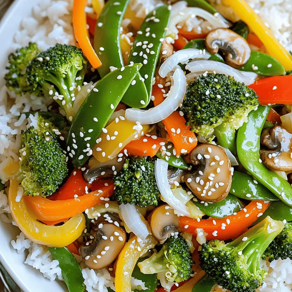 To create a great veggie stir-fry, gather these main vegetables: - 1 cup broccoli florets - 1 bell pepper, sliced - 1 medium carrot, julienned - 1 cup snap peas - 1 cup mushrooms, sliced - 1 small onion, thinly sliced - 3 cloves garlic, minced - 1 tablespoon fresh ginger, grated You will also need seasonings and oils: - 3 tablespoons low-sodium soy sauce - 1 tablespoon sesame oil - 1 tablespoon olive oil - 1 tablespoon sesame seeds (for garnish) These ingredients come together to create a colorful and tasty dish. For stir-frying, choose oils that can handle high heat. The best options include: - Olive oil - Sesame oil - Canola oil If you want healthier alternatives, consider using: - Avocado oil - Coconut oil These oils add flavor and help cook the veggies evenly. You can customize your stir-fry with protein options like: - Tofu - Chicken - Shrimp Feel free to add more vegetables too! Some great choices are: - Zucchini - Baby corn - Bell peppers (different colors) Mix and match to suit your taste! For the Full Recipe, check back for the detailed steps to make this delightful dish. To start, wash all your vegetables under cold water. This removes dirt and any chemicals. Cut the broccoli into small florets. Slice the bell pepper into thin strips. For the carrot, use a knife to make thin matchsticks, called julienne. Trim the snap peas and rinse them well. Next, slice the mushrooms and onion thinly. Mince the garlic and grate the ginger. Organize all the ingredients in separate bowls. This makes it easy to grab what you need while cooking. Having everything ready keeps the flow smooth and fast. First, heat the olive oil in a large skillet or wok over medium-high heat. Wait until the oil looks shiny. Add the minced garlic and grated ginger. Stir them for about 30 seconds. Keep stirring to avoid burning. Now, add the sliced onions, mushrooms, and julienned carrots. Stir-fry these for about 2-3 minutes. They should soften but stay a bit crunchy. Next, toss in the broccoli florets, bell pepper strips, and snap peas. Stir-fry for 4-5 more minutes. Mix everything well until the vegetables are bright and tender-crisp. Drizzle the soy sauce and sesame oil over the stir-fried veggies. Toss everything well. Make sure the sauce coats all the vegetables evenly. Cook for one more minute for the flavors to blend. When done, remove the pan from heat. Sprinkle sesame seeds on top for added crunch and flavor. Serve the veggie stir-fry over hot cooked rice or noodles for a filling meal. For a nice touch, use a large bowl or platter to show off the colorful veggies. To get the best stir-fry, timing matters a lot. Different veggies cook at different rates. For instance, carrots take longer than snap peas. Start with the tougher veggies, like carrots and onions, and add softer ones later. This way, everything stays crunchy. Keeping your veggies crunchy is key. Overcooking them makes them mushy and dull. Aim for bright colors and a little bite. When you see vibrant greens and crisp textures, you know you did it right. To boost flavors, add extra spices or herbs. Garlic and ginger are great, but consider adding red pepper flakes for heat. Fresh herbs like basil or cilantro can also add depth. Homemade sauces can take your dish to the next level. Mix soy sauce with a bit of honey or lime juice for a sweet-tangy kick. You can also try a splash of rice vinegar for added zest. Using the right tools makes stir-frying easier. A large skillet or wok is best for even cooking. The wide surface helps heat circulate, giving you better results. Don’t forget about a good spatula! A wooden or silicone spatula will help you toss the veggies without scratching your pan. A sharp knife is also a must for quick chopping and prep. For the full recipe, check out the vibrant veggie stir-fry section. It’s a great way to put these tips into action! {{image_4}} You can easily make this veggie stir fry vegan. Just skip any animal-based products. Use vegetable broth instead of chicken broth if you choose to add more flavor. For gluten-free needs, swap the soy sauce for tamari. This simple change makes it safe for those with gluten sensitivities. If you have allergies, avoid common allergens like soy or sesame. You can use coconut aminos for a soy-free option. If you’re allergic to peanuts, skip any peanut oil and stick to olive or sesame oil. Using seasonal vegetables keeps your stir fry fresh and exciting. In spring, think about adding asparagus or peas. Summer is perfect for zucchini and bell peppers. In fall, try using Brussels sprouts or butternut squash. Winter calls for hearty choices like carrots and broccoli. Rotating your vegetables helps you explore new flavors. It also keeps your meals colorful and inviting. Consider making a list of your local seasonal produce to inspire your next stir fry. Different cuisines bring unique flavors to your stir fry. For a Thai twist, add basil and lime. Toss in some chili for heat. If you want a Chinese flair, use hoisin sauce or oyster sauce. You can also do ingredient swaps. Try adding bok choy or water chestnuts for crunch. Swap soy sauce for teriyaki for a sweeter taste. These small changes can transform your dish into a global delight. For more ideas, check the Full Recipe and start experimenting today! Your veggie stir fry stays fresh for about 3-4 days in the fridge. To keep it tasty, use airtight containers. Glass or plastic containers work well. Always let the stir fry cool before sealing it up. This helps avoid moisture build-up. If you want to freeze your stir fry, first cool it completely. Use freezer-safe bags or containers. Lay the bags flat to save space. When you’re ready to eat, thaw it in the fridge overnight. Reheat it on the stove over medium heat. This way, it keeps its crunch and flavor. To prepare ahead for quick meals, wash and chop vegetables in advance. Store them in separate containers. This keeps them fresh and ready to cook. You can also cook the rice or noodles ahead of time. Store them in the fridge for easy access. With these steps, a quick meal is always within reach. For the full recipe, check out the details above. Yes, you can use frozen vegetables for stir fry. They are quick and easy. Frozen veggies save time since they are pre-washed and chopped. However, they may have more water than fresh ones. This can make your stir fry soggy if you’re not careful. To avoid this, cook frozen veggies in a hot pan. You may want to add them later in the cooking process. This helps them keep some crunch. Fresh vegetables, on the other hand, usually have better texture and taste. They also offer more nutrients. So, choose based on your needs and time. If your stir fry turns out soggy, don’t worry! There are easy fixes. First, you can drain excess liquid. Use a slotted spoon to remove watery bits. Second, you can cook it on high heat for a few more minutes. This helps evaporate moisture and makes it crispy. Another tip is to use less sauce next time. Too much liquid can lead to sogginess. If you add frozen veggies, remember to cook them separately first. This keeps your stir fry texture just right. To improve the flavor of your veggie stir fry, try a few simple tips. First, add fresh herbs like basil or cilantro right before serving. They add a bright taste. You can also mix in different spices like chili flakes or sesame seeds. Marinating your veggies in soy sauce or garlic before cooking can enhance taste too. Another idea is to use flavored oils, like chili or garlic oil. These small changes can make your dish pop with flavor without too much effort. For the best pairing with your Easy Veggie Stir Fry, use rice or noodles. Jasmine rice or brown rice works well. They soak up the sauce nicely. If you prefer noodles, try rice noodles or soba noodles. They are light and complement the veggies. You can also serve with whole wheat noodles for a health boost. Choose what you like best! Each option brings its unique flavor and texture to your meal. For the full recipe, make sure to check out the complete guide on how to prepare this delicious dish. In this article, we covered essential ingredients for a great stir fry. You learned about the best oils, optional proteins, and how to prepare your veggies. I shared step-by-step cooking methods and tips for perfect timing and flavor. You also discovered variations for dietary needs and seasonal veggies. Stir frying is simple and offers endless possibilities. Customize your dish to suit your taste and enjoy healthy meals. With the right ingredients and techniques, you can make stir fry both delicious and fun!