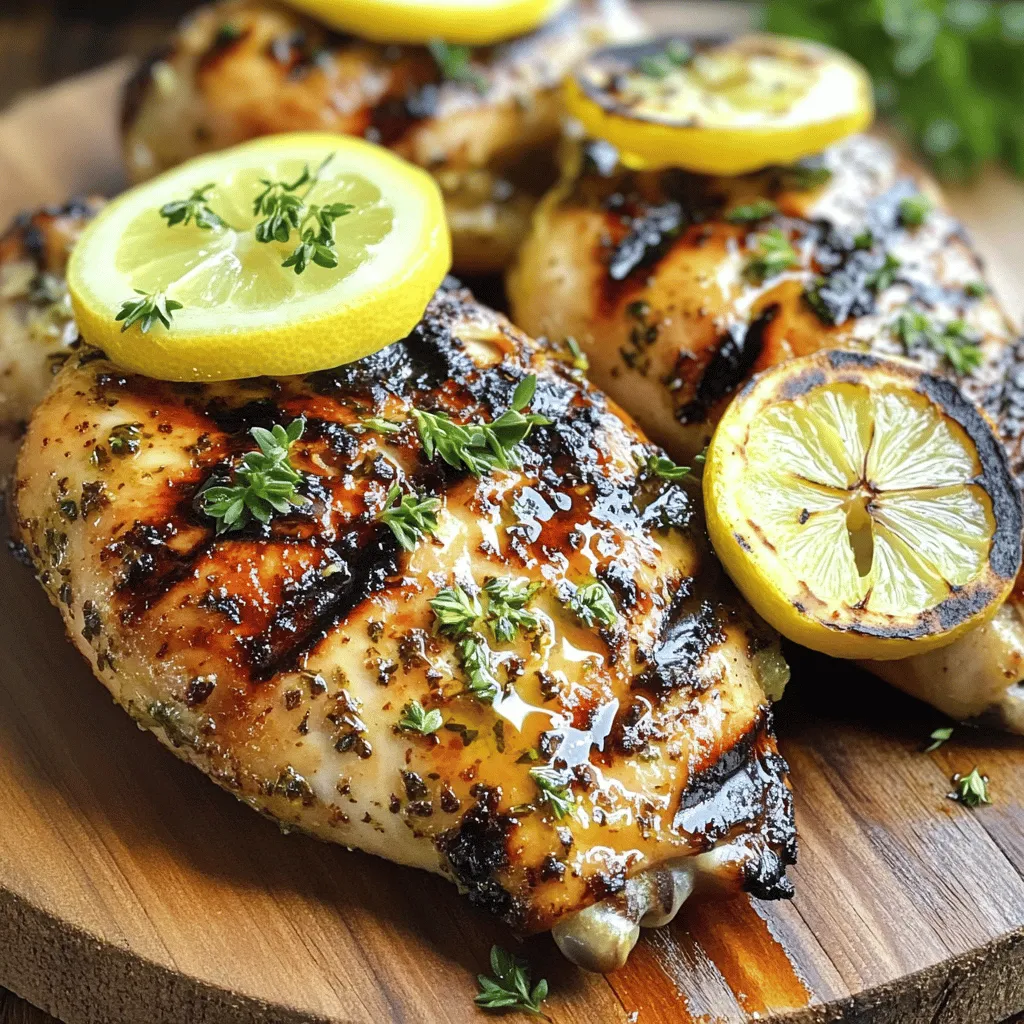 Here is what you need to make Zesty Lemon Herb Chicken: - 4 boneless, skinless chicken breasts - 1/4 cup freshly squeezed lemon juice (approximately 2 lemons) - Zest of 1 lemon - 3 tablespoons extra virgin olive oil - 3 cloves garlic, finely minced - 2 teaspoons fresh rosemary, finely chopped - 2 teaspoons fresh thyme, finely chopped - 1 teaspoon dried oregano - Salt and freshly cracked black pepper to taste - Lemon slices, for garnish - Fresh herbs such as parsley or basil, for garnish Gather these ingredients before you start your cooking adventure. Fresh herbs and lemon will give your dish a bright flavor. I love using high-quality olive oil for the best taste. Zesty lemon juice and zest add a punch that makes this chicken shine. If you want to add your own twist, feel free to swap in your favorite herbs. Just remember, the key to this dish is a balance of bright and savory flavors. Now that you have your ingredients ready, you’re set to create a delightful meal. For the complete cooking steps, check out the Full Recipe. In a medium bowl, I whisk together lemon juice, zest, oil, garlic, and herbs. This mix creates a tangy and fragrant marinade. The lemon juice brightens the dish while the herbs add depth. Make sure to blend it until smooth. Next, I coat the chicken breasts in the marinade. I like to use a large resealable bag for easy mixing. Once coated, I refrigerate the chicken for at least 30 minutes. For more flavor, let it sit up to 4 hours. This helps the chicken absorb all those tasty flavors. When it’s time to cook, I preheat my grill to medium-high heat. If using a skillet, I heat it until hot. I take the chicken out of the marinade, letting excess drip off. I grill the chicken for about 5-7 minutes on each side. The goal is to reach an internal temperature of 165°F (75°C). This ensures it's safe to eat. After cooking, I let the chicken rest for 5 minutes. This keeps it juicy. I then slice it and serve it on a platter, garnished with lemon slices and fresh herbs. For the full recipe, check out [Full Recipe]. For the best flavor, marinating your chicken is key. I recommend marinating for at least 30 minutes. However, you can let it sit for up to 4 hours. The longer it soaks, the more zest and herb flavor it absorbs. Resting the chicken after cooking is also very important. Allow it to sit for about 5 minutes before slicing. This helps the juices stay inside, making each bite juicy and tender. To ensure your chicken cooks well, always check the internal temperature. Use a meat thermometer to see if it reaches 165°F (75°C). This temperature guarantees your chicken is safe to eat and cooked through. You can also look for visual cues. The chicken should be golden brown on the outside. If the juices run clear when you cut into it, that means it’s done. These tips will help you serve a perfectly cooked Zesty Lemon Herb Chicken every time. {{image_4}} You can change the taste of your Zesty Lemon Herb Chicken by adding spices. Try a sprinkle of paprika for a smoky kick. Cumin adds warmth and depth. You can also mix in some crushed red pepper for a bit of heat. These spices enhance the lemon and herbs, making each bite exciting and new. While grilling gives a lovely char, you can also broil or bake this chicken. Broiling cooks the chicken quickly and helps it brown nicely. Baking is a great option if you want a hands-off method. Just set the oven to 400°F and bake for about 25-30 minutes. Both methods keep the chicken juicy and flavorful. Pair your chicken with fresh sides. A simple salad of mixed greens works well. You could also serve it with roasted vegetables for a hearty meal. Rice or quinoa adds a nice touch, soaking up the zesty flavors. For a refreshing drink, lemon water or iced tea complements the dish perfectly. For the complete recipe, you can check the Full Recipe. To store leftovers, let the chicken cool first. Place it in an airtight container. This keeps moisture in and prevents odor transfer. Store it in the fridge for up to three days. If you keep the chicken in the marinade, it may last one extra day. For freezing, wrap each chicken breast tightly in plastic wrap. Place the wrapped chicken in a freezer bag. Remove as much air as possible to avoid freezer burn. The chicken can stay frozen for up to three months. To thaw, move it to the fridge overnight or use the defrost setting on your microwave. When reheating, avoid drying out the chicken. The best way is to use low heat. You can reheat it in a skillet with a splash of water or broth. Cover the skillet to keep moisture in. Heat until warmed through. You can also use the oven at a low setting. This keeps the chicken juicy and flavorful. For extra flavor, add a little olive oil or lemon juice while reheating. You can marinate chicken for 30 minutes to 4 hours. For the best taste, aim for 2 to 4 hours. This allows the flavors to soak in well. Longer marination gives you juicier and tastier chicken. Yes, you can use bone-in chicken. Just adjust the cooking time. Bone-in pieces take longer to cook, so grill for about 10-15 minutes per side. Always check that the internal temperature hits 165°F. You can serve this chicken with a variety of sides. Here are some great options: - Grilled vegetables like zucchini and bell peppers - Fresh salad with mixed greens and vinaigrette - Couscous or quinoa for a healthy grain option - Roasted potatoes or sweet potatoes for a hearty touch These sides will complement the bright flavors of the chicken perfectly. For the Full Recipe, check the beginning of the article. This blog post provided a clear guide to making Zesty Lemon Herb Chicken. You learned the key ingredients and step-by-step cooking instructions. We covered tips for better flavor and ensured your chicken cooks just right. Don’t forget the variations and ways to serve this dish for fun twists. Additionally, proper storage and reheating methods will keep your meals tasty later. Remember, cooking is about enjoying the process and sharing great meals with others. Happy cooking!
