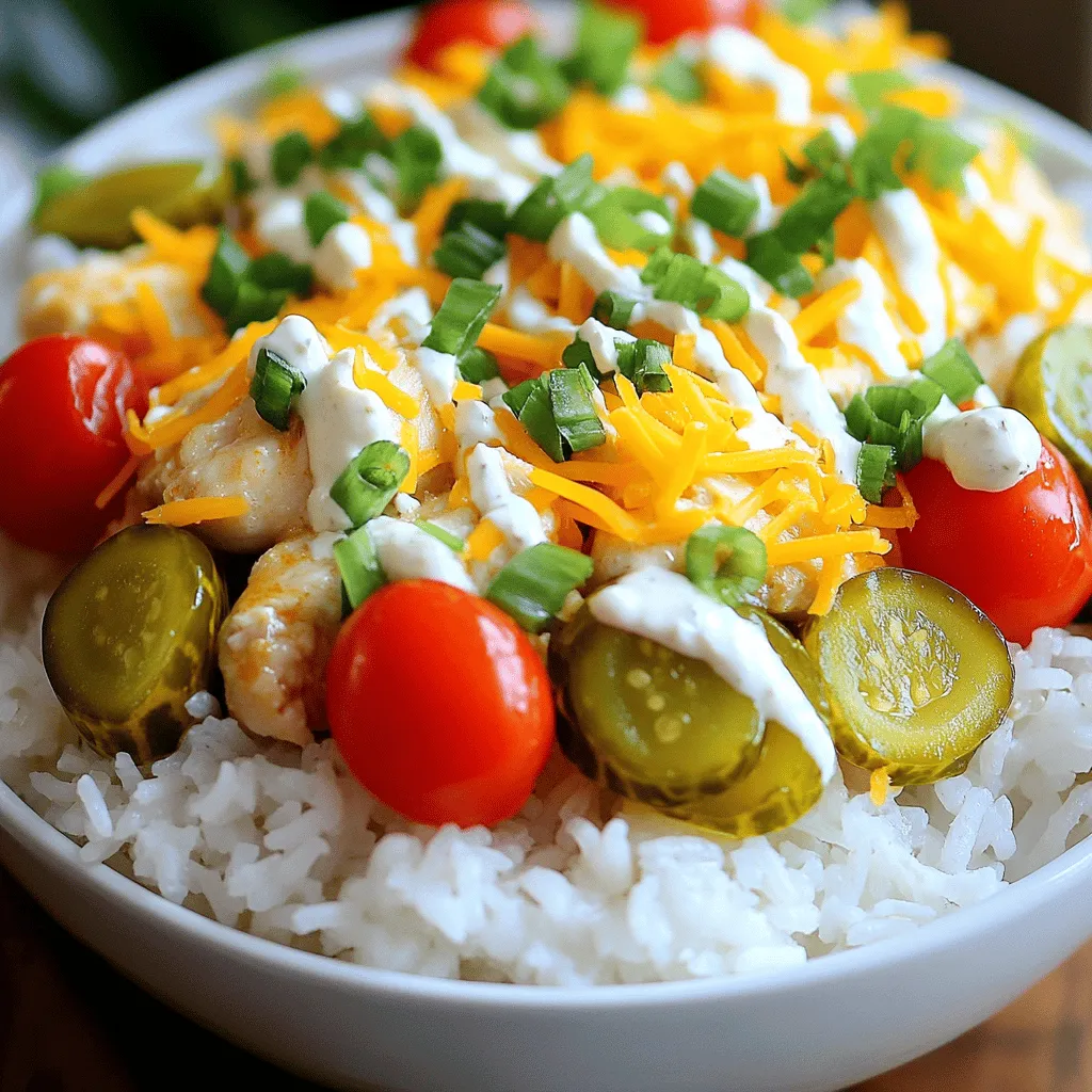 For a great meal, you need the right ingredients. Here’s what you will use: - 2 cups cooked rice (white or brown) - 2 medium chicken breasts, diced - 1/2 cup dill pickle juice - 1/2 cup ranch dressing - 1 cup dill pickles, finely chopped - 1 cup cherry tomatoes, halved - 1/2 cup shredded cheddar cheese - 1/4 cup green onions, finely chopped - Salt and pepper to taste - 2 tablespoons olive oil Each ingredient plays a role in building flavors. The chicken soaks up the tangy pickle juice. The ranch dressing brings creaminess. The pickles and tomatoes add crunch and freshness. To make this dish, gather these tools: - Large mixing bowl - Skillet - Knife and cutting board - Measuring cups and spoons - Serving bowls These tools help you prep and cook efficiently. A large skillet allows you to cook the chicken evenly. A mixing bowl is essential for marinating. You can swap ingredients based on what you have. Here are some ideas: - Use quinoa or cauliflower rice instead of regular rice for a different base. - Swap chicken for turkey or tofu for a vegetarian option. - Try Greek yogurt instead of ranch dressing for a lighter choice. - Use any pickles you like, such as bread and butter, for a sweet twist. These substitutes can give your Pickle Ranch Chicken and Rice Bowls new flavors while keeping it fun. You can find the full recipe in the previous section. To start, you need to marinate the chicken. Take your diced chicken breasts and place them in a mixing bowl. Pour in the dill pickle juice. Make sure every piece is covered. This step gives the chicken a tangy flavor. Cover the bowl with plastic wrap or a lid. Let the chicken sit in the fridge for at least 30 minutes. This allows the chicken to soak up the pickle flavor. Once your chicken has marinated, it’s time to cook it. Heat two tablespoons of olive oil in a large skillet over medium-high heat. Take the chicken out of the marinade. Discard any leftover liquid. Add the chicken pieces to the hot skillet. Season the chicken with salt and pepper. Cook the chicken for about 7 to 10 minutes. Stir occasionally. Make sure the chicken is golden brown and not pink inside. Now, let’s prepare the rice. If you haven’t cooked it yet, follow the package instructions to cook your rice. You can use white or brown rice, based on your preference. After cooking, fluff the rice with a fork. This keeps it light and airy. You want your rice to be a nice base for the chicken and toppings. For the full recipe, check out the detailed instructions. Start with a bowl of cooked rice. This is your base. Add a layer of sautéed chicken on top. Next, sprinkle the chopped dill pickles for a crunchy bite. Then, add the halved cherry tomatoes for a pop of color. Finally, top it all with shredded cheddar cheese. For a balanced bowl, use 1 cup of rice per serving. Add about 1/2 cup of chicken for protein. Use 1/4 cup of dill pickles and tomatoes each. This keeps flavors lively but not overwhelming. Adjust these ratios based on your taste. More cheese? Go for it! Serve the bowls warm. Drizzle ranch dressing over the top for extra flavor. You can place extra dressing in a small dish on the side. This way, everyone can add their own. For a beautiful look, arrange the cherry tomatoes and green onions on top. Enjoy your colorful meal! For the full recipe, refer to the earlier section. {{image_4}} When making Pickle Ranch Chicken and Rice Bowls, some common mistakes can ruin the dish. First, don't skip marinating the chicken. This step adds flavor. If you use too much olive oil, the chicken can become greasy. Always measure it. Not cooking the chicken fully is another issue. Use a meat thermometer to check for doneness; it should reach 165°F. Lastly, be careful with salt. Dill pickle juice is salty, so taste before adding more. To make your Pickle Ranch Chicken and Rice Bowls even tastier, consider adding extra ingredients. Try adding avocado for creaminess. You can also include black beans for protein and fiber. If you like heat, diced jalapeños add a kick. Fresh herbs like cilantro or parsley can brighten the dish. Don't forget to mix in corn for sweetness and texture. These additions can give your meal a fun twist. These bowls are perfect for meal prep. Cook the chicken and rice in advance. Store them in airtight containers in the fridge. You can also chop the veggies ahead of time. Keep the ranch dressing separate until you’re ready to eat. This way, the flavors stay fresh. When it’s time to eat, just assemble the bowls. This makes it easy to enjoy a quick, delicious meal on busy nights. For the full recipe, check out the details above. You can easily make this dish vegetarian. Instead of chicken, use chickpeas or tofu. Both options soak up the pickle juice flavor well. You can also use hearty veggies like zucchini or bell peppers. Sauté them in olive oil for a few minutes. Top your rice with the cooked veggies and add the same toppings from the recipe. The ranch dressing goes great with these options too. If you like heat, add spicy elements. Mix in chopped jalapeños or red pepper flakes. You can also use spicy ranch dressing instead of regular ranch. Another idea is to marinate the chicken in buffalo sauce. This gives a zesty flavor that pairs well with the pickles. Just adjust the amount of ranch dressing to balance the heat. To cut carbs, swap the rice for cauliflower rice. It has a similar texture and absorbs flavors well. You can also add more leafy greens, like spinach or kale, as a base. For added crunch, sprinkle on nuts or seeds. This keeps the dish filling while lowering the carb count. You’ll still enjoy all the great flavors of the original recipe. For the complete recipe, check the Full Recipe section. The best rice for these bowls is white or brown rice. Both types work well. White rice is fluffy and soft. Brown rice adds a nutty flavor and more fiber. I prefer brown rice for its health benefits. It makes the meal filling. You can also use jasmine or basmati rice for a fragrant touch. Cook the rice according to the package instructions for best results. Yes, you can use other proteins. Turkey is a great choice, as it cooks similarly. Tofu works well for a vegetarian option. Just marinate it like the chicken. Shrimp is another tasty option. It cooks quickly and adds a nice flavor. If you want beef, use thin strips and adjust cooking time. Each protein will give a unique twist to your bowl. Leftovers can be stored for up to four days. Keep them in an airtight container in the fridge. Make sure the rice and chicken cool down before storing. Reheat in the microwave or on the stove. Add a splash of ranch dressing to freshen it up. If left longer, the flavors may change. Always check for any signs of spoilage before eating. In this blog post, we explored the essential ingredients and tools for Pickle Ranch Chicken and Rice Bowls. You learned how to marinate chicken, cook it well, and prepare rice to create delicious bowls. We also shared tips on layering ingredients and serving beautifully. Plus, we covered common mistakes, flavor boosters, and variations to suit your taste. Remember, cooking is fun and flexible. Don't hesitate to make these bowls your own. Enjoy your journey into this tasty meal!