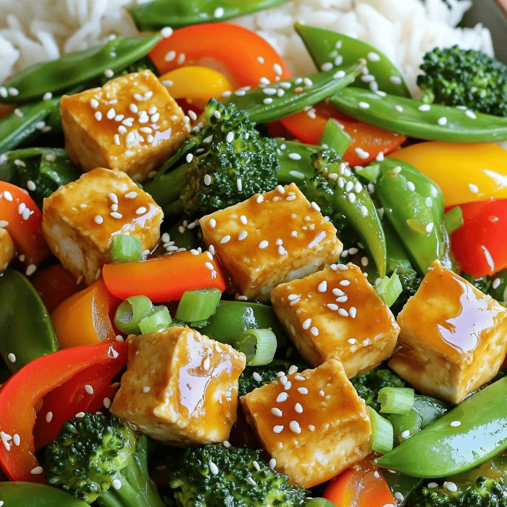 - Firm Tofu - Assorted Bell Peppers - Fresh Broccoli Florets - Snap Peas - Garlic and Ginger The main ingredients in this Easy Teriyaki Tofu Stir Fry bring color and taste. Firm tofu gives you a solid base. Use fresh bell peppers for sweetness and crunch. Broccoli florets add a nice touch of green. Snap peas add a sweet, crisp bite. Garlic and ginger infuse the dish with flavor and warmth. - Low-Sodium Soy Sauce - Brown Sugar - Rice Vinegar - Sesame Oil The sauce is key to a good teriyaki stir fry. Low-sodium soy sauce offers depth without too much salt. Brown sugar balances the savory with a bit of sweetness. Rice vinegar brightens the sauce and gives it a nice zing. Sesame oil adds a nutty flavor that ties everything together. - Sesame Seeds - Green Onions Garnishes elevate your dish. Sesame seeds add a nice crunch and visual appeal. Green onions bring freshness and a pop of color. You can skip these if you want, but they make the dish look and taste even better. For the full recipe, check out the complete guide. - Cutting and Pressing Tofu Start by cutting the pressed tofu into small cubes. This helps the tofu cook evenly. To remove extra moisture, gently press the cubes with paper towels. This step is key for getting crispy tofu. - Coating with Cornstarch Next, place the tofu cubes in a bowl. Sprinkle the cornstarch over them. Toss the cubes until each one is coated. This coating gives the tofu a nice crunch when cooked. - Heating the Oil Heat the vegetable oil in a large skillet or wok over medium-high heat. Wait until the oil shimmers. This means it's hot enough for cooking. - Searing the Tofu Cubes Carefully add the tofu cubes to the skillet in a single layer. Sear the cubes for about 6-8 minutes. Turn them gently with a spatula. You want them golden brown and crispy on all sides. Once done, remove the tofu and set it on a plate. - Adding the Vegetables In the same skillet, add the sliced bell peppers, broccoli, and snap peas. These add color and crunch to your dish. - Cooking Time and Techniques Stir-fry the vegetables for about 4-5 minutes. You want them tender but still crisp. Keep the heat high to maintain their vibrant color. - Ingredients Mixing In a small bowl, mix the soy sauce, brown sugar, rice vinegar, and sesame oil. Whisk until the sugar dissolves completely. This sauce brings all the flavors together. - Incorporating Sauce into Stir Fry Pour the sauce over the cooked vegetables in the skillet. Stir well to coat everything. Let it cook for a minute to blend the flavors. - Mixing Tofu and Vegetables Gently return the crispy tofu to the skillet. Combine it with the vegetables and sauce. Stir everything for another 2-3 minutes, ensuring it’s heated through. - Final Touches Before Serving Before serving, sprinkle sesame seeds and sliced green onions on top. This adds an extra touch of flavor and makes your dish look beautiful. For the full recipe, check the details above and enjoy your Easy Teriyaki Tofu Stir Fry! Tips for Extra Crispiness Tofu can be tricky. Here are my top tips to make it crisp. First, make sure to press your tofu well. This removes extra water. The drier the tofu, the crispier it gets. After cutting, coat each piece with cornstarch. This adds a nice crunch. When frying, use hot oil. This helps create a golden crust quickly. Alternative Cooking Methods If you want a different texture, try baking or air frying. For baking, preheat your oven to 400°F (200°C). Place the cornstarch-coated tofu on a baking sheet. Bake for 25-30 minutes, flipping halfway through. For air frying, cook at the same temperature for about 15 minutes. Both methods yield crispy tofu without the extra oil. Optimal Cooking Times for Texture Cooking veggies just right is key. Bell peppers take about 4-5 minutes. Broccoli should cook for 3-4 minutes. Snap peas need only 2-3 minutes. This way, they stay bright and crunchy. Keep an eye on them to avoid overcooking. Seasonal Vegetable Variations You can switch up the veggies based on the season. In spring, add asparagus or peas. Summer is great for zucchini and corn. In fall, try adding squash or carrots. Each season brings fresh flavors that can change your stir fry. Adjusting Sweetness The sweetness of the sauce can be changed. If you like it sweeter, add more brown sugar. For less sweetness, cut back on the sugar. You can also use honey or maple syrup for a different taste. Using Different Soy Sauce Variations Soy sauce comes in many types. You can use low-sodium soy sauce, tamari, or coconut aminos. Each gives a unique flavor. If you want a bolder taste, try dark soy sauce. Just remember to balance it with the right amount of sweetness. For the full recipe, check the Full Recipe section. {{image_4}} You can switch out tofu for tempeh or chicken in this stir fry. Tempeh has a nutty flavor and a firm texture. It absorbs the sauce well too. If you prefer chicken, use boneless and skinless thighs or breasts. Cut them into bite-sized pieces for even cooking. Both options add protein while keeping the dish tasty. For vegan-friendly variations, try chickpeas or edamame. They add protein and fiber while being plant-based. You can also use seitan, which mimics meat texture. These swaps let you customize the meal to fit your diet. Making your own teriyaki sauce is simple and fun. Combine equal parts soy sauce and water, then add brown sugar for sweetness. You can also mix in garlic, ginger, and a splash of rice vinegar for flavor depth. This homemade sauce beats store-bought options every time. If you want some heat, add chili flakes or a dash of sriracha. Start with a small amount, then adjust to your taste. This adds a spicy kick that pairs well with the sweetness of teriyaki sauce. You can brighten up your stir fry with extra veggies. Zucchini, carrots, or mushrooms work great. They add color and crunch while boosting nutrients. Just slice them thinly for quick cooking. Adding nuts or seeds gives you a nice crunch too. Try slivered almonds or sesame seeds. They not only taste great but also add healthy fats. Mix and match to find your favorite combo for a unique dish each time. After you enjoy your teriyaki tofu stir fry, store any leftovers properly. The best way to keep them fresh is to refrigerate them within two hours. Use a container with a tight lid to keep out air and moisture. Glass or plastic containers work well for this. - Best Practices for Refrigeration: Always let your stir fry cool down to room temperature before sealing it in a container. This helps prevent condensation, which can make your dish soggy. - Containers to Use: I recommend using airtight glass containers. They help keep flavors intact and are safe for reheating. Avoid using metal containers as they may react with the sauce. To enjoy your stir fry again, reheat it gently. You want to keep the flavors fresh and the texture right. - How to Reheat for Best Quality: Use a skillet over medium heat. Add a splash of water or soy sauce to help steam the dish. Stir frequently. This will help keep your tofu and veggies from drying out. - Avoiding Soggy Textures: Don’t microwave the stir fry if you want to keep it crispy. If you must use a microwave, do so in short bursts and cover the dish loosely to allow steam to escape. Meal prepping can save you time and effort for busy days. You can make this dish ahead of time and enjoy it later. - Portioning for Future Meals: Divide the stir fry into single servings right after cooking. This makes grabbing a meal easy. Use those same airtight containers for this. - Freezing for Long-term Storage: If you want to keep it longer, freeze the stir fry. Let it cool completely, then place it in freezer-safe bags or containers. Be sure to label the bags with the date. It can last for up to three months. You can swap tofu for chickpeas or paneer. Chickpeas add protein and texture. They cook fast and blend well with the sauce. Paneer gives a creamy bite and holds its shape. Both options keep the dish tasty and filling. Yes, you can make this dish gluten-free. Use gluten-free soy sauce options. Look for tamari or coconut aminos. Both add flavor without gluten. Always check labels to ensure they meet your needs. Yes, this recipe works great for meal prep. Cook the stir fry and divide it into containers. Store in the fridge for up to four days. Reheat easily in a microwave. This makes lunch or dinner simple and quick. To make the stir fry spicy, add spicy ingredients. You can use chili flakes, sriracha, or fresh jalapeños. Mix these in with the sauce. Adjust the amount to your taste. This will kick up the flavor and heat in your meal. This blog post covered all you need for a delicious teriyaki tofu stir fry. We explored ingredients like firm tofu, fresh veggies, and a tasty sauce. I shared tips for cooking tofu perfectly and how to switch up ingredients for your taste. You can easily store leftovers and prep meals in advance. Experimenting with different proteins and sauces adds creativity. Enjoy making this dish your own and filling your table with flavor!