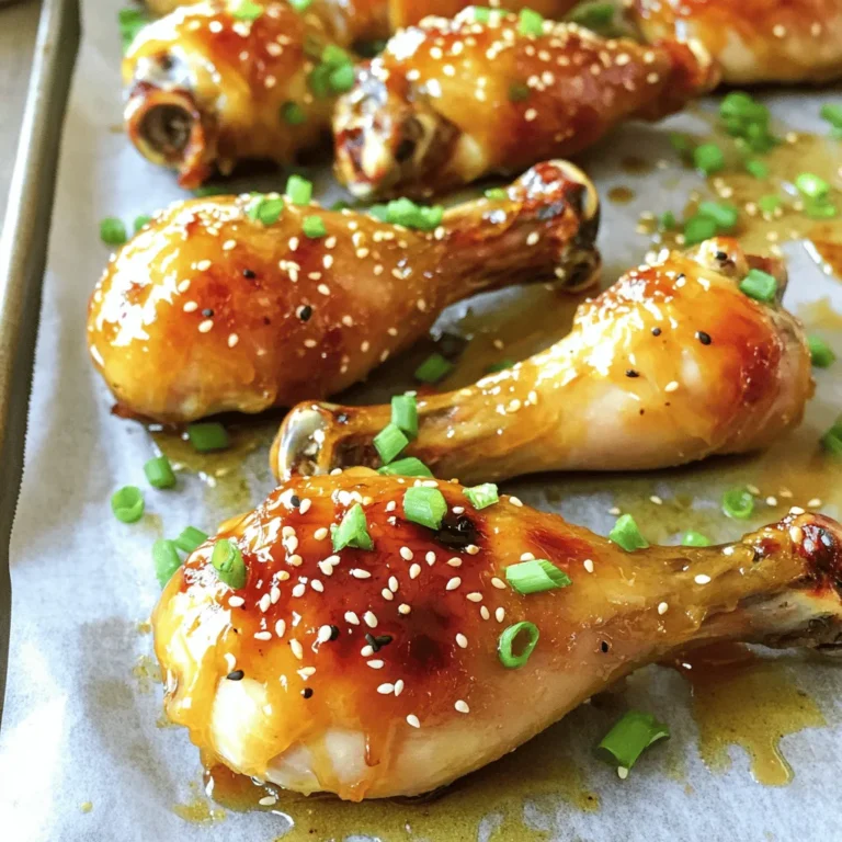 - 8 chicken drumsticks - 1/4 cup low-sodium soy sauce - 1/4 cup honey - 2 tablespoons apple cider vinegar - 2 cloves garlic, finely minced - 1 teaspoon freshly grated ginger - 1 teaspoon sesame oil - 1/2 teaspoon freshly ground black pepper - 1/4 teaspoon red pepper flakes (optional for heat) - Sesame seeds and chopped green onions for garnishing To make honey soy glazed chicken drumsticks, you need fresh chicken drumsticks. They are juicy and tasty, making them perfect for this dish. The marinade gives the chicken a sweet and savory flavor. The marinade uses soy sauce and honey. Soy sauce adds umami, while honey provides sweetness. Apple cider vinegar gives a nice tang. The garlic and ginger add depth to the flavor. Sesame oil adds a nutty touch, and black pepper gives a little heat. If you like spice, add red pepper flakes. For garnishing, use sesame seeds and chopped green onions. They add a nice crunch and fresh flavor. This combination of ingredients makes a dish that is easy and fun to prepare. You can check the [Full Recipe] for more details on how to put everything together. Combining Ingredients Start by grabbing a large mixing bowl. In it, add 1/4 cup of low-sodium soy sauce and 1/4 cup of honey. Next, pour in 2 tablespoons of apple cider vinegar. Toss in 2 cloves of finely minced garlic, 1 teaspoon of freshly grated ginger, and 1 teaspoon of sesame oil. Add 1/2 teaspoon of black pepper and, if you like heat, a pinch of red pepper flakes. Use a whisk to blend everything until smooth. Marinating the Chicken Once your marinade is ready, add 8 chicken drumsticks to the bowl. Make sure each drumstick gets a good coat of the marinade. Cover the bowl with plastic wrap or a lid. Pop it in the fridge for at least 1 hour. For better flavor, let it marinate overnight. Preparing the Oven and Baking Sheet When you are ready to cook, preheat your oven to 400°F (200°C). Line a baking sheet with aluminum foil or parchment paper. This will help with cleanup later. Cooking Time and Temperature After marinating, take the chicken out of the fridge. Place the drumsticks on the baking sheet, making sure they are spaced out. Keep any leftover marinade for later. Bake the drumsticks for 25 minutes. This will help them cook and start to brown nicely. Thickening the Marinade While the chicken bakes, pour the leftover marinade into a small saucepan. Heat it over medium heat until it boils. Lower the heat and let it simmer for about 5-7 minutes. You want it to thicken and look syrupy. Final Baking Steps After 25 minutes, take the drumsticks out of the oven. Brush the thickened marinade over them. Put the drumsticks back in the oven for another 10-15 minutes. They should reach an internal temperature of 165°F (74°C) and have a golden, caramelized skin. Once done, let them rest for a few minutes before serving. This rest time keeps the chicken juicy. Marinating Time Recommendations For the best flavor, marinate your chicken drumsticks for at least 1 hour. If you can, let them soak overnight. This extra time helps the flavors seep deep into the meat. It makes the chicken juicy and tasty. Flavor Enhancements You can add extra flavors to the marinade. Try a splash of orange juice for a citrus twist. Fresh herbs like cilantro or basil also add a nice touch. If you want heat, add more red pepper flakes. Feel free to experiment! Oven vs. Grill You can bake the drumsticks or grill them. Baking is easy and keeps the chicken moist. Grilling gives a smoky flavor and crispy skin. If you grill, keep an eye on the heat to avoid burning. Slow Cooker Option A slow cooker is a great choice for busy days. Simply add the marinated chicken and cook on low for 6-8 hours. This method makes the chicken very tender. You can still thicken the sauce at the end for extra flavor. You can find the full recipe above to get started on this delicious dish! {{image_4}} You can change the taste of honey soy glazed chicken drumsticks by adding spices. If you like heat, add red pepper flakes or chili powder to the marinade. Start with a little. You can always add more if you want it spicier. This kick balances well with the sweet honey. Another fun twist is to infuse citrus. Try adding the juice of fresh oranges or limes. This brightens the dish and adds a fresh zing. You can also use zest for a stronger flavor. Citrus and soy sauce work great together, giving a tangy taste. If you want to switch things up, use chicken thighs instead of drumsticks. Thighs are juicier and more tender. The marinade seeps in well, making them super tasty. Just adjust the cooking time, as thighs may take a bit longer to cook through. For a vegetarian option, consider using tofu or seitan. Both absorb the marinade well, giving them a rich flavor. Cut them into bite-sized pieces and marinate just like the chicken. Bake them in the oven or grill them for a smoky taste. This way, everyone can enjoy the flavor of honey soy glazed goodness. For the full recipe, check out the detailed steps above! After enjoying Honey Soy Glazed Chicken Drumsticks, you may have some leftovers. Store them safely to keep them fresh. - Refrigeration Tips: Place the drumsticks in an airtight container. This helps prevent them from drying out. You can keep them in the fridge for up to four days. Make sure the container is sealed well to avoid any unwanted odors. - Freezing Instructions: If you want to store them longer, freezing is a great option. Wrap each drumstick in plastic wrap or aluminum foil. Then, place them in a freezer-safe bag. They can last up to three months in the freezer. When you’re ready to enjoy them again, just thaw them in the fridge overnight. To enjoy your leftovers, reheating them properly is key. - Best Methods for Reheating: The oven is the best choice for reheating. Preheat it to 375°F (190°C). Place the drumsticks on a baking sheet. Cover them loosely with foil to keep them moist. Heat for about 15-20 minutes, or until they reach 165°F (74°C). You can also use a microwave, but this method may make the skin less crispy. If you choose the microwave, heat them in short bursts. Check the temperature often to avoid overcooking. With these tips, your Honey Soy Glazed Chicken Drumsticks will taste just as good as when they were first made! Can I use bone-in or skinless chicken? Yes, you can use either bone-in or skinless chicken. Bone-in chicken gives more flavor. Skinless chicken is leaner and cooks faster. Just adjust the cooking time as needed. How to tell when chicken is fully cooked? The best way to check is to use a meat thermometer. Chicken should reach an internal temperature of 165°F (74°C). If you do not have a thermometer, cut into the thickest part. The meat should be white, and the juices should run clear. What side dishes pair well with this recipe? Honey soy glazed chicken drumsticks go well with many sides. Here are a few ideas: - Steamed rice or fried rice - Roasted vegetables (like broccoli or carrots) - A fresh green salad - Mashed potatoes or sweet potatoes - Stir-fried noodles These sides balance the sweet and savory flavors of the chicken. Enjoy experimenting! For the full recipe, check out the cooking instructions above. Honey soy glazed chicken drumsticks offer a tasty way to enjoy a classic dish. We covered the key ingredients, from chicken to marinades and garnishes. I provided step-by-step instructions for marinating, baking, and finishing touches to elevate flavors. You also learned tips on cooking methods and storage options for leftovers. Experiment with spices or alternative proteins to keep it exciting. With these tips, you can create a dish that's perfect every time. Enjoy your cooking and make this recipe your own!