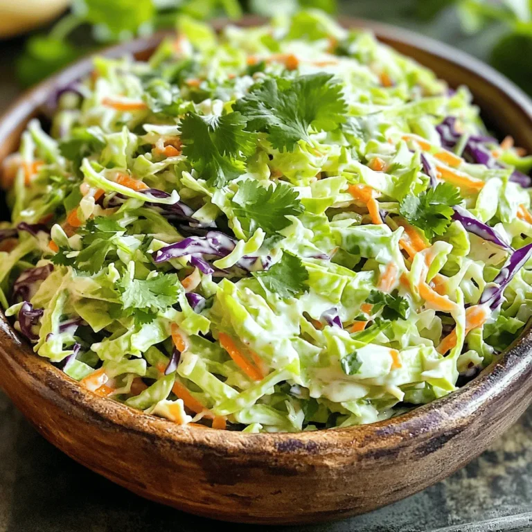 - 4 cups green cabbage, finely sliced - 1 cup purple cabbage, finely sliced - 1 cup shredded carrots - 1/2 cup fresh cilantro, roughly chopped - 1/4 cup mayonnaise - 2 tablespoons freshly squeezed lime juice - 1 tablespoon honey - 1 teaspoon Sriracha sauce - Sea salt and freshly cracked black pepper to taste This coleslaw shines with fresh veggies. I love the crunch of green and purple cabbage. The carrots add a sweet touch. Cilantro brings in a bright, herbal flavor. Together, they create a colorful base. For the dressing, I keep it simple yet tasty. Mayonnaise gives it creaminess. Lime juice adds a nice zing. Honey balances the spice and tang. Sriracha sauce gives it a kick. You can adjust the heat to your liking. Mixing the veggies and dressing is easy. Start by tossing the cabbage and carrots in a bowl. Add the cilantro and fold it in gently. Then, whisk the dressing in a separate bowl. Combine them, and season with salt and pepper. Let it chill in the fridge. This helps all the flavors meld together. For the full recipe, check out the detailed instructions. Enjoy this fresh and zesty dish! First, grab a large mixing bowl. Combine 4 cups of finely sliced green cabbage and 1 cup of finely sliced purple cabbage. This colorful mix adds a nice crunch. Next, add 1 cup of shredded carrots for sweetness. Finally, mix in 1/2 cup of roughly chopped fresh cilantro. The cilantro gives a bright flavor that makes this dish special. In a separate small bowl, whisk together 1/4 cup of mayonnaise, 2 tablespoons of freshly squeezed lime juice, 1 tablespoon of honey, and 1 teaspoon of Sriracha sauce. This mixture should be smooth. Taste the dressing and adjust the Sriracha to match your spice level. You can add more for extra kick or less if you prefer it mild. Now, drizzle the dressing over your vegetable mix. Using tongs, toss everything together. Make sure each piece of cabbage and carrot is coated well. Season with sea salt and freshly cracked black pepper to taste, then toss again. To enhance the flavors, cover the coleslaw and refrigerate for at least 30 minutes. This allows the ingredients to meld together beautifully. When ready to serve, give it a gentle stir and enjoy your Spicy Cilantro Lime Coleslaw! For the full recipe, check out the details above. Fresh, crispy cabbage makes all the difference. Choose cabbages that feel firm and look vibrant. This adds a satisfying crunch. Also, let your coleslaw chill before serving. Cooling it helps the flavors mix and enhances the taste. Want more heat? You can change how much Sriracha you use. Start with a teaspoon, then add more if you like it spicier. You can also try other spicy ingredients. Jalapeños or red pepper flakes work great too. They give your coleslaw a unique kick. Serve your coleslaw in a bright bowl to make it pop. A clear glass bowl shows off the colorful veggies. For a final touch, garnish with extra cilantro leaves. This adds a fresh look and extra flavor. {{image_4}} You can change the cabbage type for fun. Try red cabbage or savoy cabbage. Both add unique colors and textures. You can also swap out the mayo for yogurt. This makes the coleslaw lighter and tangy. Want to add crunch? Toss in crushed peanuts or almonds. They give a nutty twist. Fresh herbs can also boost flavor. Mint or parsley adds a fresh note to the dish. If you are vegan, use a plant-based mayo. This keeps the dish creamy without eggs. For gluten-free needs, check the mayo label. Most are gluten-free, but always verify. Enjoy this zesty dish while meeting your dietary needs! To keep your spicy cilantro lime coleslaw fresh, use an airtight container. This prevents air from making the coleslaw soggy. Store it in the fridge right after making it. It will last for about 3 to 5 days. Each day, check for any signs of wilt or spoilage. If you see any, it's best to toss it. Can you freeze coleslaw? Yes, but it may change in texture. Freezing can make the cabbage soft. If you choose to freeze it, put it in a freezer-safe bag or container. Make sure to remove as much air as possible. To thaw, place it in the fridge overnight. This way, it will keep some of its crispness. But remember, the texture may not be the same as fresh coleslaw. Enjoy your zesty dish fresh when you can! For the full recipe, check the link above. You can pair this coleslaw with many dishes. It goes great with grilled meats like chicken, pork, or fish. The coolness of the slaw balances spicy or smoky flavors. You can also serve it with tacos or BBQ sandwiches for a fun twist. Homemade coleslaw stays fresh for about 3 days in the fridge. After that, the veggies can get soggy. Always store it in an airtight container to keep it crisp. Check for any signs of spoilage before serving. Yes, you can prep this coleslaw a day ahead. Just mix the veggies and make the dressing separately. Combine them right before serving to keep the crunch. This way, the flavors meld well without losing texture. This slaw has a bright and zesty flavor. The lime juice adds tang, while the cilantro gives it a fresh herb taste. Sriracha brings the heat. The mix of crunchy cabbage and sweet carrots adds great texture. For a detailed recipe, check out the [Full Recipe]. You now know how to make Spicy Cilantro Lime Coleslaw from scratch. We combined fresh veggies, a delicious dressing, and some useful tips. Remember, you can adjust the spice to make it your own. Enjoy this coleslaw at your next gathering, pairing it with grilled meats or other sides. With variations and storage tips, this dish can fit any occasion. I hope you feel inspired to try it and share the joy of this tasty recipe!