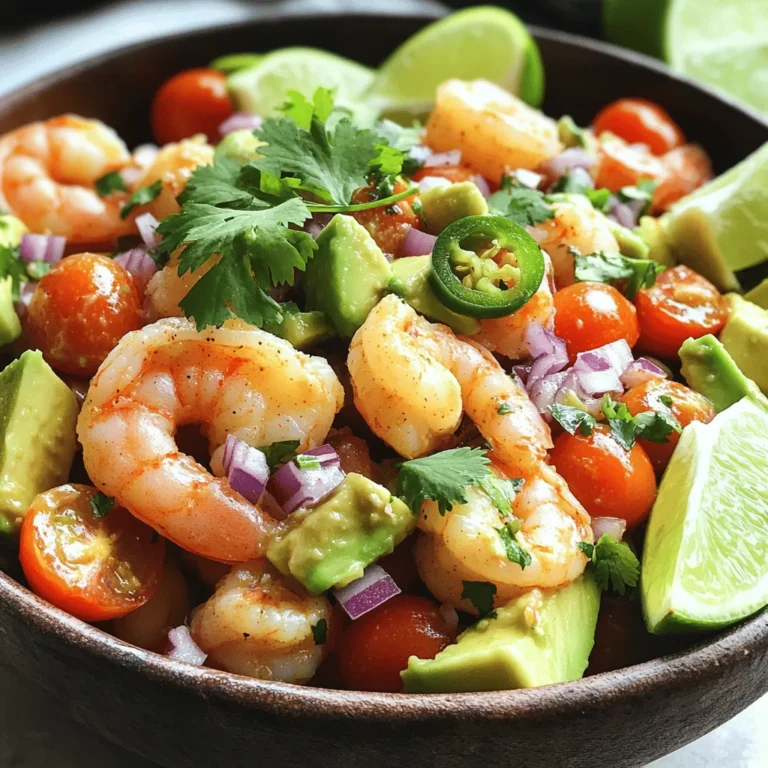 - 1 pound shrimp, peeled and deveined - 2 ripe avocados, diced into cubes - 1 cup cherry tomatoes, halved - 1 small red onion, finely chopped - 1 jalapeño, finely diced (seeds removed for reduced heat) - 2 tablespoons fresh cilantro, finely chopped - 3 tablespoons freshly squeezed lime juice - 2 tablespoons extra virgin olive oil - Salt and freshly ground black pepper to taste The main ingredients in this salad give it a fresh and vibrant taste. The shrimp adds protein, while the avocados bring creaminess. The tomatoes and onions add a nice crunch. The lime juice and olive oil create a bright dressing that ties everything together. - 1 teaspoon garlic powder or minced garlic - 1 tablespoon honey for sweetness - 1 tablespoon sesame seeds for crunch - ½ teaspoon cumin for a warm touch Adding these optional ingredients can elevate your salad. Garlic adds depth, while honey introduces a sweet contrast to the lime. Sesame seeds provide a nutty crunch, and cumin gives a subtle warmth. - Calories: 320 - Protein: 25g - Fat: 20g - Carbohydrates: 14g - Fiber: 8g - Sugar: 2g This salad packs a healthy punch. With good fats from the avocados and protein from the shrimp, it makes a great meal. The fiber from vegetables helps keep you full. It's perfect for lunch or dinner and fits well in many diets. For the full recipe, check out the details above. To start, I heat a splash of olive oil in a large skillet over medium heat. When the oil shimmers, I add the shrimp in a single layer. I season the shrimp with salt and pepper. I sauté them for about 3-4 minutes. The shrimp turn pink and opaque when done. This means they are fully cooked. After cooking, I remove the skillet from the heat. I place the shrimp on a plate to cool slightly. Next, I grab a large mixing bowl. I add the diced avocados, halved cherry tomatoes, finely chopped red onion, diced jalapeño, and chopped cilantro. I stir gently to mix everything. I’m careful not to mash the avocados. This keeps the texture fresh and bright. In a small bowl, I whisk together freshly squeezed lime juice and extra virgin olive oil. I mix until the dressing is smooth and slightly thickened. This dressing brings all the flavors together. I then pour it over the salad mixture. For the full recipe, check out Shrimp Avocado Delight. To get shrimp just right, focus on cooking time. Shrimp cook fast. Too long makes them tough. Sauté shrimp for only 3-4 minutes. They should turn pink. If they curl too much, they are overcooked. Always use fresh shrimp for the best taste. Frozen shrimp can work, but thaw them first. Pat them dry to avoid extra water in your salad. Avocados add creaminess to your salad. Choose ripe avocados that yield slightly when pressed. Cut them just before mixing to keep them fresh. Toss the avocado gently to avoid mashing. Lime juice also helps keep them bright green. If you have leftover avocado, store it with onion to slow browning. To make your salad pop, consider adding spices. A pinch of smoked paprika adds warmth. A dash of cumin gives depth. Fresh herbs like dill or basil can also boost flavor. Don’t forget the lime juice! It brightens the dish and adds zing. For more heat, keep the seeds in your jalapeño. Each of these tips can elevate your shrimp avocado salad to a new level. For the full recipe, check out the details above. {{image_4}} To add heat, use more jalapeño or add sliced serrano peppers. You can also mix in a pinch of cayenne pepper. This version gives your salad a kick that wakes up your taste buds. If you like hot sauces, drizzle some on top before serving. The spice pairs well with the creamy avocado and sweet shrimp. Mango adds a sweet twist. Dice one ripe mango and mix it with the salad. The fruity notes balance the shrimp's savory taste. This version is perfect for summer picnics. The colors also make the dish pop. Serve this salad chilled for a refreshing treat. For a low-carb option, skip the tomatoes. Instead, add more diced cucumbers. They give crunch without the carbs. You can also swap avocado for a creamy dressing made with Greek yogurt. This keeps the salad light while still satisfying. Enjoy it as a healthy meal or a side dish. For the original Shrimp Avocado Salad recipe, check out the [Full Recipe]. To keep your shrimp avocado salad fresh, store it in an airtight container. Place it in the fridge right after serving. This helps avoid spoilage. The salad will stay good for up to two days. However, the avocados may brown a bit. To slow this down, squeeze extra lime juice over the avocados before storing. Freezing this salad is not a good idea. The shrimp and avocado do not freeze well. When thawed, the texture changes. The avocado becomes mushy, and the shrimp can turn rubbery. Instead, enjoy the salad fresh. If you want to save ingredients, consider freezing just the shrimp. You can cook them later for another meal. Reheating shrimp avocado salad is not necessary, but if you prefer warm shrimp, do it carefully. Place the shrimp in a skillet over low heat. Stir often until warmed through. Avoid cooking too long, or the shrimp will become tough. After reheating, mix with the salad ingredients. Serve right away for the best taste. Yes, you can use frozen shrimp. Just make sure to thaw them first. Place the shrimp in a bowl of cold water for about 15-20 minutes. This will help them thaw quickly. After thawing, pat them dry before cooking. This will give you the best flavor and texture. You can serve the salad as a light lunch or dinner. It pairs well with tortilla chips or crusty bread. You might also enjoy it on a bed of greens for added crunch. For a festive touch, add lime wedges and extra cilantro on top. This makes it look fresh and inviting. You can store the salad in the fridge for about 1-2 days. However, the avocado may brown over time. To keep it fresh, cover the bowl tightly with plastic wrap. This helps to slow down the browning process. For the best taste, eat it sooner rather than later. Shrimp avocado salad is a fresh choice that’s easy to make. You learned about the key ingredients, how to cook shrimp, and mix in flavors. Our tips help you achieve perfect shrimp texture and avocado ripeness. You can try variations, like adding mango or spice. Remember to store leftovers properly for future meals. Enjoy your delicious salad! It’s simple, healthy, and packed with flavor. Dive into this dish and make it your own!