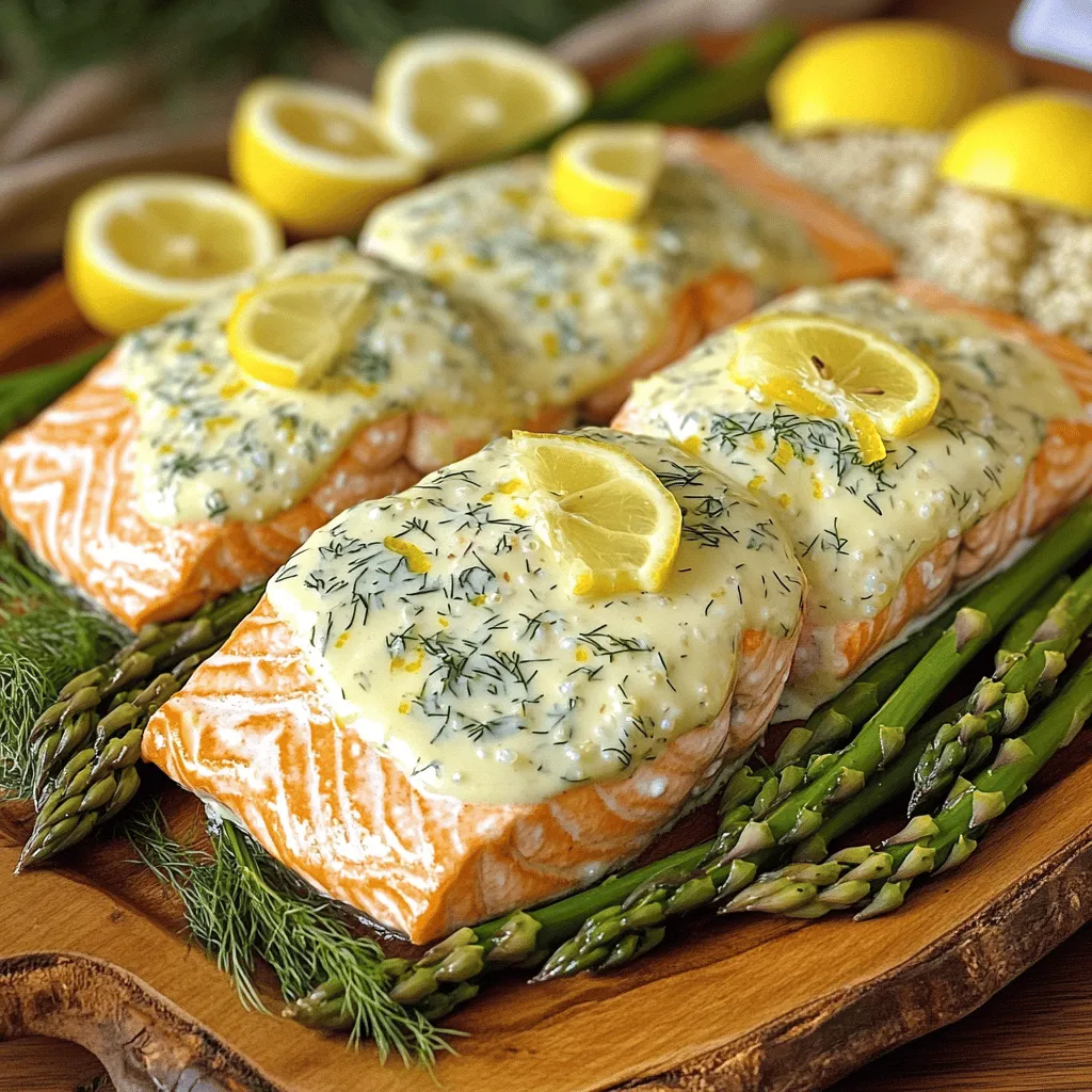 - 4 salmon fillets (6 oz each) - 1 cup heavy cream - 2 tablespoons fresh dill (or 1 tbsp dried) - Zest and juice of 1 large lemon - 2 tablespoons extra virgin olive oil - Sea salt and freshly ground black pepper - 2 cloves garlic (minced) - ½ teaspoon onion powder - ½ teaspoon smoked paprika - Fresh dill for garnish - Lemon slices for presentation When I cook creamy lemon dill salmon, I love how easy it is to gather the ingredients. You get fresh salmon fillets, heavy cream, and bright lemon. The dill adds a nice touch of flavor. These ingredients come together to create a dish that feels fancy but is simple to make. For seasoning, olive oil, salt, and pepper are key. I like to add minced garlic for that extra depth. Onion powder and smoked paprika give it a warm taste. All the flavors play well together, making the dish truly memorable. When serving, I always add fresh dill on top for a pop of color. Lemon slices not only look beautiful but also add a zesty touch. This dish is perfect for impressing guests or enjoying a cozy night at home. Check out the Full Recipe to create this delightful meal! - Preheat oven to 400°F (200°C) - Line baking sheet with parchment paper Start by preheating your oven to 400°F. This heat will help cook the salmon evenly. Lining your baking sheet with parchment paper makes cleanup easy and keeps the salmon from sticking. - Pat salmon fillets dry - Drizzle with olive oil and season with salt and pepper Next, take your salmon fillets and use paper towels to pat them dry. This helps the seasoning stick better. Drizzle some olive oil over both sides. Then, sprinkle salt and pepper to taste. Place the fillets skin-side down on the baking sheet. - Combine cream, garlic, lemon zest and juice, dill, onion powder, and smoked paprika in a saucepan - Heat mixture over medium until simmering In a medium saucepan, mix the heavy cream, minced garlic, lemon zest, lemon juice, chopped dill, onion powder, and smoked paprika. Heat this mixture over medium heat. Stir it occasionally until it starts to simmer. This will take about 5-7 minutes. The sauce should smell great and have a thicker texture. - Pour sauce over the fillets - Bake for 12-15 minutes until fully cooked Once your sauce is ready, pour it over the salmon fillets. Make sure each piece is well coated. Place the baking sheet in the oven. Bake for 12 to 15 minutes. The salmon should be fully cooked and flake easily with a fork. You’ll see the sauce bubbling around the edges, which is a good sign. For the full recipe, check out Creamy Lemon Dill Salmon Delight. To check if your salmon is done, use a fork. Gently press down on the fish. If it flakes easily, it is ready to eat. The internal temperature should reach 145°F (63°C). A meat thermometer can help you check this. Using fresh ingredients makes a big difference in taste. Fresh dill and lemon zest brighten the dish. Always let the salmon rest for a few minutes after cooking. This step allows the flavors to blend nicely. Serve your creamy lemon dill salmon with steamed asparagus and fluffy quinoa. These sides add color and nutrition. For a lovely touch, garnish with fresh lemon slices and extra dill. This makes the dish look beautiful and inviting. For the full recipe, check out the delicious details above! {{image_4}} You can switch up the herbs in this dish. Try using parsley or tarragon instead of dill. Both add a fresh taste. You can also change the citrus. Instead of lemon, use lime or orange for a new twist. The flavors will still be bright and zesty. You don’t have to bake the salmon. You can grill or pan-sear it instead. Both methods will give you a nice, crispy skin. If you want a crunchy topping, add a crust of panko breadcrumbs. This adds a fun texture and makes the dish more exciting. Feel free to play with the sauce. Adding a touch of white wine can enhance the flavor. It adds a subtle depth that you will love. You can also include capers for a briny twist. This small change can make a big difference in taste. For the full recipe, check out the Creamy Lemon Dill Salmon Delight. Enjoy the cooking! Store any leftover creamy lemon dill salmon in an airtight container. This keeps it fresh. You should eat it within 2-3 days. The flavors stay best when you eat it soon. You can freeze cooked salmon if you want to save it for later. Wrap it tightly in plastic wrap and then place it in a freezer bag. This helps prevent freezer burn. The ideal storage time is up to 3 months. When you’re ready to eat it, thaw it in the fridge overnight before reheating. To reheat, use your oven or microwave. For the oven, set it to 350°F (175°C) and cover the salmon with foil to keep it moist. In the microwave, add a splash of water or broth to keep it from drying out. Heat it in short bursts, checking until it’s warm. Enjoy the creamy sauce and flavors just like when it was fresh! Yes, but ensure it's fully thawed before cooking. Thaw it overnight in the fridge. This keeps the salmon safe to eat and helps it cook evenly. I love serving this dish with steamed vegetables like asparagus or broccoli. Brown rice or quinoa also works great. A fresh salad with lemon vinaigrette adds a nice touch. You can use coconut cream or any dairy-free substitute. Almond milk or cashew cream are good options. This keeps the creaminess without the dairy. Check for flaky texture and use a thermometer for accuracy. The inside should reach 145°F (63°C). If it flakes easily with a fork, it’s done. Yes, you can prepare the sauce ahead of time. Just store it in the fridge. Cook the salmon just before serving for the best taste. This recipe for creamy lemon dill salmon offers simple steps and tasty results. You learned how to prepare the salmon, create a rich sauce, and bake it perfectly. Tips on flavor enhancements and presentation can elevate your dish. Remember, you can customize with different herbs or cooking methods. With proper storage, your leftovers will remain delicious. Enjoy your cooking adventure, and don't hesitate to get creative in the kitchen.