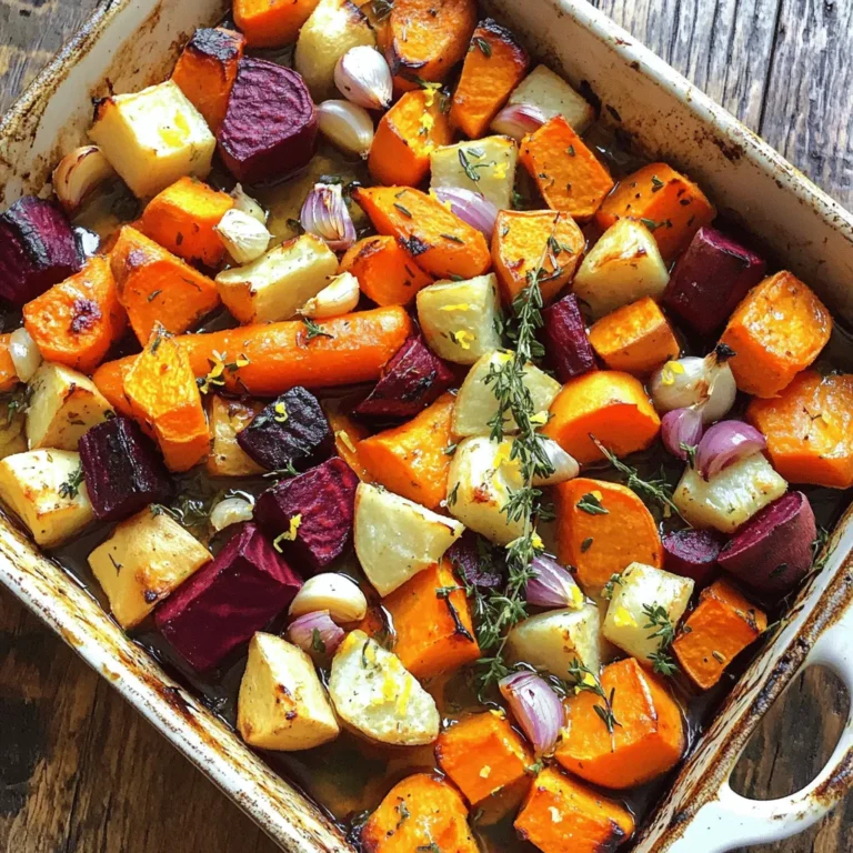 - 2 large carrots, peeled and cut into 1-inch chunks - 2 parsnips, peeled and cut into 1-inch chunks - 1 large sweet potato, peeled and diced into 1-inch cubes - 1 medium beetroot, peeled and cut into 1-inch cubes - 1 red onion, cut into wedges - 4 whole garlic cloves, unpeeled When choosing root vegetables, I like to pick fresh and firm ones. Each vegetable adds its own flavor. Carrots bring sweetness, while parsnips add a nutty taste. Sweet potatoes offer creaminess. Beetroot gives a deep color and earthy flavor. Red onion adds sweet notes, and garlic builds aroma. - 1 tablespoon fresh thyme leaves (or 1 teaspoon dried thyme) - 1 tablespoon fresh rosemary, finely chopped - Sea salt and freshly ground black pepper to taste - Zest of 1 lemon Herbs bring life to the dish. Fresh thyme and rosemary work well together. They add a savory touch. Sea salt enhances all the flavors, while black pepper gives a mild heat. Lemon zest adds brightness and freshness. This mix makes every bite exciting. - 3 tablespoons extra virgin olive oil Extra virgin olive oil is perfect for roasting. It helps the vegetables brown nicely. Olive oil also carries flavors from herbs well. It adds richness to the dish, making it even more delicious. You can find the complete recipe for Herb Roasted Root Vegetables [Full Recipe]. Prepping the Vegetables Start by washing and peeling the root vegetables. Cut the carrots, parsnips, sweet potato, and beetroot into 1-inch chunks. This size helps them cook evenly. Next, cut the red onion into wedges. Finally, keep the garlic cloves unpeeled for a nice flavor. Mixing Ingredients In a large mixing bowl, combine all the chopped vegetables. Drizzle the extra virgin olive oil over them. Add fresh thyme, rosemary, sea salt, and black pepper. Use your hands to toss everything together. Make sure each piece is coated well with oil and herbs. Oven Temperature and Duration Preheat your oven to 425°F (220°C). This high heat helps the vegetables caramelize and become tender. Once ready, spread the seasoned vegetables on a large baking sheet in a single layer. Tossing Instructions Roast the vegetables for 25 to 30 minutes. Halfway through, take them out and gently toss them. This step ensures all sides brown nicely. You want them golden and soft. Adding Lemon Zest When the vegetables are done, remove the baking sheet from the oven. Right away, sprinkle the lemon zest over the warm veggies. This adds a bright, fresh flavor that makes the dish pop. Serving Suggestions Serve the roasted root vegetables hot. They make a great side dish. You can also use them as a topping for salads. A colorful platter will make your meal look even more inviting. For the full recipe, refer to the earlier section. To know when the vegetables are done, look for a golden-brown color. They should feel soft when pierced with a fork. Cooking time varies but usually takes 25-30 minutes at 425°F. Check them halfway through and toss to ensure even cooking. Spacing on the Baking Sheet Place the vegetables in a single layer on the baking sheet. Give them space to breathe. If they are too close, they will steam instead of roast. This makes a big difference in texture. Tossing Techniques When you toss the vegetables, be gentle. Use a spatula or tongs to flip them. This helps them brown evenly without breaking apart. Toss them halfway through cooking for best results. For plating, use a large platter. Arrange the roasted vegetables in a colorful way. Drizzle any leftover olive oil from the baking sheet on top. This adds shine and flavor. Garnish with fresh herbs for a pretty finish. You can serve them hot or at room temperature. They look great on any table! For the full recipe, check out the details above. {{image_4}} You can switch up the root vegetables in this dish. Turnips add a nice bite. Their flavor is slightly peppery, which can give your dish a new twist. Potatoes are another great choice. They roast up soft and creamy. Just chop them into similar-sized pieces for even cooking. Herbs can really change the flavor profile. Oregano offers a warm, earthy taste. It pairs well with the sweetness of root veggies. Sage brings a cozy, woodsy flavor. You can mix and match these herbs based on what you like. Feel free to experiment! This dish is already vegan and gluten-free, but you can enhance the flavor. Adding a splash of balsamic vinegar before roasting can deepen the taste. You can also sprinkle nutritional yeast on top for a cheesy flavor without the dairy. These tips will add extra layers of flavor to your meal. For the full recipe, check out the details above. - Use airtight containers to keep your veggies fresh. - Glass or plastic containers work well. - Let the vegetables cool before sealing. - Store in the fridge for up to 4 days. - For best results, reheat in the oven. - Preheat the oven to 350°F (175°C). - Place the vegetables on a baking sheet. - Heat for about 10-15 minutes until warm. - You can use the microwave if you're short on time. - Heat in 30-second intervals until hot. - You can freeze herb roasted root vegetables. - Allow them to cool completely. - Place in freezer-safe bags or containers. - Remove as much air as possible to prevent freezer burn. - They will last up to 3 months in the freezer. - Thaw in the fridge overnight before reheating. This method keeps the flavor and nutrition intact. Enjoy your herb roasted root vegetables later! For the full recipe, check out the [Full Recipe]. Yes, you can use frozen vegetables. However, they may not roast as well as fresh ones. Frozen vegetables often contain more water. This water can make them soft and mushy when cooked. Cooking time may also change. Check them often, as they may cook faster. These vegetables pair well with many dishes. Try serving them with grilled chicken or fish. They also go great with a hearty grain, like quinoa or farro. For a full meal, add a fresh salad. This adds crunch and brightness alongside the warm veggies. To enhance the flavor, add more herbs. Consider using oregano or sage for a new twist. You can also sprinkle chili flakes for heat. If you like sweetness, drizzle honey or maple syrup on top. This creates a nice balance with the savory herbs. Yes, different root vegetables have various cooking needs. Carrots and parsnips roast well in about 25-30 minutes. Sweet potatoes may take a bit longer, around 30-35 minutes. Beets can take the longest, often 35-40 minutes. Always check for tenderness with a fork. This ensures they are cooked just right. For a full recipe, check the Herb Roasted Root Vegetables. Root vegetables like carrots and sweet potatoes make tasty meals. We explored ingredients, steps to cook, and how to store leftovers. Remember to use fresh herbs for better flavor and try mixing different vegetables. Follow the tips for even roasting, and get creative with plating ideas. These dishes are easy to adapt for vegan diets too. Whether you serve them as a side or a main, these vegetables can brighten your meals. Enjoy your cooking adventures with these simple ideas!