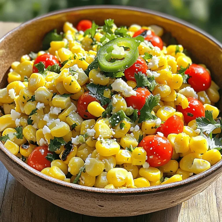 Fresh corn and vegetables are the heart of this salad. You will need: - 4 ears of fresh corn, husked - 1 medium red bell pepper, diced - 1 jalapeño, finely chopped (seeds removed for milder flavor) - 1/2 cup red onion, finely chopped - 1/2 cup cherry tomatoes, halved - 1/4 cup fresh cilantro, chopped These components bring bright colors and fresh flavors. Each bite is a burst of summer. The sweet corn pairs well with the crisp bell pepper. The jalapeño adds just the right kick, while the tomatoes keep things juicy. Next, let's talk about the dressing components, which tie everything together. You will need: - Juice of 2 fresh limes - 3 tablespoons extra virgin olive oil - 1 teaspoon chili powder - Salt and freshly ground black pepper, to taste - Crumbled feta cheese (optional, for garnish) The lime juice gives a tart zing. Olive oil adds richness, while chili powder brings warmth. Salt and pepper enhance all the flavors. If you like, sprinkle some feta cheese on top for a creamy finish. For the full recipe, check out the details above. This salad is perfect for picnics or a light meal at home. - Preheat the grill to medium-high heat. - Place the husked corn directly on the grill. - Grill the corn for 10-12 minutes, turning occasionally. Grilling corn adds a smoky flavor that shines in this salad. When the corn is ready, you’ll see beautiful char marks. The corn kernels will be tender and juicy. - Allow the corn to cool for a few minutes. - Slice the kernels off the cobs using a sharp knife. - Add the grilled corn to a large mixing bowl with the vegetables. Mixing the grilled corn with fresh veggies enhances the salad. You’ll add diced red bell pepper, chopped jalapeño, red onion, halved cherry tomatoes, and chopped cilantro. Each bite will be a burst of flavor. - In a small bowl, whisk lime juice, olive oil, chili powder, salt, and pepper. - Drizzle the dressing over the salad and toss to combine. The lime dressing brings everything together. It adds brightness that complements the grilled corn. Taste the salad and adjust the seasoning if needed. You can add more lime or salt for extra zing. For a creamy touch, sprinkle crumbled feta cheese on top. For the full recipe, be sure to check out the [Full Recipe]. Enjoy your fresh and zesty Chili Lime Grilled Corn Salad! - Use fresh corn for the best flavor. Fresh corn gives a sweet and juicy taste. - Turn corn frequently for even charring. This helps cook it evenly and adds great grill marks. - Experiment with other spices or herbs. Consider using smoked paprika for a deeper flavor. - Try adding lime zest for extra citrus flavor. This will boost the freshness of the salad. - Serve chilled or at room temperature. This makes it a perfect dish for summer gatherings. - Garnish with whole cilantro leaves and lime wedges. This adds a lovely pop of color and extra zest. For the complete recipe, check out the [Full Recipe]. {{image_4}} You can boost your salad with protein. For a tasty twist, add grilled chicken or shrimp. These additions make the dish heartier and more filling. If you prefer a vegetarian option, black beans work great. They add protein and fiber without meat. You can mix and match based on your taste. Get creative with your veggies! You can add or substitute avocado for a creamy texture. Avocado pairs well with the lime and chili flavors. You can also use bell peppers in different colors. A mix of red, yellow, and green adds beauty and crunch to your salad. Each color brings its own flavor and nutrients. The dressing can change the whole taste. You might try a cilantro-lime vinaigrette for a fresh take. It adds a zesty kick that brightens the salad. If you want a creamier option, Greek yogurt is a great choice. It gives a rich texture and tangy flavor. Don't hesitate to experiment to find your favorite! For the full recipe, check out the earlier sections. To keep your salad fresh, store it in an airtight container in the fridge. This will lock in the flavors and keep it tasty. You should eat it within 2-3 days for the best taste. You can serve this salad cold or at room temperature. It's best not to reheat it, as it may change the texture. Before serving leftovers, mix it well to combine all flavors again. If you're not serving the salad right away, store each part separately. This way, nothing gets soggy. Make sure to keep the dressing in a different container until you're ready to eat. This keeps everything fresh and crunchy! Yes, it's best if made a few hours before to let flavors meld. The longer it sits, the better the taste. You will enjoy a richer flavor profile. Store it in the fridge until you're ready to serve. Yes, thaw and grill or sauté for best results. Frozen corn can be a great time-saver. Just make sure to remove excess moisture before cooking. This ensures it grills up nicely, adding that delicious charred flavor. Absolutely, it keeps well and is refreshing when served cold. This salad lasts a few days in the fridge. Pack it in individual containers for quick lunches or snacks. Just remember to keep the dressing separate until serving. This blog post covered how to make a fresh corn salad. You learned about the key ingredients, like juicy corn and vibrant veggies. We also discussed how to prepare the corn, mix in vegetables, and whip up a simple dressing. I shared tips to enhance flavors and suggested fun variations, like adding proteins or trying different dressings. By following these steps, you’ll create a refreshing dish perfect for any meal. Enjoy making this salad and feel free to get creative!