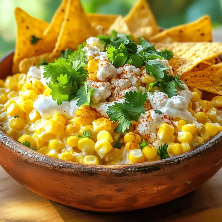For this dip, you need some key ingredients that bring the flavor. Here’s what you’ll need: - 2 cups corn kernels (fresh off the cob or thawed frozen) - 1 cup cream cheese, softened to room temperature - 1/2 cup sour cream - 1/2 cup mayonnaise - 1/2 cup crumbled queso fresco (plus extra for garnish) - 1/2 teaspoon chili powder - 1/2 teaspoon smoked paprika - 1 clove garlic, finely minced - Juice of 1 lime (about 2 tablespoons) - 1/4 cup fresh cilantro, finely chopped (plus extra for garnish) - Salt and pepper, to taste - Tortilla chips, for serving These ingredients create a creamy and zesty dip that tastes amazing! You can add extra ingredients if you want to mix it up. Here are some ideas: - Jalapeños for heat - Avocado for creaminess - Green onions for a fresh crunch These optional ingredients can give your dip a unique twist! Garnishing makes the dip look great and adds more flavor. Try these: - Extra crumbled queso fresco - Chopped cilantro - Lime wedges for zest These simple garnishes will make your Mexican street corn dip even more appealing. For the full recipe, don’t forget to check out the other sections! First, get your corn ready. If you have fresh corn, heat your grill to medium. Grill the corn for 8 to 10 minutes until it is slightly charred. Turn the corn often to cook it evenly. Once it cools, cut the kernels off the cob. If you use frozen corn, just put it in a bowl to thaw. This makes it easy to mix into the dip. Now, let’s make the dip base. In a big bowl, add the softened cream cheese, sour cream, and mayonnaise. Use a hand mixer or spatula to mix these together. Blend until you have a smooth and creamy mix. This will be the heart of your dip. Next, it’s time to add the fun stuff! Gently fold in the corn kernels, crumbled queso fresco, chili powder, smoked paprika, minced garlic, lime juice, and chopped cilantro. Stir well to mix everything evenly. Each bite should be full of flavor! Taste your dip now. Add salt and pepper as needed. If you want more zing, squeeze in extra lime juice or add more spices. This step is key to make sure your dip shines. Transfer your dip to a nice bowl. For a pretty touch, sprinkle more crumbled queso fresco and cilantro on top. It makes the dip look inviting! Serve it with crispy tortilla chips for the best dipping experience. Enjoy every bite! You can prepare this dip ahead of time. Mix all the ingredients and chill it. Letting it sit for a few hours helps the flavors blend well. If you make it the night before, it will taste even better. Just cover it tightly and store it in the fridge. To make this dip, you will need a few basic tools: - A large mixing bowl - A hand mixer or spatula - A grill or stovetop for the corn - A knife for cutting the corn - A measuring cup and spoons - A serving bowl for presentation These tools help you create the dip quickly and easily. You can boost the dip's flavor in simple ways. Add more spices like cayenne pepper for heat. Fresh lime juice brightens the taste. Chopped green onions can add a nice crunch. If you want a smoky flavor, try using smoked cheese. Each addition can change the dip's taste and make it unique. Enjoy experimenting! For the full recipe, refer back to the earlier section. {{image_4}} You can make Mexican street corn dip even better with cheese. Try mixing in cheddar or pepper jack. These cheeses add a nice sharpness and creaminess. You can also use a blend of cheeses for a richer flavor. Just remember to adjust the amounts to suit your taste. Cheese makes everything more delicious! If you love heat, jalapeños are your best friend. Chop fresh jalapeños and mix them into the dip. You can add them to taste, so start small. If you want more spice, add more! For a smoky kick, try using pickled jalapeños. They add a nice tang along with the heat. This spicy twist will make your dip stand out at parties. Want to make this dip vegan? Swap out cream cheese and sour cream for vegan versions. Use cashew cream or tofu for the creamy base. You can find plant-based mayo at most stores, too. For cheese, try using nutritional yeast or vegan cheese. These swaps help keep the dip rich and tasty while being plant-based. Enjoy this hearty vegan option with your favorite chips! To keep your Mexican street corn dip fresh, store it in an airtight container. Make sure to cover the dip tightly to prevent air exposure. This helps maintain its creamy texture and flavor. It will stay good for about three days in the fridge. Label the container with the date to track freshness easily. You can freeze the dip for later enjoyment. Use a freezer-safe container or a zip-top bag. Leave some space for expansion as the dip freezes. It is best to consume frozen dip within three months. Before serving, let it thaw in the fridge overnight for best results. Reheating this dip is simple. Place it in a microwave-safe bowl and heat it gently. Stir every 30 seconds to ensure even heating. You may need to add a splash of cream or sour cream to restore its creaminess. Serve warm with tortilla chips for a delightful snack. For the full recipe, check out the detailed instructions above. Mexican Street Corn Dip is a creamy and flavorful dish inspired by elote, the famous Mexican street food. It combines sweet corn, creamy cheeses, and spices to create a rich dip. You can serve it warm or cold. This dip is perfect for parties or casual snacks. You can enjoy it with crispy tortilla chips or fresh veggies. Yes, you can use frozen corn! It works well and saves time. Just thaw the corn before mixing it into the dip. The taste will still be delicious. You won’t miss the fresh corn at all. Mexican Street Corn Dip lasts about 3 to 5 days in the fridge. Make sure to store it in an airtight container. This keeps it fresh and tasty. Just remember to give it a good stir before serving again. Yes, you can make a low-calorie version! Use low-fat cream cheese and Greek yogurt instead of sour cream and mayonnaise. You can also cut back on cheese. This way, you enjoy the flavors while saving some calories. You can serve it with tortilla chips, fresh veggies, or pita chips. It also pairs well with grilled meats or tacos. For a fun twist, try serving it in a baked tortilla bowl. This dip is versatile and fits well with many dishes. For the full recipe, check out the details above! This blog post covered how to make a delicious Mexican Street Corn Dip. We explored key ingredients and optional flavors to boost taste. I shared step-by-step instructions for preparing the dip and tips for storage and reheating. You can try variations with different cheeses or spice levels. This dip works for any gathering. Enjoy it with friends and family for a tasty treat. I hope you have fun making it!