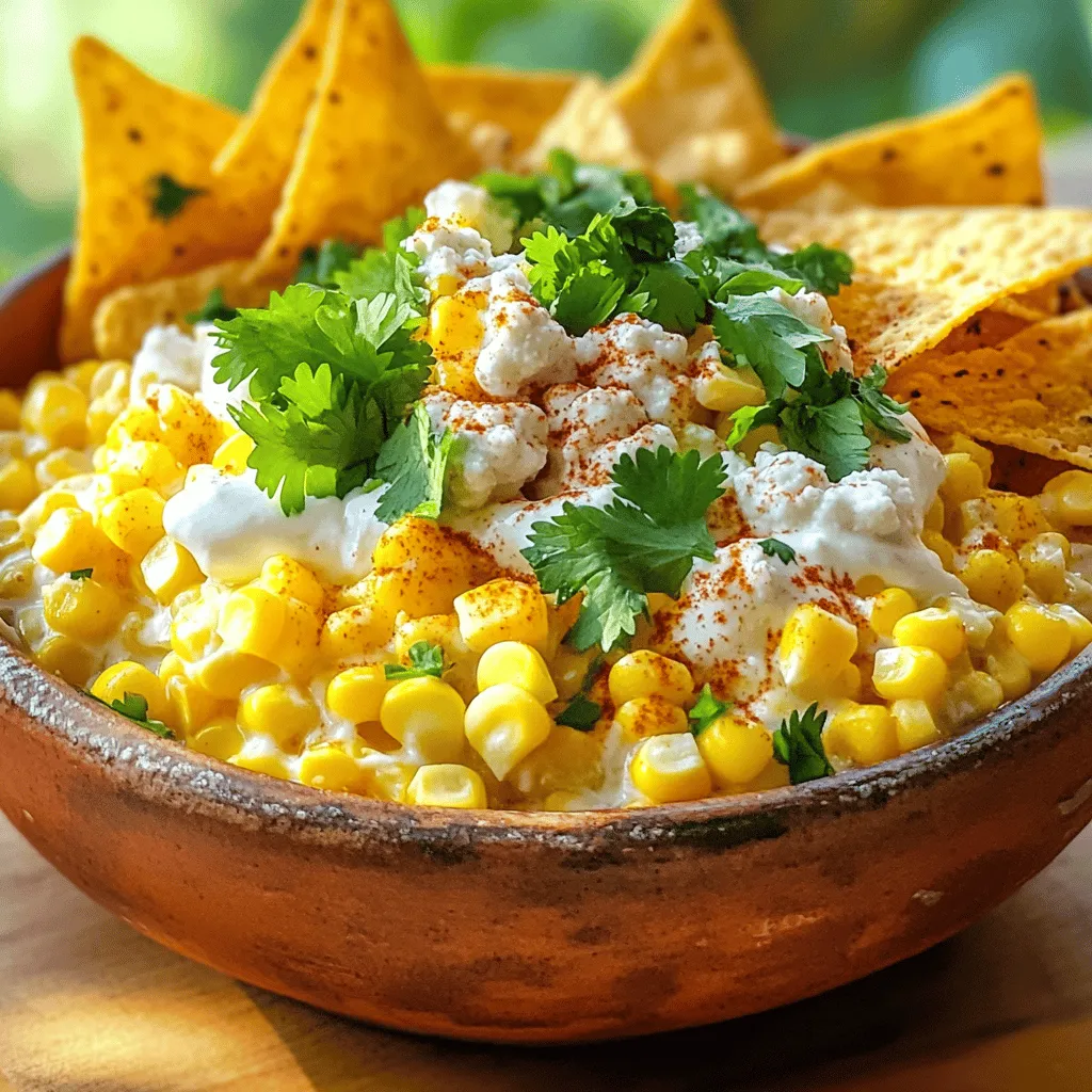 For this dip, you need some key ingredients that bring the flavor. Here’s what you’ll need: - 2 cups corn kernels (fresh off the cob or thawed frozen) - 1 cup cream cheese, softened to room temperature - 1/2 cup sour cream - 1/2 cup mayonnaise - 1/2 cup crumbled queso fresco (plus extra for garnish) - 1/2 teaspoon chili powder - 1/2 teaspoon smoked paprika - 1 clove garlic, finely minced - Juice of 1 lime (about 2 tablespoons) - 1/4 cup fresh cilantro, finely chopped (plus extra for garnish) - Salt and pepper, to taste - Tortilla chips, for serving These ingredients create a creamy and zesty dip that tastes amazing! You can add extra ingredients if you want to mix it up. Here are some ideas: - Jalapeños for heat - Avocado for creaminess - Green onions for a fresh crunch These optional ingredients can give your dip a unique twist! Garnishing makes the dip look great and adds more flavor. Try these: - Extra crumbled queso fresco - Chopped cilantro - Lime wedges for zest These simple garnishes will make your Mexican street corn dip even more appealing. For the full recipe, don’t forget to check out the other sections! First, get your corn ready. If you have fresh corn, heat your grill to medium. Grill the corn for 8 to 10 minutes until it is slightly charred. Turn the corn often to cook it evenly. Once it cools, cut the kernels off the cob. If you use frozen corn, just put it in a bowl to thaw. This makes it easy to mix into the dip. Now, let’s make the dip base. In a big bowl, add the softened cream cheese, sour cream, and mayonnaise. Use a hand mixer or spatula to mix these together. Blend until you have a smooth and creamy mix. This will be the heart of your dip. Next, it’s time to add the fun stuff! Gently fold in the corn kernels, crumbled queso fresco, chili powder, smoked paprika, minced garlic, lime juice, and chopped cilantro. Stir well to mix everything evenly. Each bite should be full of flavor! Taste your dip now. Add salt and pepper as needed. If you want more zing, squeeze in extra lime juice or add more spices. This step is key to make sure your dip shines. Transfer your dip to a nice bowl. For a pretty touch, sprinkle more crumbled queso fresco and cilantro on top. It makes the dip look inviting! Serve it with crispy tortilla chips for the best dipping experience. Enjoy every bite! You can prepare this dip ahead of time. Mix all the ingredients and chill it. Letting it sit for a few hours helps the flavors blend well. If you make it the night before, it will taste even better. Just cover it tightly and store it in the fridge. To make this dip, you will need a few basic tools: - A large mixing bowl - A hand mixer or spatula - A grill or stovetop for the corn - A knife for cutting the corn - A measuring cup and spoons - A serving bowl for presentation These tools help you create the dip quickly and easily. You can boost the dip's flavor in simple ways. Add more spices like cayenne pepper for heat. Fresh lime juice brightens the taste. Chopped green onions can add a nice crunch. If you want a smoky flavor, try using smoked cheese. Each addition can change the dip's taste and make it unique. Enjoy experimenting! For the full recipe, refer back to the earlier section. {{image_4}} You can make Mexican street corn dip even better with cheese. Try mixing in cheddar or pepper jack. These cheeses add a nice sharpness and creaminess. You can also use a blend of cheeses for a richer flavor. Just remember to adjust the amounts to suit your taste. Cheese makes everything more delicious! If you love heat, jalapeños are your best friend. Chop fresh jalapeños and mix them into the dip. You can add them to taste, so start small. If you want more spice, add more! For a smoky kick, try using pickled jalapeños. They add a nice tang along with the heat. This spicy twist will make your dip stand out at parties. Want to make this dip vegan? Swap out cream cheese and sour cream for vegan versions. Use cashew cream or tofu for the creamy base. You can find plant-based mayo at most stores, too. For cheese, try using nutritional yeast or vegan cheese. These swaps help keep the dip rich and tasty while being plant-based. Enjoy this hearty vegan option with your favorite chips! To keep your Mexican street corn dip fresh, store it in an airtight container. Make sure to cover the dip tightly to prevent air exposure. This helps maintain its creamy texture and flavor. It will stay good for about three days in the fridge. Label the container with the date to track freshness easily. You can freeze the dip for later enjoyment. Use a freezer-safe container or a zip-top bag. Leave some space for expansion as the dip freezes. It is best to consume frozen dip within three months. Before serving, let it thaw in the fridge overnight for best results. Reheating this dip is simple. Place it in a microwave-safe bowl and heat it gently. Stir every 30 seconds to ensure even heating. You may need to add a splash of cream or sour cream to restore its creaminess. Serve warm with tortilla chips for a delightful snack. For the full recipe, check out the detailed instructions above. Mexican Street Corn Dip is a creamy and flavorful dish inspired by elote, the famous Mexican street food. It combines sweet corn, creamy cheeses, and spices to create a rich dip. You can serve it warm or cold. This dip is perfect for parties or casual snacks. You can enjoy it with crispy tortilla chips or fresh veggies. Yes, you can use frozen corn! It works well and saves time. Just thaw the corn before mixing it into the dip. The taste will still be delicious. You won’t miss the fresh corn at all. Mexican Street Corn Dip lasts about 3 to 5 days in the fridge. Make sure to store it in an airtight container. This keeps it fresh and tasty. Just remember to give it a good stir before serving again. Yes, you can make a low-calorie version! Use low-fat cream cheese and Greek yogurt instead of sour cream and mayonnaise. You can also cut back on cheese. This way, you enjoy the flavors while saving some calories. You can serve it with tortilla chips, fresh veggies, or pita chips. It also pairs well with grilled meats or tacos. For a fun twist, try serving it in a baked tortilla bowl. This dip is versatile and fits well with many dishes. For the full recipe, check out the details above! This blog post covered how to make a delicious Mexican Street Corn Dip. We explored key ingredients and optional flavors to boost taste. I shared step-by-step instructions for preparing the dip and tips for storage and reheating. You can try variations with different cheeses or spice levels. This dip works for any gathering. Enjoy it with friends and family for a tasty treat. I hope you have fun making it!
