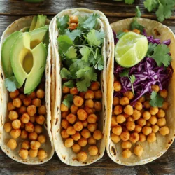 - 1 can (15 oz) chickpeas, drained and rinsed - 1 tablespoon extra virgin olive oil - 1 teaspoon ground cumin - 1 teaspoon smoked paprika - Additional spices: garlic powder, onion powder, salt, and pepper - 8 small corn or flour tortillas - 1 ripe avocado, sliced - 1 cup red cabbage, finely shredded - 1/2 cup fresh cilantro, roughly chopped - Lime wedges and optional hot sauce The main ingredients play a key role in the taste of these tacos. First, chickpeas are our star. They are high in protein and fiber. I suggest using canned chickpeas for ease. Just drain and rinse them well to remove extra sodium. Next, we have olive oil. This adds richness and helps our spices stick. Cumin and smoked paprika give the chickpeas a warm flavor. Garlic and onion powder add depth. Salt and pepper enhance all the flavors. For the tortillas, you can pick corn or flour. Both options work well for holding the filling. Now, let’s talk toppings. The ripe avocado brings creaminess, while red cabbage adds crunch. Fresh cilantro gives a bright taste. Serve with lime wedges for a zesty kick. You can also add hot sauce if you like it spicy. For the complete recipe, check out the Full Recipe. - Preheat the oven to 425°F (220°C). - Pat chickpeas dry using a clean kitchen towel. To start, you want your oven nice and hot. This helps the chickpeas get crispy. After preheating, use a kitchen towel to dry the chickpeas well. Removing moisture is key for crispiness. - Drizzle olive oil and mix with spices. - Toss until chickpeas are evenly coated. Next, drizzle olive oil over the dried chickpeas. Then add ground cumin, smoked paprika, garlic powder, onion powder, salt, and pepper. Mix well. Every chickpea should be coated in that tasty oil and spice mix. This adds a punch of flavor. - Spread chickpeas on a baking sheet. - Bake for 20-25 minutes, shaking halfway. Now, spread the seasoned chickpeas on a baking sheet. Make sure they are in a single layer. Bake them for 20 to 25 minutes. Shake the pan halfway through. This helps them cook evenly and get that nice, golden brown color. - Slice avocado and shred cabbage. - Chop cilantro for topping. While the chickpeas bake, prepare your toppings. Slice the avocado into thin wedges. Shred the cabbage finely for a nice crunch. Lastly, chop fresh cilantro for a burst of flavor. These toppings make the tacos fresh and colorful. - Warm tortillas in a dry skillet for 30 seconds on each side. In a dry skillet, warm the tortillas for about 30 seconds on each side. This makes them soft and easy to fold. A warm tortilla holds everything together perfectly. - Place crispy chickpeas on tortillas. - Add toppings and serve with lime wedges. Once the chickpeas are crispy, it’s time to assemble the tacos. Place a generous spoonful of chickpeas onto each tortilla. Top with avocado, cabbage, and cilantro. Serve with lime wedges on the side for that extra zing. For the full recipe, check out the details above. Enjoy your delicious crispy chickpea tacos! To make crispy chickpeas, start by drying them well. After draining and rinsing, use a clean kitchen towel to pat them dry. This step helps remove moisture that can make them soggy. Bake the chickpeas at 425°F (220°C) for 20-25 minutes. Make sure to shake the pan halfway through. This keeps the heat even and helps them get that perfect crunch. These tacos shine with tasty dips or salsas. I love pairing them with a fresh avocado dip or a zesty tomato salsa. This adds flavor and texture that takes the dish up a notch. For drinks, try a cool lime soda or a light beer. They balance the spices and bring a fun touch to your meal. Chickpeas are packed with protein and fiber. They fill you up while being low in fat. This makes them a great choice for anyone looking to eat healthy. Choosing chickpeas over meat has its perks. They are more sustainable and often easier to find. Plus, they can absorb flavors well, making every bite delicious. {{image_4}} To make your crispy chickpea tacos pop, try adding spices. You can mix in chili powder or cumin for a warm kick. If you like it spicy, add crushed red pepper flakes. For extra flavor, consider adding beans. Black beans or pinto beans add great texture. They also boost protein and fiber in your meal. Switching up your toppings makes these tacos even more fun. You can use bell peppers, corn, or even diced tomatoes. Each adds color and crunch. For cheese lovers, sprinkle on some feta or shredded cheddar. If you prefer a dairy-free option, try vegan cheese. It melts well and tastes great. You can transform these tacos into a wrap. Just use a larger tortilla and load it up. If you want a lighter meal, turn it into a salad bowl. Add greens like spinach or arugula and layer your toppings. You can swap ingredients for dietary needs. Use gluten-free tortillas or skip the cheese to fit your diet. To store cooked chickpeas, let them cool first. Place them in an airtight container. You can keep them in the fridge for up to four days. If you want to store them longer, freeze them in a freezer-safe bag. They last up to three months in the freezer. For tortillas, wrap them in plastic wrap or foil. Store them in the fridge for about one week. If you have fresh toppings like avocado and cabbage, keep them in separate containers. Avocados can last about three days, while cabbage stays fresh for up to a week. To reheat crispy chickpeas, place them back in the oven for a few minutes. This will help retain their crunch. For tortillas, warm them in a dry skillet for about 30 seconds on each side. This keeps them soft and ready for a quick meal. To make Crispy Chickpea Tacos, follow these steps: 1. Preheat your oven to 425°F (220°C). 2. Pat the rinsed chickpeas dry with a towel. 3. In a bowl, add olive oil and spices to the chickpeas. 4. Toss until all chickpeas are coated with oil and spices. 5. Spread the chickpeas on a baking sheet and bake for 20-25 minutes. 6. While they bake, prepare toppings like avocado and cabbage. 7. Warm tortillas in a skillet for about 30 seconds on each side. 8. Once the chickpeas are crispy, assemble tacos with chickpeas and toppings. 9. Serve with lime wedges and hot sauce. For the detailed recipe, check the Full Recipe. Yes, you can use canned chickpeas. They save time and are ready to use. Canned chickpeas are often softer, which makes them easy to season and bake. Dried chickpeas require soaking and cooking, which takes longer. Canned chickpeas just need draining and rinsing. This convenience makes your cooking faster and simpler. Chickpea Tacos are a healthy meal. Chickpeas are full of protein and fiber. A serving provides about 15 grams of protein and 10 grams of fiber. They also have vitamins and minerals, like iron and magnesium. Using fresh vegetables adds nutrients and crunch. Overall, this meal is a great choice for anyone looking to eat well. You can use many beans in tacos. Black beans are a great choice. They add a rich flavor and are high in protein. Pinto beans work well too, adding creaminess. Kidney beans are another option; they’re hearty and filling. Each bean adds a unique taste and texture to your tacos. To make Crispy Chickpea Tacos gluten-free, choose corn tortillas. They are naturally gluten-free. You can also look for gluten-free flour tortillas. Always check the labels to ensure they are safe. This way, everyone can enjoy these tasty tacos without worry. Chickpea tacos blend simple ingredients with tasty steps. Start with crispy chickpeas, season them, and add fresh toppings. These tacos are quick and fun to make. You can customize the flavors and toppings easily. Remember to store leftovers properly for later enjoyment. Overall, chickpea tacos are a healthy, plant-based meal choice. Enjoy your cooking adventure with these easy recipes!