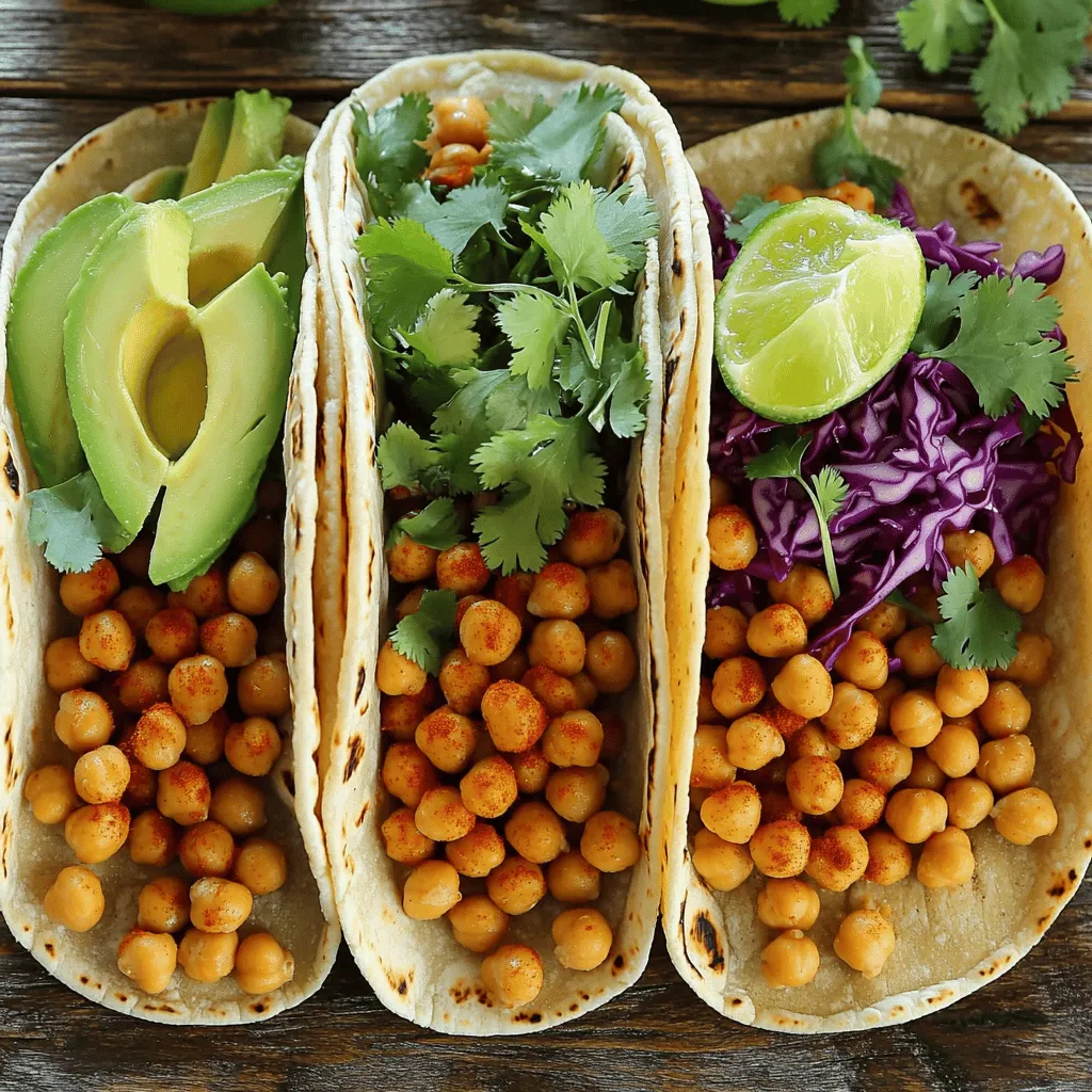 - 1 can (15 oz) chickpeas, drained and rinsed - 1 tablespoon extra virgin olive oil - 1 teaspoon ground cumin - 1 teaspoon smoked paprika - Additional spices: garlic powder, onion powder, salt, and pepper - 8 small corn or flour tortillas - 1 ripe avocado, sliced - 1 cup red cabbage, finely shredded - 1/2 cup fresh cilantro, roughly chopped - Lime wedges and optional hot sauce The main ingredients play a key role in the taste of these tacos. First, chickpeas are our star. They are high in protein and fiber. I suggest using canned chickpeas for ease. Just drain and rinse them well to remove extra sodium. Next, we have olive oil. This adds richness and helps our spices stick. Cumin and smoked paprika give the chickpeas a warm flavor. Garlic and onion powder add depth. Salt and pepper enhance all the flavors. For the tortillas, you can pick corn or flour. Both options work well for holding the filling. Now, let’s talk toppings. The ripe avocado brings creaminess, while red cabbage adds crunch. Fresh cilantro gives a bright taste. Serve with lime wedges for a zesty kick. You can also add hot sauce if you like it spicy. For the complete recipe, check out the Full Recipe. - Preheat the oven to 425°F (220°C). - Pat chickpeas dry using a clean kitchen towel. To start, you want your oven nice and hot. This helps the chickpeas get crispy. After preheating, use a kitchen towel to dry the chickpeas well. Removing moisture is key for crispiness. - Drizzle olive oil and mix with spices. - Toss until chickpeas are evenly coated. Next, drizzle olive oil over the dried chickpeas. Then add ground cumin, smoked paprika, garlic powder, onion powder, salt, and pepper. Mix well. Every chickpea should be coated in that tasty oil and spice mix. This adds a punch of flavor. - Spread chickpeas on a baking sheet. - Bake for 20-25 minutes, shaking halfway. Now, spread the seasoned chickpeas on a baking sheet. Make sure they are in a single layer. Bake them for 20 to 25 minutes. Shake the pan halfway through. This helps them cook evenly and get that nice, golden brown color. - Slice avocado and shred cabbage. - Chop cilantro for topping. While the chickpeas bake, prepare your toppings. Slice the avocado into thin wedges. Shred the cabbage finely for a nice crunch. Lastly, chop fresh cilantro for a burst of flavor. These toppings make the tacos fresh and colorful. - Warm tortillas in a dry skillet for 30 seconds on each side. In a dry skillet, warm the tortillas for about 30 seconds on each side. This makes them soft and easy to fold. A warm tortilla holds everything together perfectly. - Place crispy chickpeas on tortillas. - Add toppings and serve with lime wedges. Once the chickpeas are crispy, it’s time to assemble the tacos. Place a generous spoonful of chickpeas onto each tortilla. Top with avocado, cabbage, and cilantro. Serve with lime wedges on the side for that extra zing. For the full recipe, check out the details above. Enjoy your delicious crispy chickpea tacos! To make crispy chickpeas, start by drying them well. After draining and rinsing, use a clean kitchen towel to pat them dry. This step helps remove moisture that can make them soggy. Bake the chickpeas at 425°F (220°C) for 20-25 minutes. Make sure to shake the pan halfway through. This keeps the heat even and helps them get that perfect crunch. These tacos shine with tasty dips or salsas. I love pairing them with a fresh avocado dip or a zesty tomato salsa. This adds flavor and texture that takes the dish up a notch. For drinks, try a cool lime soda or a light beer. They balance the spices and bring a fun touch to your meal. Chickpeas are packed with protein and fiber. They fill you up while being low in fat. This makes them a great choice for anyone looking to eat healthy. Choosing chickpeas over meat has its perks. They are more sustainable and often easier to find. Plus, they can absorb flavors well, making every bite delicious. {{image_4}} To make your crispy chickpea tacos pop, try adding spices. You can mix in chili powder or cumin for a warm kick. If you like it spicy, add crushed red pepper flakes. For extra flavor, consider adding beans. Black beans or pinto beans add great texture. They also boost protein and fiber in your meal. Switching up your toppings makes these tacos even more fun. You can use bell peppers, corn, or even diced tomatoes. Each adds color and crunch. For cheese lovers, sprinkle on some feta or shredded cheddar. If you prefer a dairy-free option, try vegan cheese. It melts well and tastes great. You can transform these tacos into a wrap. Just use a larger tortilla and load it up. If you want a lighter meal, turn it into a salad bowl. Add greens like spinach or arugula and layer your toppings. You can swap ingredients for dietary needs. Use gluten-free tortillas or skip the cheese to fit your diet. To store cooked chickpeas, let them cool first. Place them in an airtight container. You can keep them in the fridge for up to four days. If you want to store them longer, freeze them in a freezer-safe bag. They last up to three months in the freezer. For tortillas, wrap them in plastic wrap or foil. Store them in the fridge for about one week. If you have fresh toppings like avocado and cabbage, keep them in separate containers. Avocados can last about three days, while cabbage stays fresh for up to a week. To reheat crispy chickpeas, place them back in the oven for a few minutes. This will help retain their crunch. For tortillas, warm them in a dry skillet for about 30 seconds on each side. This keeps them soft and ready for a quick meal. To make Crispy Chickpea Tacos, follow these steps: 1. Preheat your oven to 425°F (220°C). 2. Pat the rinsed chickpeas dry with a towel. 3. In a bowl, add olive oil and spices to the chickpeas. 4. Toss until all chickpeas are coated with oil and spices. 5. Spread the chickpeas on a baking sheet and bake for 20-25 minutes. 6. While they bake, prepare toppings like avocado and cabbage. 7. Warm tortillas in a skillet for about 30 seconds on each side. 8. Once the chickpeas are crispy, assemble tacos with chickpeas and toppings. 9. Serve with lime wedges and hot sauce. For the detailed recipe, check the Full Recipe. Yes, you can use canned chickpeas. They save time and are ready to use. Canned chickpeas are often softer, which makes them easy to season and bake. Dried chickpeas require soaking and cooking, which takes longer. Canned chickpeas just need draining and rinsing. This convenience makes your cooking faster and simpler. Chickpea Tacos are a healthy meal. Chickpeas are full of protein and fiber. A serving provides about 15 grams of protein and 10 grams of fiber. They also have vitamins and minerals, like iron and magnesium. Using fresh vegetables adds nutrients and crunch. Overall, this meal is a great choice for anyone looking to eat well. You can use many beans in tacos. Black beans are a great choice. They add a rich flavor and are high in protein. Pinto beans work well too, adding creaminess. Kidney beans are another option; they’re hearty and filling. Each bean adds a unique taste and texture to your tacos. To make Crispy Chickpea Tacos gluten-free, choose corn tortillas. They are naturally gluten-free. You can also look for gluten-free flour tortillas. Always check the labels to ensure they are safe. This way, everyone can enjoy these tasty tacos without worry. Chickpea tacos blend simple ingredients with tasty steps. Start with crispy chickpeas, season them, and add fresh toppings. These tacos are quick and fun to make. You can customize the flavors and toppings easily. Remember to store leftovers properly for later enjoyment. Overall, chickpea tacos are a healthy, plant-based meal choice. Enjoy your cooking adventure with these easy recipes!