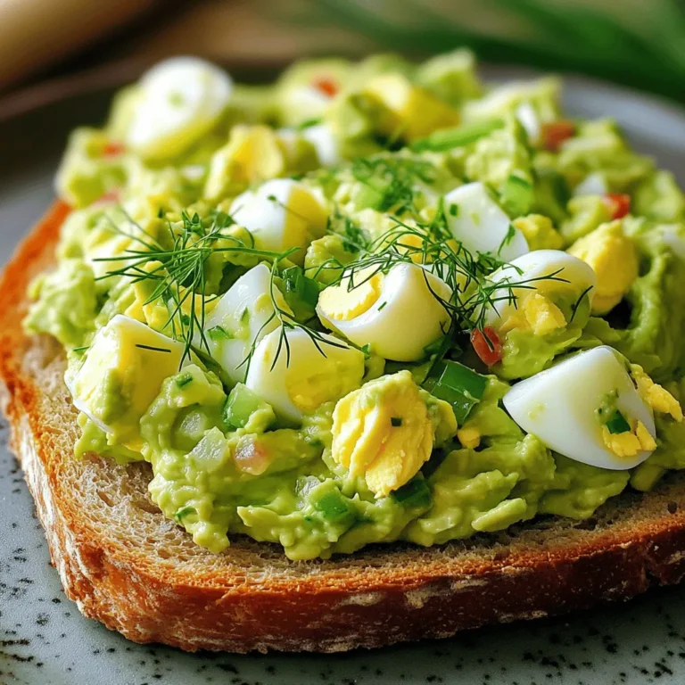 To make the best avocado egg salad, gather these simple ingredients: - 4 large eggs, hard-boiled and peeled - 1 ripe avocado, pitted and flesh scooped out - 2 tablespoons Greek yogurt - 1 tablespoon Dijon mustard - 1 tablespoon fresh lemon juice - 1/4 cup red bell pepper, finely diced - 2 tablespoons green onions, finely sliced - Salt and freshly ground black pepper to taste - Fresh dill or cilantro for garnish (optional) These items give the salad its creamy texture and fresh flavor. The eggs provide protein, while the avocado adds healthy fats. Greek yogurt gives a nice tang and keeps it light. Red bell pepper and green onions bring color and crunch. You can adjust the salt and pepper to suit your taste. For a pop of color, consider adding fresh herbs as a garnish. For the full recipe, check out the detailed instructions. You'll love how easy it is to whip up this tasty meal! - Step 1: Mash the hard-boiled eggs Start by placing your hard-boiled eggs in a medium bowl. Use a fork and mash them gently. You want small pieces, not a paste. It adds great texture to the salad. - Step 2: Incorporate the avocado Next, take your ripe avocado and scoop its flesh into the bowl. Mash it together with the eggs. Aim for a creamy mix, but keep some chunks of avocado. This gives the salad a nice bite. - Step 3: Add yogurt, mustard, and lemon juice Now, mix in two tablespoons of Greek yogurt, one tablespoon of Dijon mustard, and the juice from one fresh lemon. Stir this all together until well combined. This will give your salad a creamy and zesty flavor. - Step 4: Fold in vegetables It's time to add some crunch! Gently fold in 1/4 cup of finely diced red bell pepper and 2 tablespoons of sliced green onions. These veggies add color and a fresh taste. - Step 5: Season and garnish Season your salad with salt and freshly ground black pepper. Taste it and adjust the seasoning to your liking. For an herb boost, sprinkle freshly chopped dill or cilantro on top. - Step 6: Chill before serving Let the salad chill in the fridge for about 30 minutes. This helps all the flavors mix together nicely. It tastes even better when it's cold! For the full recipe, check out the detailed instructions provided. Enjoy your delicious avocado egg salad! To get the right texture for your avocado egg salad, avoid over-mashing the eggs. You want them broken but not mushy. Keeping some chunks of avocado adds a nice bite. This gives your salad a creamy yet textured feel that makes each bite enjoyable. To boost the flavor, add fresh herbs like dill or cilantro. They bring brightness to the dish. You can also adjust spices, like adding a pinch of cayenne for some heat or smoked paprika for a smoky touch. These simple tweaks can elevate your salad to new heights. Serving is key to any dish. For a fun look, pile the salad onto whole grain bread or crisp lettuce leaves. This makes it easy to eat and adds color. For an attractive garnish, sprinkle extra herbs on top and add a lemon slice. This not only brightens the dish but also makes it visually appealing for your guests. Make sure to check out the Full Recipe for all the details! {{image_4}} You can add protein to enhance your avocado egg salad. Try incorporating cooked chicken or tuna. This adds a nice texture and makes the salad heartier. If you want an extra crunch, add some crispy bacon pieces. The savory flavor of bacon pairs well with the creaminess of the avocado. Feeling adventurous? You can switch the Greek yogurt for mayo. This will give your salad a different taste. Using flavored mustards can also elevate the dish. Consider spicy or honey mustard for a kick of flavor. Get creative with your veggie mix-ins. You might add diced cucumbers or celery for a fresh crunch. Seasonal ingredients like corn or peas can bring new flavors. Experiment with whatever veggies you have on hand. This way, you can make each batch unique and exciting. For the full recipe, make sure to check the complete guide to avocado egg salad. To keep your avocado egg salad fresh, follow these steps: - Use airtight containers: Place the salad in a glass or plastic container with a tight lid. This helps keep air out and prevents browning. - Cover with plastic wrap: If you don't have a suitable container, cover the salad tightly with plastic wrap. Make sure it touches the salad to limit exposure to air. Your avocado egg salad can last: - In the refrigerator: It stays good for up to 3 days. After that, the avocado may brown and lose flavor. Check for any off smells before eating. - Freezing options: I do not recommend freezing this salad. The texture of avocado and eggs can change when thawed. Instead, enjoy it fresh within a few days for the best taste and texture. Follow these tips to enjoy your creamy avocado egg salad at its best! Yes, you can prepare avocado egg salad ahead of time. To do this, follow these tips: - Chill the salad: Place it in the fridge for up to two days. - Add lemon juice: This helps keep the avocado from browning. - Store in an airtight container: This keeps flavors fresh and prevents drying out. Making it ahead saves time for busy days. You can easily enjoy it later. You have many delicious options to serve with avocado egg salad. Here are some ideas: - Whole grain bread: Perfect for a sandwich. - Lettuce wraps: Crisp and light for a fresh bite. - Vegetable sticks: Carrots, celery, or cucumbers add crunch. - Chips: Try whole grain or veggie chips for a fun crunch. Pairing with these sides creates a great meal experience. Yes, avocado egg salad is quite healthy. Here are the benefits: - High in protein: Eggs provide essential protein for strong muscles. - Healthy fats: Avocado gives you heart-healthy monounsaturated fats. - Vitamins and minerals: Ingredients like red bell pepper add important nutrients. This salad is not only tasty but also packed with good nutrition. Enjoy a guilt-free lunch with the creamy avocado egg salad! This blog post has shared a simple avocado egg salad recipe. You learned about key ingredients and step-by-step instructions. I also gave tips for texture, flavor, and presentation. Plus, I explored variations and storage techniques. In closing, this dish is versatile, tasty, and easy to make. It can fit into many meals. Enjoy experimenting with new flavors to make it your own!