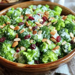 This salad shines with fresh produce. Here are the key elements: - 2 cups fresh broccoli florets - 1/4 cup green onions, finely chopped The broccoli brings a nice crunch. The green onions add a mild kick. You need some easy-to-find items for the dressing. Grab these: - 1/2 cup Greek yogurt - 2 tablespoons mayonnaise - 1 tablespoon apple cider vinegar - 1 teaspoon honey or maple syrup - Salt and pepper to taste The Greek yogurt keeps it creamy. The mayo adds richness. The vinegar gives a tangy note. Want to make it extra special? Consider these: - 1 cup sliced almonds, toasted - 1/4 cup dried cranberries The almonds add crunch and flavor. Dried cranberries give a sweet touch. You can mix and match as you like. For the complete steps to make this salad, check out the Full Recipe. To start, bring a pot of water to a boil. Add 2 cups of fresh broccoli florets. Blanch them for about 2-3 minutes. You want them to turn bright green and stay crisp. After blanching, quickly transfer the broccoli to a bowl of ice water. Leave it in the ice bath for about 5 minutes. This step stops the cooking and keeps the color. Once cooled, drain the broccoli and set it aside. In a large mixing bowl, combine 1/2 cup of Greek yogurt with 2 tablespoons of mayonnaise. Add 1 tablespoon of apple cider vinegar and 1 teaspoon of honey or maple syrup. Whisk these ingredients together until smooth. This dressing should be creamy and tangy. Taste it, then add salt and pepper to fit your taste. You can adjust the sweetness or tanginess by adding more honey or vinegar. Now, it's time to mix everything! Gently fold the cooled broccoli into the dressing. Next, add 1 cup of toasted sliced almonds for crunch. If you like, toss in 1/4 cup of dried cranberries for sweetness. Also, add 1/4 cup of finely chopped green onions for some fresh flavor. Make sure all the ingredients are well-coated in the creamy dressing. Cover the bowl and chill in the fridge for at least 30 minutes. This chill time helps the flavors blend. Serve it in a nice bowl, and enjoy a healthy, tasty meal! Check out the Full Recipe for detailed steps. To make a great dressing, use Greek yogurt as the base. Greek yogurt adds creaminess and tang. Mix it with mayonnaise for extra richness. Add apple cider vinegar for some zing. Sweeten it lightly with honey or maple syrup. This balance makes the dressing tasty and bright. Taste as you mix. Adjust salt and pepper to your liking. If you want more flavor, add a dash of lemon juice. Herbs can take your salad to the next level. Fresh herbs like dill or parsley add bright notes. You can also try basil for a sweet touch. Mix in chopped herbs right before serving for the best flavor. Just a handful of herbs can make the salad pop. If you want a bolder taste, sprinkle in some garlic powder or onion powder. Serve your salad in a clear bowl to show off the colors. This salad pairs well with grilled chicken or fish. It also works great as a side for sandwiches. If you want a crunch, add more toasted almonds on top. For a sweet twist, add extra dried cranberries. Chill the salad for at least 30 minutes before serving. This lets the flavors mix well. For the full recipe, check out the details above. {{image_4}} You can boost your salad with proteins. Cooked chicken, turkey, or tofu works well. Adding beans can also make it hearty. A half cup of cooked quinoa adds great texture. Just mix any of these in with the broccoli and almonds. They will make your meal more filling. Switching nuts can change the flavor. Try using walnuts or pecans instead of almonds. Sunflower seeds or pumpkin seeds can add crunch too. Each nut or seed brings its unique taste. Feel free to mix and match for your favorite combo. While the creamy dressing is tasty, you can try new flavors. Use tahini for a nutty twist. A lemon vinaigrette gives a fresh zing. Or, blend avocado for a creamy, plant-based option. Each dressing will give the salad a new vibe. Explore these options to find your favorite. For the full recipe, check out the Creamy Broccoli Almond Salad. Enjoy experimenting with these variations! To keep your Creamy Broccoli Almond Salad fresh, store it in an airtight container. This helps prevent air from making it soggy. If you have leftovers, make sure to cool the salad first. Avoid leaving it out at room temperature for too long. Always refrigerate it within two hours of making it. When stored properly, this salad lasts about 3 to 5 days in the fridge. The broccoli will stay crisp, and the dressing will keep its flavor. However, the longer it sits, the softer the broccoli may become. If you notice any off smells or changes in color, it’s best to toss it. Freezing this salad is not recommended. The texture of the broccoli and dressing will change once thawed. If you want to make it ahead, prepare only the dressing and store it separately. You can freeze the dressing for up to 3 months. When you’re ready to use it, thaw it in the fridge overnight. Then, just mix it with fresh broccoli and almonds! For the full recipe, check out the recipe section above. Yes, you can use frozen broccoli for this salad. It saves time and works well. Just make sure to thaw it completely before using. You may want to blanch it quickly to keep its bright color. This step ensures it still tastes fresh and crunchy. To make this salad vegan, swap Greek yogurt and mayonnaise for plant-based options. Use coconut yogurt or a vegan mayo for the creamy base. For the sweetener, substitute honey with maple syrup. This keeps the taste delicious while staying plant-based. You can add many ingredients to the creamy dressing. Try a squeeze of lemon juice for extra tang. Garlic powder or Dijon mustard can add a nice kick. You can also mix in fresh herbs like dill or parsley for more flavor. - Full Recipe: Creamy Broccoli Almond Salad 🥦🥗 This blog post covered how to make a great Creamy Broccoli Almond Salad. We talked about the fresh ingredients and pantry staples needed. I shared step-by-step instructions to prepare your dish easily. You learned some useful tips to enhance flavor and serve it well. We also discussed variations to customize your salad. Lastly, we covered storage tips to keep it fresh. Enjoy making this salad, and don’t hesitate to try your own twists! Happy cooking!
