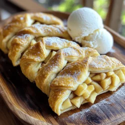 - 1 can of crescent roll dough This dough is easy to work with. It gives a nice flaky texture when baked. - 2 medium apples, peeled, cored, and diced Choose sweet apples like Fuji or Gala. They bring great flavor to the rolls. - 1/4 cup brown sugar Brown sugar adds moisture and a rich flavor. It pairs well with apples. - 1 teaspoon ground cinnamon Cinnamon brings warmth and spice. It enhances the apple flavor beautifully. - 1 tablespoon fresh lemon juice The lemon juice brightens the filling. It keeps the apples from browning too. - 1/4 cup raisins (optional) Raisins add chewiness and natural sweetness. They are great if you like dried fruit. - 1/4 cup chopped walnuts (optional) Chopped walnuts give a nice crunch. They also add healthy fats and protein. - 1 egg, beaten (for egg wash) The egg wash helps the rolls turn golden brown. It makes them look shiny and pretty. - 1 tablespoon granulated sugar (for topping) This sugar adds a sweet crunch on top. It makes the rolls even more tempting. Adding optional ingredients like raisins and walnuts can change the flavor. Raisins add sweetness, while walnuts provide crunch. You can also try different spices like nutmeg or ginger to switch things up. Each choice can create a new twist on your rolls. Feel free to get creative! 1. Preheating the Oven and Preparing Baking Sheet First, preheat your oven to 375°F (190°C). This step is key for even baking. While it heats, line a baking sheet with parchment paper. This will help the rolls not stick. 2. Mixing the Apple Filling Next, grab a medium bowl. Add the diced apples, brown sugar, ground cinnamon, and fresh lemon juice. If you like, toss in raisins and chopped walnuts. Mix gently until the apples are coated in the sweet, spicy goodness. 3. Assembling the Crescent Rolls Carefully open the can of crescent roll dough. Separate the dough into triangles along the lines. On the wide end of each triangle, place a spoonful of the apple filling. Don’t overfill; you want to avoid spills. 4. Baking Time and Indicators of Doneness Roll the dough from the wide end toward the point, forming a crescent shape. Pinch the edges to seal the filling inside. Place the rolls on the baking sheet, leaving space between them. Brush each roll with the beaten egg for a golden finish. Sprinkle with granulated sugar for added crunch. Bake for 12 to 15 minutes. They are done when they puff up and turn golden brown. Let them cool for a few minutes before serving. Enjoy warm for the best taste! For the full recipe, check the recipe section above. - Ensuring Perfectly Flaky Crescent Rolls Start with cold crescent roll dough. The cold helps create those lovely flaky layers. Do not leave the dough out too long. Work quickly to keep it cold. - Avoiding Overfilling and Spillage Use a small spoonful of the apple filling. If you add too much, the filling can spill while baking. This can make a mess and ruin the rolls. - Using Egg Wash for Best Results Brush the rolls with a beaten egg. This step creates a shiny and golden crust. It adds a nice touch to the final look of your rolls. - Pairing with Ice Cream or Whipped Cream Serve the warm rolls with a scoop of vanilla ice cream. The cold cream melts slightly, adding a rich flavor. Whipped cream also makes a lovely topping if you prefer. - Garnishing Ideas for Presentation For an elegant touch, dust the rolls with powdered sugar. You can also sprinkle some cinnamon on top. Arrange the rolls nicely on a platter to impress your guests. {{image_4}} You can change up the filling for your apple pie crescent rolls. Try using different fruits. Pears and peaches work great. They add a nice twist to the classic flavor. You can also mix in other spices or flavorings. Adding nutmeg gives a warm taste. For a zesty kick, try a splash of vanilla extract. You can even add a bit of ginger for a unique flavor. Get creative and have fun with it! If you need gluten-free options, look for gluten-free crescent roll dough. Many brands offer tasty choices. Just follow the same steps in the full recipe. For a vegan version, use a plant-based egg wash. You can brush almond milk or melted coconut oil on the rolls. Also, make sure to use a vegan crescent roll dough. This way, everyone can enjoy this treat! To keep your apple pie crescent rolls fresh, store them in an airtight container. Place a sheet of wax paper between layers to avoid sticking. In the refrigerator, these rolls can last up to three days. If you won’t eat them soon, freezing is a great option. Wrap each roll in plastic wrap, then place them in a freezer bag. They can stay good for up to three months in the freezer. When you’re ready to enjoy them again, reheating is key to bringing back their flavor. You can use the oven for the best taste. Preheat your oven to 350°F (175°C). Place the rolls on a baking sheet and heat for about 10 minutes. This will crisp them up nicely. If you're in a hurry, the microwave works too. Heat each roll for about 20-30 seconds. However, this method may make them a bit soft. For the best experience, I recommend the oven. Enjoy your leftover treats! To make these rolls without raisins, simply skip them. The apple filling is already sweet and tasty. You can add nuts or some extra spices if you like. Try adding more cinnamon or a pinch of nutmeg for a new flavor twist. Yes, you can use store-bought apple pie filling. It saves time and still tastes great. Just make sure to drain any extra liquid before adding it to your crescent roll dough to avoid sogginess. You can use puff pastry or biscuit dough as a substitute. Puff pastry gives a nice flaky texture, while biscuit dough adds a soft and fluffy feel. Just roll them out to a similar triangle shape before filling. These rolls stay fresh for about 2 to 3 days at room temperature. Store them in an airtight container to keep them soft. If you want to keep them longer, you can freeze them for up to a month. Making Apple Pie Crescent Rolls is easy and fun. We covered ingredients, preparation steps, and useful tips. You learned about variations and how to store your rolls. Remember, you can be creative with fillings and adapt the recipe for dietary needs. These rolls are great for any occasion, especially when served warm. Experiment with flavors and enjoy your tasty treats. Happy baking!