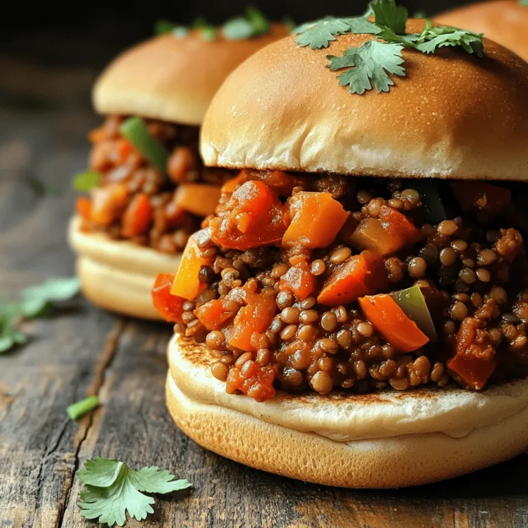 To make these vegan lentil sloppy joes, gather these key ingredients: - 1 cup dried green or brown lentils, thoroughly rinsed - 3 cups vegetable broth - 1 tablespoon olive oil - 1 medium onion, finely chopped - 2 cloves garlic, minced - 1 bell pepper, finely chopped - 1 can (14 oz) diced tomatoes, including all juices - 2 tablespoons tomato paste - 2 tablespoons pure maple syrup - 1 tablespoon apple cider vinegar - 1 tablespoon chili powder - 1 teaspoon smoked paprika - Salt and freshly ground pepper, to taste - 4 whole grain hamburger buns - Fresh cilantro or parsley, chopped, for garnish You can add more flavor with these optional ingredients: - 1 teaspoon cumin for warmth - 1 tablespoon soy sauce for depth - 1 tablespoon hot sauce for spice - Additional veggies like carrots or zucchini for more nutrition These add-ins can really enhance the taste of your sloppy joes and make them unique. Feel free to experiment with what you love! The ingredients in this recipe are not just tasty; they are also healthy: - Lentils are high in protein and fiber, keeping you full longer. - Bell peppers are rich in vitamins A and C, boosting your immune system. - Tomatoes contain lycopene, known for its heart health benefits. - Maple syrup offers a natural sweetness, with antioxidants too. Using fresh ingredients makes these sloppy joes not only delicious but also a nutritious choice. Dive into the full recipe for a delightful cooking experience! Start by rinsing one cup of lentils. Use a medium pot for this step. Combine the lentils with three cups of vegetable broth. Bring this mixture to a boil over high heat. Once it boils, reduce the heat to low. Cover the pot and let it simmer for 20 to 25 minutes. Your goal is tender lentils, not mushy ones. While the lentils cook, grab a large skillet. Heat one tablespoon of olive oil over medium heat. Add one finely chopped onion. Sauté the onion for about five minutes. It should turn soft and translucent. Next, add two minced garlic cloves and one chopped bell pepper. Cook for another three to four minutes. The bell pepper should be tender and smell great. Now, it’s time to mix it all together. Once the lentils finish cooking, transfer them to the skillet. Add one can of diced tomatoes, two tablespoons of tomato paste, and two tablespoons of pure maple syrup. Pour in one tablespoon of apple cider vinegar and sprinkle in one tablespoon of chili powder and one teaspoon of smoked paprika. Season with salt and pepper to taste. Stir everything well until it’s heated through. Let it simmer for about ten minutes to thicken. You can find the full recipe [here](#). To make the best lentil sloppy joes, focus on flavor. Use fresh ingredients. Rinse your lentils well to remove dirt. Cook them until tender, but not mushy. This keeps them firm in the sauce. Use a mix of spices to bring warmth and depth. Smoked paprika adds a nice touch. Adjust the heat by adding more chili powder. Taste as you go to ensure balance. One common mistake is overcooking lentils. This can turn them to mush. Keep an eye on them while they cook. Another mistake is not seasoning enough. Lentils soak up flavors, so add salt and pepper generously. Don’t skip the maple syrup; it balances the acidity from tomatoes. Lastly, avoid soggy buns. Toast them well before adding the lentil mix. This keeps them from falling apart. Serve your lentil sloppy joes on whole grain buns. They pair well with sweet potato fries for a tasty side. A fresh salad also works great. For extra crunch, add pickles or coleslaw on top. You can even serve them in lettuce wraps for a low-carb option. Try adding avocado slices for creaminess. Explore different toppings to keep each meal exciting. For the complete recipe, check the Full Recipe section. {{image_4}} To make spicy vegan lentil sloppy joes, add heat with chili flakes or diced jalapeños. Start with a pinch of chili flakes and increase to your taste. You can also switch to a spicy barbecue sauce instead of maple syrup. This adds a nice kick while keeping the dish sweet. If you want a low-carb version, skip the buns. Instead, serve the lentil mixture on lettuce wraps. Use large leaves like romaine or butter lettuce. This gives you a crunchy texture and fresh taste. You can also serve the lentils over cauliflower rice for a filling option. Toppings can make your sloppy joes even better. Try adding avocado slices for creaminess. Pickled red onions add a tangy crunch. You can also sprinkle on some vegan cheese for extra flavor. Fresh herbs like cilantro or parsley brighten the dish. For a bit of crunch, add crushed tortilla chips on top. These variations keep your vegan lentil sloppy joes fun and exciting. For the full recipe, check the earlier section. To store leftovers, let the lentil mixture cool down. Then, place it in an airtight container. You can keep it in the fridge for up to four days. This makes it easy to enjoy your Vegan Lentil Sloppy Joes later. You can also freeze the lentil mixture. Pour it into a freezer-safe container or bag. Make sure to remove as much air as possible before sealing. The mixture will stay good in the freezer for up to three months. When you are ready to eat it, just thaw it in the fridge overnight. To reheat, you can use the stove or microwave. If using the stove, place the mixture in a skillet over medium heat. Stir it occasionally until it’s hot. If using a microwave, put the lentil mixture in a microwave-safe bowl. Heat it for one minute, then stir and heat for another minute. Always check the temperature before serving. Enjoy your meal again! I recommend using whole grain hamburger buns. They add a nice texture and flavor. Look for buns that are soft but sturdy. You want them to hold up against the juicy lentil mix. Alternatively, you can use gluten-free buns if needed. Make sure they are fresh for the best taste! Yes, you can easily make this recipe gluten-free. Just swap out the whole grain buns for gluten-free options. Check the ingredient labels for any hidden gluten. The lentil filling is naturally gluten-free. This way, everyone can enjoy the dish without worry! If you don’t have lentils, you can use black beans or chickpeas. Both options give a similar texture and flavor. Just mash them slightly for a better mix. You can also try cooked quinoa for a different take. Just remember to adjust the cooking time as needed. For the full recipe, click here. You learned how to make tasty Lentil Sloppy Joes. We covered key ingredients, cooking steps, and variations. The health benefits make this dish even better. Use the tips to avoid mistakes and enjoy great meals. Store leftovers well for later use. With the right buns, you can satisfy your cravings. Now, you have all the tools to create your own version. Enjoy making this dish and sharing it with others!