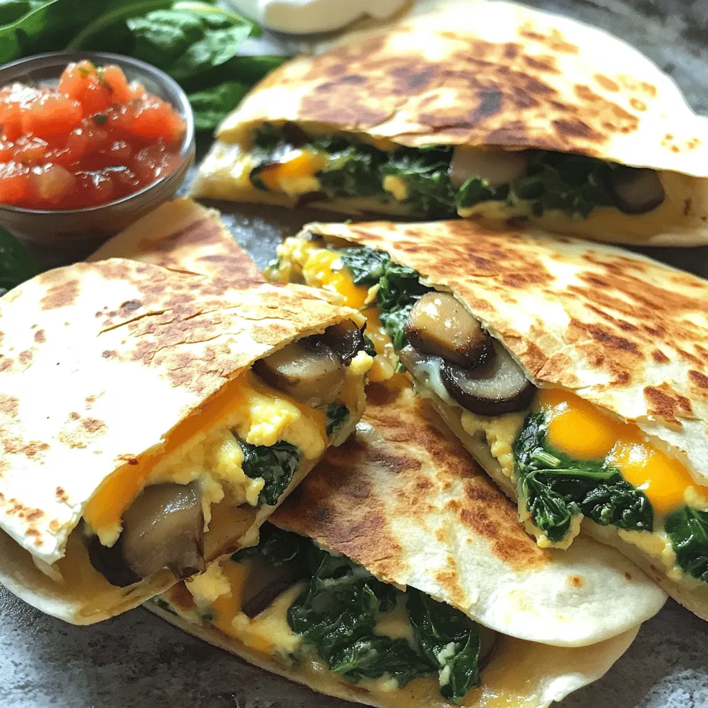 - 1 cup fresh spinach, chopped - 1 cup mushrooms, sliced (button or cremini) - 4 large eggs - 1 cup shredded cheese (cheddar or Monterey Jack) - 4 whole wheat tortillas - 1 small onion, finely chopped - 2 cloves garlic, minced - 2 tablespoons olive oil - Salt and pepper to taste - Optional: Salsa or sour cream for serving The main ingredients in this recipe create a great balance of flavors and textures. Spinach brings freshness, while mushrooms add earthiness. Eggs provide protein, and cheese gives creaminess. Whole wheat tortillas make each bite filling and tasty. For the additional ingredients, onion and garlic add savory depth. Olive oil helps cook the veggies and keeps the quesadillas from sticking. Salt and pepper enhance all the flavors. Optional toppings like salsa or sour cream can boost flavor and add a fun touch to your meal. You can find the full recipe to get started on these delicious quesadillas! 1. Heating the oil: Start by heating 1 tablespoon of olive oil in a large skillet over medium heat. This will help the veggies cook nicely. 2. Adding onion, garlic, and mushrooms: Next, add the finely chopped onion to the skillet. Sauté for 3-4 minutes until the onion is soft and smells great. Then, toss in the minced garlic and sliced mushrooms. Cook for another 4-5 minutes until the mushrooms are soft and golden. 1. Whisking the eggs: In a bowl, crack 4 large eggs. Whisk them well with a pinch of salt and pepper. This makes the eggs fluffy and tasty. 2. Scrambling the eggs: In the same skillet, add the last tablespoon of olive oil. Pour in the whisked eggs. Stir and cook until the eggs are soft and fully set. 1. Combining filling ingredients: Gently mix the sautéed veggies with the scrambled eggs in the skillet. Make sure everything is well combined. 2. Cooking the quesadillas: Set the heat to low. Place a tortilla in the skillet. Sprinkle half of it with a quarter of the cheese. Add a quarter of the veggie-egg mix on top of the cheese. Then, add another quarter of cheese. Fold the tortilla in half. Cook for 2-3 minutes on each side until golden and cheese melts. 1. Slicing and plating: Once cooked, slice each quesadilla into wedges. Arrange them on a serving plate for a nice look. 2. Accompaniments like salsa or sour cream: Serve with salsa or sour cream on the side. This adds extra flavor and fun! For the full recipe, check the earlier section. For the best flavor, I recommend using cheddar or Monterey Jack. They melt well and add a nice richness to your quesadillas. You can also mix different cheeses for a more exciting flavor. Try adding mozzarella for a creamy texture or pepper jack for a spicy kick. To avoid soggy quesadillas, you need to reduce moisture. Sauté your veggies until they are soft but not watery. Cook them well before adding to the eggs. Also, use medium heat to cook the quesadillas. This helps the outside get crispy while the cheese melts inside. Store leftover quesadillas in the fridge. Wrap them in foil or place them in an airtight container. They will last about three days. When reheating, use a skillet over low heat for best results. This keeps them crisp and warm without making them soggy. Check out the Full Recipe for more details! {{image_4}} You can boost your quesadillas with meat. Adding crispy bacon or savory sausage gives a nice crunch and flavor. Just cook the meat first, then mix it in with the veggies. For a vegetarian option, try using tempeh or tofu instead. Both add protein without meat. If you want a dairy-free twist, use plant-based cheese. Many options melt well and taste great. For egg substitutions, try using tofu or chickpea flour mixed with water. This gives you a similar texture without eggs. Spice things up with seasonings like cumin or paprika. These add depth and warmth to your dish. Fresh herbs like cilantro or parsley can brighten the flavors. Just chop them finely and sprinkle them in right before serving. For the full recipe, check out Spinach Mushroom Breakfast Quesadillas. To keep your quesadillas fresh, use an airtight container. This helps prevent them from drying out. You can store them in the fridge for up to three days. Remember to let them cool before sealing the container. This way, you avoid steam buildup that can make them soggy. If you want to save some for later, freezing is a great option. First, let the quesadillas cool completely. Then, wrap each one tightly in plastic wrap. Place the wrapped quesadillas in a freezer-safe bag. They can last in the freezer for up to three months. When you’re ready to eat, take a quesadilla out and let it thaw overnight in the fridge. To reheat, you can use a skillet over low heat until warm or pop it in the oven at 350°F for about 10-15 minutes. This helps keep the quesadilla crispy. For a quick option, you can use the microwave, but it may not be as crunchy. For the full recipe, check out the Full Recipe section above! Yes, you can make these quesadillas ahead of time. To store them, let them cool completely. Place them in an airtight container. They will stay fresh for about three days in the fridge. When you want to eat them, reheat on a skillet over low heat. This keeps them crispy. You can also use the microwave, but they may get soft. For best results, heat until warm and the cheese melts again. You can easily personalize your quesadillas. Try adding different proteins like chicken or bacon. You could also swap the cheese for something like pepper jack for a spicy kick. Adding fresh herbs like cilantro or basil gives a fresh taste. Want more veggies? Bell peppers or zucchini work great too. You can play with spices like cumin or chili powder for extra flavor. Yes, these quesadillas are a healthy choice. They are packed with nutrients from spinach and mushrooms. Eggs provide protein, while cheese adds calcium. A serving has about 300 calories, but it can vary based on ingredients. Whole wheat tortillas offer fiber, making them more filling. These quesadillas fit well into a balanced diet when paired with fresh salsa or avocado. To make these quesadillas gluten-free, choose gluten-free tortillas. Many brands offer delicious options made from rice or corn. Just check the label to ensure they are certified gluten-free. You can also make your own using gluten-free flour. This way, you can enjoy the same tasty recipe without any gluten. You learned how to make tasty Spinach Mushroom Breakfast Quesadillas. We covered key ingredients and the best steps to cook them. Remember to sauté your veggies well and pick the right cheese. Store any leftovers correctly for future meals. You can explore variations to suit your taste. Now, go ahead and enjoy your delicious quesadillas! They are easy to make and full of flavor. Happy cooking!