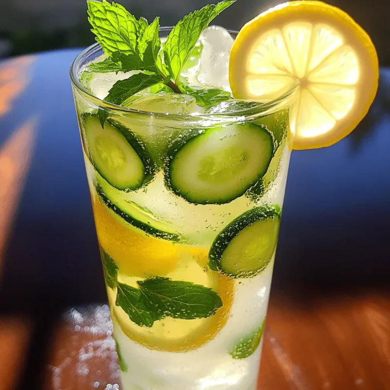 - 1 large cucumber, peeled and sliced - 1 cup fresh mint leaves - 1/2 cup freshly squeezed lemon juice - 1/2 cup honey or agave syrup - 4 cups cold water - Fresh mint sprigs for garnish - Lemon slices for garnish To prepare your Cucumber Mint Lemonade, gather these fresh ingredients. Cucumbers are hydrating and crisp. Mint adds a cool burst. Fresh lemon juice gives a tangy kick. Honey or agave syrup sweetens the drink. Cold water brings everything together, making it refreshing. - Nutritional value of cucumbers: Cucumbers are low in calories but high in water. They keep you hydrated. They also contain vitamins K and C. This makes them good for your skin and bones. - Benefits of mint for digestion: Mint helps soothe the stomach. It can ease nausea and indigestion. A few fresh leaves go a long way in making your drink tasty and healthy. - Health advantages of lemon juice: Lemon juice is rich in vitamin C. It boosts your immune system. It can also help with hydration and digestion. Adding lemon juice makes your lemonade not just yummy but good for you too. This refreshing drink, with its bright flavors, is perfect for hot summer days. For the full recipe, check out the detailed instructions. To make Cucumber Mint Lemonade, start by blending and straining your ingredients. First, you blend cucumber and mint until smooth. Then, strain the mix to remove pulp. Chilling the lemonade before serving is key. It helps the flavors meld together, making each sip refreshing. Step 1: Blending ingredients First, take your large cucumber and slice it into thin rounds. Add these slices to the blender along with the fresh mint leaves. Blend on high for about 30 seconds. You want a smooth mixture that combines both flavors. Step 2: Straining the mixture Next, grab a fine mesh sieve and place it over a large pitcher. Pour the blended mixture into the sieve. Use a spatula to push the liquid through. This step removes any pulp, leaving you with a smooth lemonade base. Step 3: Combining with sweetener and water Now, take the strained liquid and add in the lemon juice and honey or agave syrup. Stir until the sweetener dissolves fully. Gradually pour in the cold water while stirring. This ensures everything mixes well. Taste your lemonade and adjust sweetness if needed. When serving Cucumber Mint Lemonade, fill tall glasses with ice cubes. Pour the chilled lemonade over the ice. For a lovely touch, garnish each glass with a fresh mint sprig and a lemon slice. Clear glasses show off the vibrant green color, making it even more appealing. - Adjusting sweetness to taste: You can change how sweet your drink is. If you like it sweeter, add more honey or agave syrup. Start with half a cup and taste. You can always add more later. - Achieving the best texture: Blend the cucumber and mint until smooth. A good blender helps. If it’s too chunky, your drink won't be as smooth. Strain it well to remove the pulp. - Over-blending cucumber: Blend just enough to make it smooth. If you blend too long, it can become foamy. This foam can change the look and taste of your drink. - Inadequate chilling time: Don't skip chilling your drink. Let it sit in the fridge for at least 30 minutes. This waiting time helps flavors blend and taste better. - Best blenders for smoothies: A high-speed blender works best for this drink. Brands like Vitamix or Ninja make great options. They blend things smooth and fast. - Suitable pitchers for serving: Use a clear pitcher to show off the drink's color. Look for one that holds at least 64 ounces. This size keeps your lemonade ready for serving at gatherings. For the full recipe, check out the detailed steps above. {{image_4}} You can make Cucumber Mint Lemonade even more fun by adding fruits. Berries like strawberries or blueberries can add a nice touch. Their sweetness and color brighten the drink. Citrus fruits, like oranges or limes, can also mix well. They bring a zesty flavor that complements the cucumber and mint. You could even try mixing in some peaches or pineapple. These fruits add a tropical twist to your refreshing drink. If you want to experiment with herbs, try adding basil or rosemary. They can give the lemonade a unique flavor. Just remember, a little goes a long way. Start with a few leaves and taste as you go. You might find a new favorite! Want to add some sparkle? Infusing your lemonade with sparkling water can give it a fizzy kick. This twist makes it feel more festive and fun. Simply mix in sparkling water right before serving. You’ll love the bubbly texture it adds. Another option is to add a splash of ginger ale. This addition brings a sweet yet spicy flavor. It pairs well with the mint and cucumber. Just pour a little in each glass for a tasty surprise! In summer, you can try a version with watermelon. Blend fresh watermelon with the cucumber for a juicy, sweet taste. This combination is perfect for hot days. When winter comes, think about warming spices. Add a pinch of cinnamon or nutmeg to your lemonade. These spices can give it a cozy feel and warm flavor. You can also serve it warm for a different experience. This makes Cucumber Mint Lemonade a year-round favorite! To keep your Cucumber Mint Lemonade fresh, use a clean glass pitcher. Glass prevents odors and keeps flavors pure. Seal the pitcher tightly with a lid or plastic wrap. Avoid metal containers, as they can alter the taste. Cucumber Mint Lemonade lasts about 3 to 5 days in the refrigerator. Always store it cold to maintain freshness. Watch for signs of spoilage, like off smells or changes in color. If it smells sour or looks cloudy, it’s best to toss it. You can freeze Cucumber Mint Lemonade! Pour it into ice cube trays for easy use later. To thaw, leave it in the fridge overnight. When ready to serve, blend the cubes for a refreshing slushy drink. To make Cucumber Mint Lemonade, follow this quick overview of the full recipe. Start by peeling and slicing one large cucumber. Blend it with one cup of fresh mint leaves until smooth. Strain this mixture into a pitcher. Add half a cup of freshly squeezed lemon juice and half a cup of honey or agave syrup. Stir well. Next, pour in four cups of cold water. Chill for at least 30 minutes, then serve over ice. Garnish with mint and lemon slices. Using bottled lemon juice can work, but fresh juice tastes best. Fresh lemon juice gives a bright and zesty flavor. Bottled juice may lack the same vibrancy. Fresh lemons also contain more nutrients. I recommend squeezing your lemons for the best taste and health benefits. You can substitute honey with several sweeteners. Agave syrup is a great choice and has a similar sweetness. If you prefer sugar, use granulated sugar or coconut sugar. Maple syrup also works well, adding a unique flavor. Just remember, different sweeteners can change the taste slightly, so adjust to your liking. Cucumber Mint Lemonade offers many health benefits. Cucumbers are low in calories and high in water. They help keep you hydrated. Mint aids digestion and adds a refreshing flavor. Lemons provide vitamin C, which boosts your immune system. This drink is not only tasty but also supports your health. Enjoy it guilt-free! You learned how to make refreshing Cucumber Mint Lemonade. We covered ingredients, health benefits, and step-by-step instructions. You got tips on avoiding common mistakes and adding creative twists. Proper storage keeps your drink fresh longer. Remember, you can adjust flavors to suit your taste. Enjoy this drink all year round with fun variations! Make it your go-to refreshment for any occasion.
