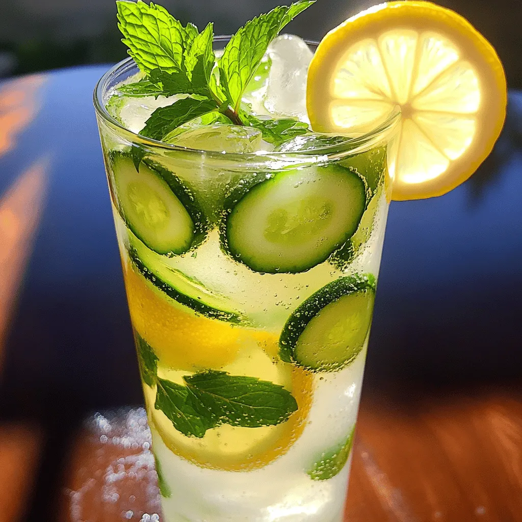 - 1 large cucumber, peeled and sliced - 1 cup fresh mint leaves - 1/2 cup freshly squeezed lemon juice - 1/2 cup honey or agave syrup - 4 cups cold water - Fresh mint sprigs for garnish - Lemon slices for garnish To prepare your Cucumber Mint Lemonade, gather these fresh ingredients. Cucumbers are hydrating and crisp. Mint adds a cool burst. Fresh lemon juice gives a tangy kick. Honey or agave syrup sweetens the drink. Cold water brings everything together, making it refreshing. - Nutritional value of cucumbers: Cucumbers are low in calories but high in water. They keep you hydrated. They also contain vitamins K and C. This makes them good for your skin and bones. - Benefits of mint for digestion: Mint helps soothe the stomach. It can ease nausea and indigestion. A few fresh leaves go a long way in making your drink tasty and healthy. - Health advantages of lemon juice: Lemon juice is rich in vitamin C. It boosts your immune system. It can also help with hydration and digestion. Adding lemon juice makes your lemonade not just yummy but good for you too. This refreshing drink, with its bright flavors, is perfect for hot summer days. For the full recipe, check out the detailed instructions. To make Cucumber Mint Lemonade, start by blending and straining your ingredients. First, you blend cucumber and mint until smooth. Then, strain the mix to remove pulp. Chilling the lemonade before serving is key. It helps the flavors meld together, making each sip refreshing. Step 1: Blending ingredients First, take your large cucumber and slice it into thin rounds. Add these slices to the blender along with the fresh mint leaves. Blend on high for about 30 seconds. You want a smooth mixture that combines both flavors. Step 2: Straining the mixture Next, grab a fine mesh sieve and place it over a large pitcher. Pour the blended mixture into the sieve. Use a spatula to push the liquid through. This step removes any pulp, leaving you with a smooth lemonade base. Step 3: Combining with sweetener and water Now, take the strained liquid and add in the lemon juice and honey or agave syrup. Stir until the sweetener dissolves fully. Gradually pour in the cold water while stirring. This ensures everything mixes well. Taste your lemonade and adjust sweetness if needed. When serving Cucumber Mint Lemonade, fill tall glasses with ice cubes. Pour the chilled lemonade over the ice. For a lovely touch, garnish each glass with a fresh mint sprig and a lemon slice. Clear glasses show off the vibrant green color, making it even more appealing. - Adjusting sweetness to taste: You can change how sweet your drink is. If you like it sweeter, add more honey or agave syrup. Start with half a cup and taste. You can always add more later. - Achieving the best texture: Blend the cucumber and mint until smooth. A good blender helps. If it’s too chunky, your drink won't be as smooth. Strain it well to remove the pulp. - Over-blending cucumber: Blend just enough to make it smooth. If you blend too long, it can become foamy. This foam can change the look and taste of your drink. - Inadequate chilling time: Don't skip chilling your drink. Let it sit in the fridge for at least 30 minutes. This waiting time helps flavors blend and taste better. - Best blenders for smoothies: A high-speed blender works best for this drink. Brands like Vitamix or Ninja make great options. They blend things smooth and fast. - Suitable pitchers for serving: Use a clear pitcher to show off the drink's color. Look for one that holds at least 64 ounces. This size keeps your lemonade ready for serving at gatherings. For the full recipe, check out the detailed steps above. {{image_4}} You can make Cucumber Mint Lemonade even more fun by adding fruits. Berries like strawberries or blueberries can add a nice touch. Their sweetness and color brighten the drink. Citrus fruits, like oranges or limes, can also mix well. They bring a zesty flavor that complements the cucumber and mint. You could even try mixing in some peaches or pineapple. These fruits add a tropical twist to your refreshing drink. If you want to experiment with herbs, try adding basil or rosemary. They can give the lemonade a unique flavor. Just remember, a little goes a long way. Start with a few leaves and taste as you go. You might find a new favorite! Want to add some sparkle? Infusing your lemonade with sparkling water can give it a fizzy kick. This twist makes it feel more festive and fun. Simply mix in sparkling water right before serving. You’ll love the bubbly texture it adds. Another option is to add a splash of ginger ale. This addition brings a sweet yet spicy flavor. It pairs well with the mint and cucumber. Just pour a little in each glass for a tasty surprise! In summer, you can try a version with watermelon. Blend fresh watermelon with the cucumber for a juicy, sweet taste. This combination is perfect for hot days. When winter comes, think about warming spices. Add a pinch of cinnamon or nutmeg to your lemonade. These spices can give it a cozy feel and warm flavor. You can also serve it warm for a different experience. This makes Cucumber Mint Lemonade a year-round favorite! To keep your Cucumber Mint Lemonade fresh, use a clean glass pitcher. Glass prevents odors and keeps flavors pure. Seal the pitcher tightly with a lid or plastic wrap. Avoid metal containers, as they can alter the taste. Cucumber Mint Lemonade lasts about 3 to 5 days in the refrigerator. Always store it cold to maintain freshness. Watch for signs of spoilage, like off smells or changes in color. If it smells sour or looks cloudy, it’s best to toss it. You can freeze Cucumber Mint Lemonade! Pour it into ice cube trays for easy use later. To thaw, leave it in the fridge overnight. When ready to serve, blend the cubes for a refreshing slushy drink. To make Cucumber Mint Lemonade, follow this quick overview of the full recipe. Start by peeling and slicing one large cucumber. Blend it with one cup of fresh mint leaves until smooth. Strain this mixture into a pitcher. Add half a cup of freshly squeezed lemon juice and half a cup of honey or agave syrup. Stir well. Next, pour in four cups of cold water. Chill for at least 30 minutes, then serve over ice. Garnish with mint and lemon slices. Using bottled lemon juice can work, but fresh juice tastes best. Fresh lemon juice gives a bright and zesty flavor. Bottled juice may lack the same vibrancy. Fresh lemons also contain more nutrients. I recommend squeezing your lemons for the best taste and health benefits. You can substitute honey with several sweeteners. Agave syrup is a great choice and has a similar sweetness. If you prefer sugar, use granulated sugar or coconut sugar. Maple syrup also works well, adding a unique flavor. Just remember, different sweeteners can change the taste slightly, so adjust to your liking. Cucumber Mint Lemonade offers many health benefits. Cucumbers are low in calories and high in water. They help keep you hydrated. Mint aids digestion and adds a refreshing flavor. Lemons provide vitamin C, which boosts your immune system. This drink is not only tasty but also supports your health. Enjoy it guilt-free! You learned how to make refreshing Cucumber Mint Lemonade. We covered ingredients, health benefits, and step-by-step instructions. You got tips on avoiding common mistakes and adding creative twists. Proper storage keeps your drink fresh longer. Remember, you can adjust flavors to suit your taste. Enjoy this drink all year round with fun variations! Make it your go-to refreshment for any occasion.