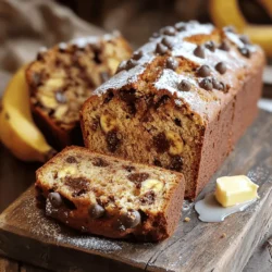 - 3 ripe bananas, thoroughly mashed - 1/2 cup unsalted butter, melted and slightly cooled - 3/4 cup packed brown sugar - 1 large egg, beaten until frothy - 1 teaspoon pure vanilla extract - 1 teaspoon baking soda - 1/4 teaspoon fine sea salt - 1 1/2 cups all-purpose flour - 1/2 cup semi-sweet chocolate chips - 1/4 cup walnuts or pecans, chopped (optional) When I make chocolate chip banana bread, I love the smell of ripe bananas. They bring natural sweetness and moisture to the bread. You want to use bananas that are very ripe. This means they should have dark spots. The more spots, the sweeter they are. Next, I use unsalted butter. It gives a rich flavor, and I melt it before adding. The brown sugar adds a deep sweetness. It also makes the bread moist. I always beat the egg well. This helps to bring air into the mix. The vanilla extract adds a warm flavor that pairs perfectly with bananas and chocolate. Baking soda is key for rising. It reacts with the bananas and gives the bread a nice lift. The sea salt helps balance the sweetness. I use all-purpose flour for the base. It keeps the bread light and fluffy. The chocolate chips? They are the best part! I like semi-sweet for a good mix of sweet and rich. If you like nuts, add walnuts or pecans. They add a nice crunch and flavor. All these ingredients come together to make a delicious treat. You can find the full recipe to guide you through each step. Enjoy baking! - Preheat the oven to 350°F (175°C). Prepare a 9x5 inch loaf pan by greasing it or lining it with parchment paper. - In a large bowl, combine 3 ripe bananas, thoroughly mashed, with 1/2 cup of melted butter. Mix well until smooth. - Next, add in 3/4 cup packed brown sugar, 1 beaten large egg, and 1 teaspoon of pure vanilla extract. Stir until everything blends well. - Sprinkle 1 teaspoon of baking soda and 1/4 teaspoon of fine sea salt over the mixture. Gently mix so the leavening agents are evenly spread. - Gradually add 1 1/2 cups of all-purpose flour to the bowl. Mix gently until just combined, taking care not to over-mix. - Fold in 1/2 cup of semi-sweet chocolate chips and, if you like, 1/4 cup of chopped walnuts or pecans. Make sure they are mixed in evenly. - Pour the batter into the prepared loaf pan, smoothing the top with a spatula. - Bake in the preheated oven for 60-65 minutes. Check if it’s done by inserting a toothpick in the center. It should come out clean or with a few moist crumbs. - After baking, let the bread cool in the pan for about 10 minutes. Then, transfer it to a wire rack to cool completely before slicing. - For serving, slice the banana bread into even pieces. Arrange them on a rustic board. Dust with powdered sugar for a sweet touch or serve warm with butter. Enjoy your delicious creation! To get the best texture in your chocolate chip banana bread, use ripe bananas. Ripe bananas are sweeter and softer, which helps create a moist bread. You want bananas that are brown and spotty on the skin. This means they are perfect for baking. Avoid over-mixing your batter. When you mix too much, the bread can become dense and tough. Stir just until the flour blends in. This makes your bread light and fluffy. Adding spices like cinnamon or nutmeg can really boost the flavor. A dash of cinnamon gives warmth and depth. Nutmeg adds a nice, subtle hint. Try adding a teaspoon of either spice when you mix in the dry ingredients. Choosing the right chocolate chips also matters. Semi-sweet chocolate chips work well, but feel free to use dark or milk chocolate. Each type gives a different taste. I love mixing in some white chocolate chips for a fun twist. If you have dietary needs, don't worry! You can substitute ingredients easily. For a vegan option, use applesauce instead of eggs. Swap in coconut oil for butter if you want a dairy-free bread. You can also use different nuts or chocolates. Walnuts add a nice crunch, but pecans work too. Want a nut-free version? Just leave them out! You can even add dried fruits or coconut for added flavor and texture. {{image_4}} To make a nut-free version, simply leave out the nuts from the recipe. You can enjoy the same rich flavor without any added crunch. If you're using the chocolate chips, check if they are nut-free. Many brands offer safe options for those with allergies. For a gluten-free banana bread, replace the all-purpose flour with a gluten-free blend. Look for a mix that contains xanthan gum. This helps to maintain the bread's texture. You might need to adjust the baking time. Keep an eye on it as it bakes. A toothpick test will help you know when it’s done. You can get creative with mix-ins! Try adding dried fruits like raisins or cranberries for a sweet twist. Shredded coconut can also give your bread a tropical touch. Feel free to experiment with spices like cinnamon or nutmeg for added warmth. Each option can change the taste and make your banana bread special. To keep your chocolate chip banana bread fresh, wrap it in plastic wrap. You can also use aluminum foil. Store it in a cool, dry place for best results. If you want to keep it longer, refrigerate it. This can help it last a few days more. For even longer storage, freeze the bread. Cut it into slices and wrap each slice tightly. This makes it easy to grab one when you want a treat. Chocolate chip banana bread stays fresh for about 3 to 4 days at room temperature. If you store it in the fridge, it can last up to a week. Look for signs of spoilage, like mold or an off smell. If the bread feels very dry or hard, it’s time to toss it. You want the bread to be soft and moist for the best taste. When you’re ready to eat your frozen banana bread, take it out and let it thaw. You can leave it at room temperature for a few hours. For quicker results, use the microwave. Just heat it for about 15 to 30 seconds. If you want a warm slice, you can toast it in a toaster oven. This warms it perfectly while adding a nice touch of crispness. Enjoy your delicious leftovers! Yes, you can use frozen bananas. Just thaw them first. They should be very soft. This helps create a moist and tasty bread. You can use applesauce or mashed flaxseeds as an egg substitute. Use 1/4 cup of applesauce for each egg. For flaxseed, mix 1 tablespoon of flaxseed meal with 2.5 tablespoons of water. Let it sit for a few minutes. Check the bread after 60 minutes. Stick a toothpick in the center. It should come out clean or with a few moist crumbs. If wet batter sticks to it, bake a little longer. Yes, mini loaves work great! Just adjust the baking time. Bake them for about 25-30 minutes. Check with a toothpick to see if they are done. Absolutely! You can mix in peanut butter or caramel for extra flavor. Just be careful not to add too much, or it may change the texture. Enjoy experimenting with different flavors! This article covered the key ingredients and steps for making delicious banana bread. We explored tips for better texture and flavor, along with storage methods. Remember to use ripe bananas and mix carefully for the best results. You can even tweak the recipe to suit your tastes or dietary needs. Enjoy your homemade banana bread and share it with others! Simple, tasty, and perfect for everyone.