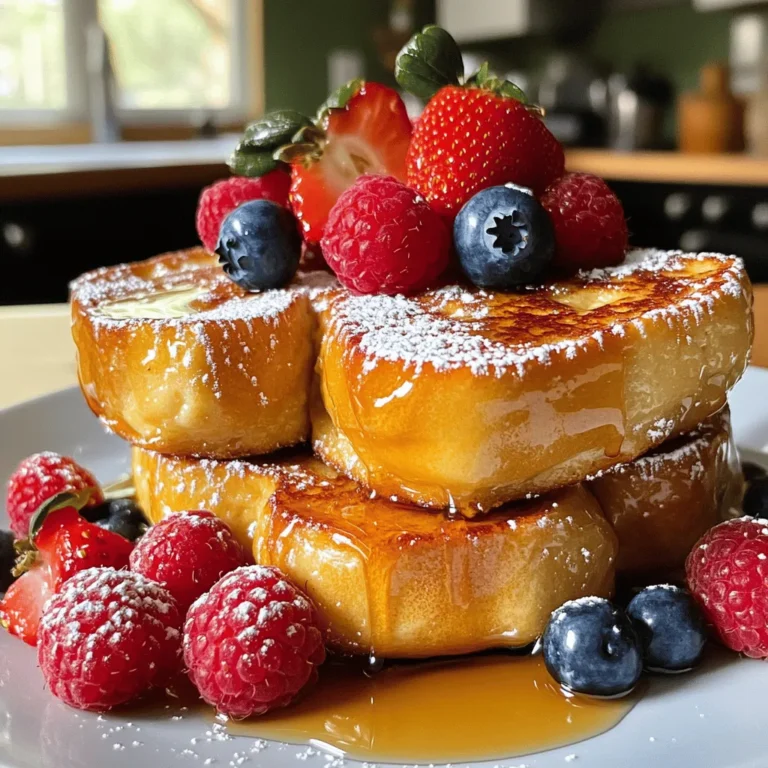To make easy baked French toast, you need the following items: - 6 slices of thick bread (preferably challah or brioche for a rich flavor) - 4 large eggs - 1 cup whole milk - 1/2 cup heavy cream - 1/4 cup pure maple syrup - 1 teaspoon vanilla extract - 1/2 teaspoon ground cinnamon (plus extra for garnish, if desired) - A pinch of salt - Fresh berries (such as strawberries, blueberries, or raspberries) for topping - Powdered sugar for a light dusting Using fresh ingredients makes a big difference. Fresh bread gives a soft texture. Fresh eggs add richness and flavor. Whole milk and heavy cream create a creamy mix. Fresh berries add a burst of sweetness. When you use fresh ingredients, your French toast tastes better and looks more inviting. You might not have all the ingredients on hand. Here are some easy swaps: - Bread: Use any thick bread like sourdough or whole wheat. - Milk: Almond milk or oat milk works well if you need a dairy-free option. - Cream: You can skip the cream and use more milk instead. - Maple Syrup: Honey or agave syrup can replace maple syrup for sweetness. - Cinnamon: Nutmeg or pumpkin spice adds a fun twist. For more details, check the Full Recipe. First, gather all your ingredients. You will need thick bread, eggs, milk, cream, maple syrup, vanilla, cinnamon, salt, berries, and powdered sugar. Preheat your oven to 350°F (175°C). Grease a 9x13 inch baking dish with butter or spray. Next, place the slices of bread in the dish. Let them overlap a bit to soak well. In a large bowl, whisk the eggs, milk, cream, syrup, vanilla, cinnamon, and salt together. Make sure it is smooth and a little frothy. Now, pour this mixture over the bread. Make sure every slice gets coated. Cover the dish with plastic wrap and chill in the fridge for at least 30 minutes, or overnight for best results. Take the dish out of the fridge and remove the wrap. If you want, sprinkle some cinnamon on top. Place the dish in your preheated oven. Bake for 30 to 35 minutes. The French toast should rise and turn a lovely golden brown. While it bakes, prepare your berry topping. Mix your chosen fresh berries in a bowl. You can add a splash of maple syrup for extra sweetness. Once baked, let the dish cool for a few minutes. Serve it warm with the berry topping and a dusting of powdered sugar. For the best flavor, use high-quality ingredients. Fresh eggs and real maple syrup make a big difference. Always whisk the egg mixture well for an even blend. Try soaking the bread overnight. This gives the flavors time to blend and the bread to soak fully. When serving, keep it simple. A light dusting of powdered sugar and fresh berries make it look nice without extra fuss. If you want to make it special, drizzle more maple syrup on top. For more details, check the Full Recipe. Soaking the bread overnight makes a big difference. It lets the bread soak up the egg mix fully. This gives the French toast a richer taste. It also helps the bread stay soft inside while the outside gets golden. You can prepare it the night before and bake it in the morning. It's perfect for busy days. Adding fresh berries on top is a must! Strawberries, blueberries, and raspberries add color and flavor. You can sprinkle powdered sugar to make it look pretty. Drizzling maple syrup adds a sweet touch. For extra flavor, try a dash of cinnamon on top. These simple garnishes make your dish shine. One common mistake is not using thick bread. Thin bread can become mushy. Always choose thick slices like challah or brioche. Another mistake is not letting it soak long enough. If you don’t soak it well, it won’t taste as good. Lastly, avoid skipping the butter or spray in the baking dish. This prevents sticking and makes cleanup easier. {{image_4}} You can boost flavor with easy additions. Try adding nutmeg or orange zest. Fresh zest brings a bright taste. A sprinkle of nutmeg offers warmth. Both flavors mix well with cinnamon. They can elevate your baked French toast to a new level. If you need gluten-free options, swap the bread. Look for gluten-free bread brands. Many are soft and tasty. This way, everyone can enjoy the dish. You can also use almond milk or oat milk for a dairy-free version. This keeps the recipe friendly for most diets. Toppings can make your dish shine. Fresh berries add color and taste. You can use strawberries, blueberries, or raspberries. Drizzle with pure maple syrup for sweetness. Powdered sugar gives a lovely finish. You might even add whipped cream for a special treat. Each topping adds its own flair, making your meal fun and delicious. For the full recipe, check out the Deliciously Easy Baked French Toast section. You can store leftover baked French toast in an airtight container. Place it in the fridge. It will stay fresh for up to three days. Make sure to let it cool to room temperature before sealing. This will keep it from getting soggy. To reheat, you can use the oven or microwave. If you use the oven, set it to 350°F (175°C). Place the slices on a baking sheet for about 10-15 minutes. Cover them with foil to keep them moist. If you use the microwave, warm each slice for 30 seconds at a time. Check to see if it's hot enough before adding more time. You can freeze baked French toast for up to two months. Let it cool completely first. Wrap each slice in plastic wrap, then place them in a freezer bag. When you're ready to eat, thaw them in the fridge overnight. You can then reheat as mentioned above or pop them in the toaster for a quick breakfast. For the full recipe, check out the deliciously easy baked French toast! You can prepare Easy Baked French Toast the night before. Just follow these steps: - Make the egg mixture and soak the bread as usual. - After pouring the mixture over the bread, cover the dish tightly with plastic wrap. - Place it in the fridge overnight. This soak helps the bread absorb the flavors. - When ready, simply bake it in the morning as directed. It saves time and tastes great! Yes! You can use many types of bread for this recipe. Here are some options: - Sourdough for a tangy flavor. - Whole wheat for a healthier choice. - Gluten-free bread if needed. - Even croissants can work for a rich taste. Each type will give a unique taste and texture, so feel free to experiment! Baked French toast is great with many sides. Here are some of my favorites: - Crispy bacon or sausage adds a savory touch. - Fresh fruit like berries or bananas brightens the meal. - Yogurt can give a creamy, smooth contrast. - A drizzle of maple syrup on top is always a hit! These pairs make your breakfast even more delightful and satisfying. To wrap it up, we talked about making easy baked French toast. Fresh ingredients boost flavor, while substitutions can fit your needs. I shared steps and tips for a perfect bake. You learned how to store and reheat leftovers effectively. Explore flavor variations to keep it exciting. With these tips, you can enjoy a tasty breakfast any day. Remember, cooking is fun. So, have fun and get creative!