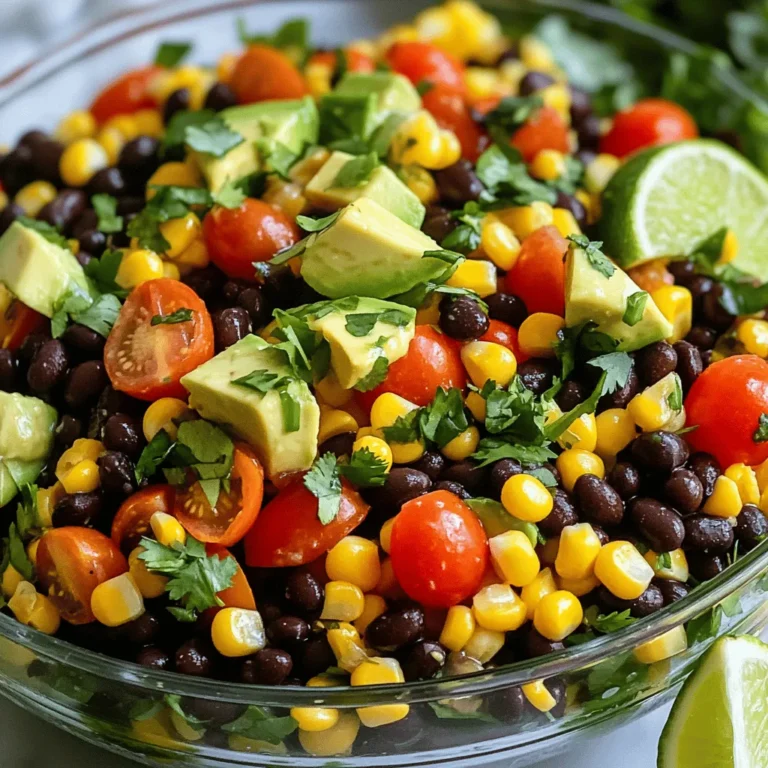 - 2 cups canned black beans, rinsed and drained - 1 cup corn kernels (fresh or thawed frozen) - 1 red bell pepper, diced - 1 small red onion, finely chopped - 1 ripe avocado, diced - 1 cup cherry tomatoes, halved - 1/4 cup fresh cilantro, chopped - 3 tablespoons freshly squeezed lime juice - 2 tablespoons extra virgin olive oil - 1 teaspoon ground cumin - 1 teaspoon chili powder - Salt and freshly ground black pepper For a vibrant Southwest Black Bean Salad, gather these fresh ingredients. The black beans add protein and fiber, making this dish filling. Corn adds a sweet crunch. The red bell pepper brings a pop of color and flavor. Chopped red onion gives a nice bite. Creamy avocado makes each bite smooth. Cherry tomatoes add freshness and juiciness. Lastly, cilantro adds a burst of herbaceous flavor. Now, let’s talk about the dressing. Fresh lime juice provides a zesty kick that brightens the salad. Extra virgin olive oil gives richness and a healthy fat source. Ground cumin and chili powder bring warmth and depth. Don’t forget to season with salt and freshly ground black pepper to taste. Make sure you check out the Full Recipe for exact measurements and detailed steps. Enjoy the freshness of this salad! - Start with a large mixing bowl. Add the rinsed black beans and corn. Stir them gently to mix. - Next, add the diced red bell pepper, chopped red onion, and halved cherry tomatoes. Mix lightly. - Carefully fold in the diced avocado and chopped cilantro. Take care not to mash the avocado. - In a small bowl, whisk together the lime juice, olive oil, ground cumin, and chili powder. Mix until smooth. - Drizzle the dressing over the salad ingredients. Toss everything gently to coat well. - Season the salad with salt and freshly ground black pepper to taste. Adjust the flavors as needed. - Cover the salad and refrigerate for at least 30 minutes. This allows the flavors to meld beautifully. You can find the full recipe above to guide you through the steps! To make your Southwest Black Bean Salad shine, consider these simple steps. - Recommended garnishes: Fresh cilantro and lime wedges add zest. You can also sprinkle some queso fresco for a creamy touch. - Importance of resting time: Let the salad chill in the fridge for at least 30 minutes. This resting time helps the flavors blend well. You will taste the difference! Pair your salad with grilled chicken or shrimp for a tasty meal. It also goes well with tortilla chips for a fun snack. For presentation, use a clear glass bowl to show off the colorful ingredients. A vibrant salad invites everyone to dig in. Add some extra cilantro on top for a fresh look. {{image_4}} You can easily change some ingredients to fit your taste. Adding different beans or legumes can change the flavor. For example, try pinto beans or chickpeas for a new twist. You can also add other vegetables. Sliced jalapeños give heat, while cucumbers add crunch. Be creative! Making this salad vegan-friendly is simple. All the main ingredients are already plant-based. Just ensure your dressing uses vegan oil. If you need gluten-free options, this salad is naturally gluten-free. Check any additional ingredients like dressings or toppings to keep it safe. Enjoy this dish without worry! To store leftovers, place the salad in an airtight container. This keeps it fresh for up to three days. If you want to enjoy the salad later, avoid adding the dressing until you're ready to eat. This helps the ingredients stay crisp. Store the dressing separately in a small jar. When you're ready to eat, just pour it over the salad and mix it well. You can freeze this salad, but it changes the texture. If you want to freeze it, skip the avocado, tomatoes, and cilantro. These ingredients do not freeze well. Instead, pack the black beans, corn, and peppers in a freezer-safe bag. When you want to eat it, thaw it overnight in the fridge. Then, add the fresh ingredients and dressing. This way, you keep that tasty, fresh flavor. - Prep time: 15 minutes - Total time: 45 minutes Yes, you can make this salad ahead of time. I recommend preparing it a few hours before serving. This will let the flavors blend well. Just cover it and keep it in the fridge. Absolutely! You can change the salad to fit your tastes. Here are some ideas: - Swap black beans for pinto or kidney beans. - Add jalapeños for some heat. - Toss in diced cucumbers for crunch. - Replace the avocado with diced mango for a sweet twist. Feel free to mix and match ingredients to find your perfect flavor! For the full recipe, check out the Zesty Southwest Black Bean Salad. This blog post covered a tasty Southwest Black Bean Salad. You learned about the fresh ingredients, how to prepare the salad and dressing, plus tips for flavor and serving. Make it your own with ingredient swaps or dietary changes. Store leftovers properly to keep it fresh. Now it’s time to enjoy this colorful dish at your next meal. I hope you get creative and have fun making it!