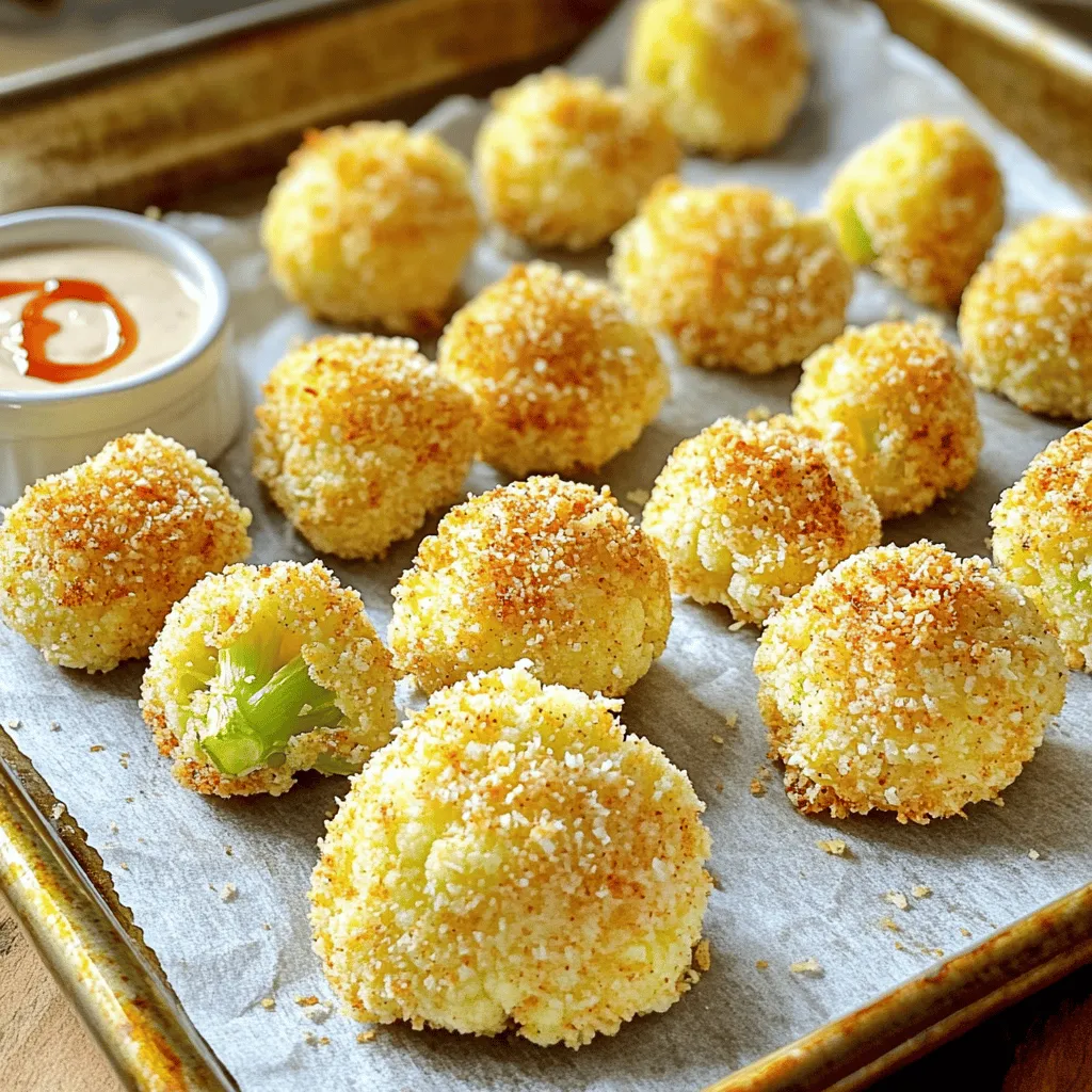 - 1 large head of cauliflower, cut into bite-sized florets - 1 cup all-purpose flour (or substitute with gluten-free flour if desired) - 1 cup breadcrumbs (opt for panko for an extra crispy texture) - 1 teaspoon garlic powder - 1 teaspoon onion powder - 1 teaspoon smoked paprika for a deeper flavor - ½ teaspoon sea salt - ½ teaspoon freshly ground black pepper - 2 large eggs - 1 tablespoon extra virgin olive oil - Optional: Your favorite hot sauce or other dipping sauces for serving To make crispy cauliflower nuggets, you need simple ingredients. The main star is the cauliflower. Choose a large head that you can easily cut into florets. This is key for even cooking. Next, you'll need flour. All-purpose flour works great, but you can switch to gluten-free flour if needed. The flour helps the coating stick. Breadcrumbs are a must for that crunch. I suggest panko breadcrumbs. They give the nuggets a light, crispy texture. Seasonings bring flavor to your nuggets. Garlic powder, onion powder, and smoked paprika add depth. Don't forget the salt and black pepper for balance. Eggs bind everything together. They help the flour and breadcrumbs cling to the cauliflower. Lastly, a bit of olive oil adds richness and flavor. You can serve these nuggets with your favorite hot sauce or other dips. They are perfect for sharing at any gathering. For the full recipe, check out the recipe section. - Preheat your oven to 425°F (220°C). This helps the nuggets crisp up well. - Line a large baking sheet with parchment paper. This makes cleanup much easier. - In a mixing bowl, combine 1 cup of flour, 1 teaspoon of garlic powder, 1 teaspoon of onion powder, 1 teaspoon of smoked paprika, ½ teaspoon of sea salt, and ½ teaspoon of black pepper. Whisk these dry ingredients until they mix well. - In another bowl, crack 2 large eggs and beat them lightly. Add 1 tablespoon of olive oil to the eggs and mix until combined. - Take each cauliflower floret and dip it into the flour mixture. Make sure to cover every side. - Next, immerse the floret in the egg mixture. Let any extra egg drip off. - Finally, coat the floret in the breadcrumbs. Gently press to help them stick well. - Arrange the coated nuggets on the prepared baking sheet. Leave space between each one. This helps them cook evenly. - Bake the nuggets for 25-30 minutes. Flip them halfway through to get a nice golden color. - After baking, let the nuggets cool for a few minutes before serving. Enjoy your crispy cauliflower nuggets with your favorite dipping sauce or a drizzle of hot sauce! For the full recipe, refer to the ingredients section above. To make crispy cauliflower nuggets, spacing is key. Arrange each floret on the baking sheet with space between them. This allows hot air to flow around each piece, helping them crisp up. The best baking temperature for these nuggets is 425°F (220°C). This heat cooks the cauliflower well and gives it a golden color. If your oven has a fan, it can help them crisp even more. If you need a gluten-free option, replace all-purpose flour with gluten-free flour. This swap keeps the recipe tasty while meeting dietary needs. For a vegan alternative to eggs, try using a flaxseed meal. Mix 1 tablespoon of flaxseed meal with 2.5 tablespoons of water. Let it sit for 5 minutes until it thickens. This mix works well to bind the ingredients. To boost flavor, consider adding spices like cayenne pepper or cumin. These spices give your nuggets a kick. Fresh herbs like parsley or cilantro can add a nice touch, too. When it comes to breadcrumbs, panko gives a crunchier texture. You can also use crushed cornflakes for a different bite. Experimenting with different breadcrumbs adds fun to the dish. For the full recipe, check the earlier section! {{image_4}} You can change the flavors of your crispy cauliflower nuggets in fun ways. To make spicy cauliflower nuggets, add cayenne pepper or chili powder. This will give them a nice kick. You can also mix in some garlic powder for more depth. If you love cheesy flavors, consider adding nutritional yeast or shredded cheese. Nutritional yeast gives a great cheese-like taste without dairy. If you want to use cheese, go for sharp cheddar or mozzarella. Both options will make the nuggets rich and tasty. You can cook these nuggets in different ways. Using an air fryer is a popular choice. It makes the nuggets super crispy while using less oil. Just set the air fryer to 400°F (200°C) and cook for about 15 minutes, flipping halfway through. If you prefer stovetop frying, you can do that too. Heat oil in a pan over medium heat. Add the nuggets in batches and fry until golden brown. This method gives them a different texture that's also delicious. Crispy cauliflower nuggets pair well with many sauces. Try them with ranch, barbecue, or hot sauce for a tasty dip. You can also serve them with a yogurt-based sauce for a refreshing twist. You can mix these nuggets into salads or wraps for a hearty meal. They add crunch and flavor. Toss them in a fresh salad or wrap them in a tortilla with veggies. For more details, check out the Full Recipe. To store leftover crispy cauliflower nuggets, let them cool first. This helps keep them from getting soggy. Place them in an airtight container. This keeps moisture out and flavor in. I recommend using glass containers. They are easy to clean and do not absorb odors. If you want to freeze your nuggets, first let them cool completely. Lay them flat on a baking sheet. Freeze them for about an hour until solid. Then, transfer them to a freezer bag. Squeeze out as much air as you can before sealing. To reheat, bake them in the oven at 400°F (200°C) until they are hot and crispy again. In the fridge, these nuggets last about 3 to 4 days. In the freezer, they can stay good for up to 3 months. Always check for any off smells or signs of freezer burn before eating. Enjoy your crispy cauliflower nuggets anytime by storing them right! To keep your cauliflower nuggets crispy, here are some tips: - Serve Immediately: Enjoy them fresh from the oven for the best crunch. - Use a Rack: Place them on a cooling rack; this prevents steam from making them soggy. - Avoid Overcrowding: Spread them out on the baking sheet. This helps air circulate. - Store Properly: If you have leftovers, store them in an airtight container. Reheat them in an oven, not a microwave. This keeps the texture crispy. Yes, you can prepare these nuggets ahead of time. Here’s how: - Prep and Store: Coat the cauliflower and place it on a baking sheet. Cover it with plastic wrap and keep it in the fridge for up to 24 hours. - Freezing Option: You can freeze the coated nuggets. Lay them on a baking sheet, freeze for an hour, then transfer to a bag. They can last up to three months. - Reheating: When ready to cook, bake from frozen. Increase the baking time by about 10 minutes for a perfect crunch. Crispy cauliflower nuggets offer several health benefits: - Lower Calories: Compared to traditional chicken nuggets, cauliflower has fewer calories. - High in Fiber: Cauliflower is rich in fiber, aiding digestion and promoting fullness. - Nutrient-Dense: It contains vitamins C and K, plus antioxidants that support health. - Versatile: You can make them gluten-free or vegan, allowing everyone to enjoy them. Try this full recipe to make your own crispy cauliflower nuggets and enjoy a tasty and healthier snack! This blog post covers all you need to make crispy cauliflower nuggets. You learned about the ingredients, preparation steps, and helpful tips for the perfect bake. We explored flavor variations and serving ideas for maximum enjoyment. In the end, these nuggets offer a tasty and healthier snack option. Whether you enjoy them fresh or save leftovers for later, they are sure to please. Get creative with spices and sauces to make them uniquely yours!