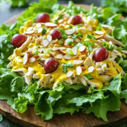 To make a great curry chicken salad, gather these key ingredients: - 2 cups cooked chicken, shredded - 1/2 cup Greek yogurt (plain) - 1 tablespoon curry powder (adjust based on spice preference) - 1 tablespoon honey (or maple syrup for a vegan option) - 1/4 cup celery, finely diced - 1/4 cup red grapes, halved - 1/4 cup slivered almonds (toasted for extra flavor) - 1/4 cup green onions, chopped - Salt and freshly cracked black pepper, to taste - Large lettuce leaves (such as romaine or butter lettuce), for serving You can switch things up with some fun alternatives. Try these: - Swap Greek yogurt for avocado or cashew cream for a creamier base. - Use dried cranberries instead of grapes for a different sweetness. - Substitute pecans or walnuts for almonds if you prefer a different nut flavor. - Replace chicken with chickpeas for a plant-based option. If you run out of something, here are some easy swaps: - Use sour cream in place of Greek yogurt for a tangy twist. - Honey can be replaced with agave syrup if you're vegan. - Use any nuts you have on hand instead of slivered almonds. - Add fresh herbs like cilantro or parsley for a fresh touch. This recipe gives you room to play with flavors while keeping it healthy. Explore the Full Recipe for more details! Start by making the dressing. Grab a large mixing bowl. Add the Greek yogurt, curry powder, honey, salt, and black pepper. Use a whisk to mix until it becomes smooth. This dressing is the heart of your curry chicken salad. The yogurt adds creaminess, while the curry brings a warm spice. Now, take your cooked chicken and shred it into bite-sized pieces. Add the shredded chicken to the bowl with the dressing. Stir gently to coat all the chicken. Make sure every piece is covered in that tasty dressing. This step ensures each bite bursts with flavor. Next, it’s time to add some crunch and sweetness. Fold in the diced celery, halved grapes, toasted almonds, and chopped green onions. Mix everything together well. This adds texture and color to your salad. Taste your mixture. Adjust the seasoning if you want it sweeter or spicier. Serve the salad in large lettuce leaves for a fun twist. For the full recipe, check out the details above. To change the spice level in your curry chicken salad, start with the curry powder. If you like heat, add more curry powder. For a milder flavor, reduce the amount. You can also mix in some yogurt to cool it down. Taste as you go. This helps you find the perfect balance for your palate. When serving your curry chicken salad, use large lettuce leaves. They create a nice wrap for the salad. Arrange the stuffed leaves on a platter. For a pop of color, add some fresh herbs around the salad. Drizzling extra yogurt on the plate also looks nice. It makes your dish more inviting and fun. One common mistake is not mixing the dressing well. Ensure the yogurt and spices blend smoothly. Another mistake is over-seasoning. Start with a little salt and pepper, then adjust. Finally, don’t skip fresh ingredients like celery and grapes. They add crunch and sweetness, which make the salad great. {{image_4}} You can make a vegan version of curry chicken salad. Swap the chicken for chickpeas. Chickpeas add protein and a nice texture. Use vegan yogurt instead of Greek yogurt. This keeps the salad creamy. You can also add diced avocado for extra richness. For a gluten-free salad, ensure the yogurt is gluten-free. Most plain yogurts are safe, but always check labels. Use gluten-free nuts, like almonds or walnuts. These nuts add crunch and flavor without gluten. Try different fruits and nuts to change up the flavor. Pineapple or apple can add sweetness. Dried cranberries or raisins can give a nice chew. For nuts, consider walnuts or pecans. They bring a new taste and texture. Experiment with what you love. This makes each salad unique and fun. Enjoy your curry chicken salad with your favorite twists! For the complete recipe, check the Full Recipe section. To keep your curry chicken salad fresh, place it in an airtight container. This helps lock in flavors and moisture. Make sure to store it in the fridge. It will stay good for about 3 to 4 days. If you notice any change in smell or color, it’s best to throw it out. You can freeze curry chicken salad, but it might change texture. To freeze, put the salad in a freezer-safe container. Leave some space at the top for expansion as it freezes. It can last up to 3 months in the freezer. Thaw it in the fridge overnight before you eat it. Reheating is not usually needed, as this salad is best served cold. If you must warm it, do so gently. Use a microwave-safe dish and heat in short bursts. Stir often to avoid hot spots. Add a bit of yogurt to regain creaminess if it seems dry. Enjoy your flavorful meal! You can serve curry chicken salad with many sides. It pairs well with crusty bread or crackers. You can also add a fresh side salad for more crunch. A bowl of fruit is a sweet choice too. Try pairing it with a light soup for a full meal. You can use the salad as a filling for wraps or sandwiches to mix things up. Yes, you can use canned chicken. It is a quick option and saves time. Just drain the chicken well before mixing it with other ingredients. Make sure to break it up into smaller pieces. This helps it blend well with the dressing and other ingredients. The flavors will still shine through, making a tasty dish. Curry chicken salad lasts about three to four days in the fridge. Keep it in an airtight container to keep it fresh. Make sure to check for any changes in smell or texture before eating. If you notice anything off, it’s best to throw it away. Enjoy it within this time for the best taste and quality. In this blog post, I covered all you need for a tasty curry chicken salad. We explored the key ingredients, how to mix them, and ways to adjust flavors. I also shared tips on serving and storing your salad. Remember, you can customize it for vegan or gluten-free diets too. Keep these points in mind, and you’ll make a salad that everyone loves. Enjoy creating your perfect dish, and don’t be afraid to experiment!