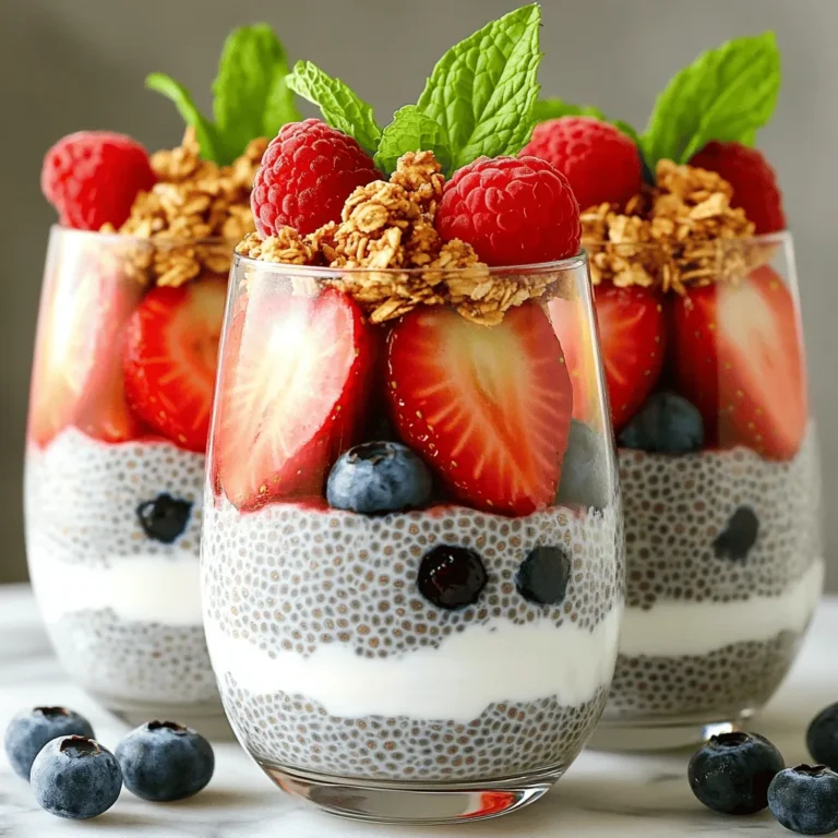 List of Ingredients - 1 cup almond milk (or any preferred plant-based milk) - 1/4 cup chia seeds - 2 tablespoons maple syrup (adjust according to your desired sweetness) - 1 teaspoon vanilla extract - 1 cup mixed berries (such as strawberries, blueberries, and raspberries) - 1 cup Greek yogurt (or plant-based yogurt alternative) - 2 tablespoons granola (for added crunch) - Fresh mint leaves (for a delightful garnish) To make berry chia pudding parfaits, you need simple and healthy ingredients. Almond milk serves as a creamy base. I love using almond milk for its mild flavor. Chia seeds are the star here. They soak up liquid and turn creamy. Maple syrup adds a natural sweetness. A touch of vanilla extract makes the flavor pop. Mixed berries give a burst of color and taste. I like strawberries, blueberries, and raspberries for a mix. Greek yogurt adds richness and protein. You can also use plant-based yogurt if needed. Granola provides a nice crunch on top. Finally, fresh mint leaves add a bright touch. This combination creates a delicious treat. You can find the full recipe in the article. To start, gather your ingredients. In a mixing bowl, pour in 1 cup of almond milk. Next, add 1/4 cup of chia seeds, 2 tablespoons of maple syrup, and 1 teaspoon of vanilla extract. Whisk the mixture well until it looks smooth. Make sure no chia seeds clump together. After mixing, cover the bowl with plastic wrap or a lid. Place it in the refrigerator. Chill the mixture for at least 4 hours, or better yet, overnight. This waiting time allows the chia seeds to soak up the almond milk. They will swell and create a creamy pudding-like texture. Once your chia pudding is ready, take it out of the fridge. Now, grab your fresh mixed berries. Rinse them under cold water. If you use strawberries, slice them into smaller pieces if you prefer. To build your parfaits, add a generous layer of chia pudding to the bottom of your serving glasses. Use a spoon to create a smooth base. After that, add a spoonful of Greek yogurt on top. Spread it evenly to add rich creaminess. Next, layer in your mixed berries. Arrange them beautifully over the yogurt. Keep layering with chia pudding, yogurt, and berries until your glasses are full. Finish with a top layer of mixed berries for a vibrant touch. For the best finish, sprinkle granola on each parfait. This adds a nice crunch. Then, garnish with fresh mint leaves. They bring a splash of color and a hint of freshness. For a beautiful display, serve the parfaits in clear glasses. This way, everyone can see the colorful layers. If you're feeling fancy, use a larger glass for a more indulgent portion. Enjoy your Berry Chia Pudding Parfaits! To make great chia pudding, soak the seeds for at least four hours. I prefer to let them sit overnight. This gives the seeds time to absorb the liquid and become thick. Adjust the sweetness by adding more or less maple syrup. Start with two tablespoons, then taste. You can always add more if you want it sweeter. For a fun twist, add layers of fruit and yogurt to your chia pudding. Mix in nuts or seeds for added crunch. When serving, think about the occasion. A small glass works for snacks, while a large glass suits a dessert. Always use clear glasses for serving. This lets people see the colorful layers, making it more appealing. Garnish with fresh mint leaves or a sprinkle of granola on top. This adds flavor and makes your parfaits look stunning. For the full recipe, refer to the earlier section. {{image_4}} You can mix many fruits with your chia pudding. Berries are classic. Use strawberries, blueberries, or raspberries. They add great taste and color. You can also try bananas, peaches, or mangoes. Seasonal fruits work well too. In summer, use fresh peaches. In fall, add apples or pears. The options are endless! If you want a vegan option, swap Greek yogurt for plant-based yogurt. Almond milk and maple syrup are already vegan. For a sugar-free option, use a sugar substitute. You can use stevia or erythritol instead of maple syrup. This way, you can enjoy a sweet treat without added sugar. Want to spice things up? Add a dash of cinnamon or nutmeg for warmth. These spices bring out the flavor of the fruits. If you're a chocolate lover, mix in cocoa powder. This gives a rich, chocolate twist to your parfaits. You can easily customize it to fit your taste! To keep your berry chia pudding parfaits fresh, store them in the fridge. Use airtight containers. I like glass jars; they look nice and are easy to clean. If you have leftover parfaits, make sure to cover them well. This keeps the flavors intact and prevents them from drying out. These parfaits can last in the refrigerator for about 3 days. After that, they might lose flavor and texture. Watch for signs of spoilage. If you see mold or a strange smell, it’s best to toss them. Freshness matters for taste! You can freeze chia pudding if needed. Just scoop it into a freezer-safe container. Leave some space at the top, as it expands when frozen. To thaw, place it in the fridge overnight. This keeps the texture smooth. Avoid microwaving; it can make it watery. Enjoy your delicious treat even longer! Chia seeds are tiny but mighty. They pack a lot of nutrition. A 28-gram serving has 11 grams of fiber and 4 grams of protein. They also contain omega-3 fatty acids, which help heart health. Chia seeds are rich in antioxidants, which fight free radicals in the body. This makes them a superfood that supports overall wellness. Yes, you can make this recipe ahead of time. Simply prepare the chia pudding the night before. This allows the seeds to swell and create a creamy texture. Chill it in the fridge for at least four hours. If you want the best results, let it sit overnight. This way, you have a quick and healthy treat ready to go! If you need a substitute for Greek yogurt, try regular yogurt. It has a similar taste and texture. You can also use non-dairy options like coconut or almond yogurt. These alternatives work well and keep the parfait creamy. Choose what fits your diet best! To enhance flavors, add a splash of lemon juice or a pinch of cinnamon. You can also mix in a layer of nut butter for richness. Try different textures by using nuts, seeds, or granola. These additions will make your parfait unique and delicious! For the full recipe, check out the Berry Chia Pudding Parfaits section. In this blog post, we explored how to make delicious Berry Chia Pudding Parfaits. We covered the key ingredients needed, like almond milk, chia seeds, and Greek yogurt. You learned the steps to prepare and assemble the parfaits, along with tips for perfecting the chia pudding. We discussed various fruit combinations and dietary options, plus how to store your parfaits properly. Now, you have all the tools to create delightful, customizable parfaits. Enjoy experimenting with flavors and presentations to make this recipe your own!