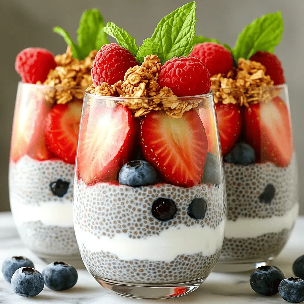 List of Ingredients - 1 cup almond milk (or any preferred plant-based milk) - 1/4 cup chia seeds - 2 tablespoons maple syrup (adjust according to your desired sweetness) - 1 teaspoon vanilla extract - 1 cup mixed berries (such as strawberries, blueberries, and raspberries) - 1 cup Greek yogurt (or plant-based yogurt alternative) - 2 tablespoons granola (for added crunch) - Fresh mint leaves (for a delightful garnish) To make berry chia pudding parfaits, you need simple and healthy ingredients. Almond milk serves as a creamy base. I love using almond milk for its mild flavor. Chia seeds are the star here. They soak up liquid and turn creamy. Maple syrup adds a natural sweetness. A touch of vanilla extract makes the flavor pop. Mixed berries give a burst of color and taste. I like strawberries, blueberries, and raspberries for a mix. Greek yogurt adds richness and protein. You can also use plant-based yogurt if needed. Granola provides a nice crunch on top. Finally, fresh mint leaves add a bright touch. This combination creates a delicious treat. You can find the full recipe in the article. To start, gather your ingredients. In a mixing bowl, pour in 1 cup of almond milk. Next, add 1/4 cup of chia seeds, 2 tablespoons of maple syrup, and 1 teaspoon of vanilla extract. Whisk the mixture well until it looks smooth. Make sure no chia seeds clump together. After mixing, cover the bowl with plastic wrap or a lid. Place it in the refrigerator. Chill the mixture for at least 4 hours, or better yet, overnight. This waiting time allows the chia seeds to soak up the almond milk. They will swell and create a creamy pudding-like texture. Once your chia pudding is ready, take it out of the fridge. Now, grab your fresh mixed berries. Rinse them under cold water. If you use strawberries, slice them into smaller pieces if you prefer. To build your parfaits, add a generous layer of chia pudding to the bottom of your serving glasses. Use a spoon to create a smooth base. After that, add a spoonful of Greek yogurt on top. Spread it evenly to add rich creaminess. Next, layer in your mixed berries. Arrange them beautifully over the yogurt. Keep layering with chia pudding, yogurt, and berries until your glasses are full. Finish with a top layer of mixed berries for a vibrant touch. For the best finish, sprinkle granola on each parfait. This adds a nice crunch. Then, garnish with fresh mint leaves. They bring a splash of color and a hint of freshness. For a beautiful display, serve the parfaits in clear glasses. This way, everyone can see the colorful layers. If you're feeling fancy, use a larger glass for a more indulgent portion. Enjoy your Berry Chia Pudding Parfaits! To make great chia pudding, soak the seeds for at least four hours. I prefer to let them sit overnight. This gives the seeds time to absorb the liquid and become thick. Adjust the sweetness by adding more or less maple syrup. Start with two tablespoons, then taste. You can always add more if you want it sweeter. For a fun twist, add layers of fruit and yogurt to your chia pudding. Mix in nuts or seeds for added crunch. When serving, think about the occasion. A small glass works for snacks, while a large glass suits a dessert. Always use clear glasses for serving. This lets people see the colorful layers, making it more appealing. Garnish with fresh mint leaves or a sprinkle of granola on top. This adds flavor and makes your parfaits look stunning. For the full recipe, refer to the earlier section. {{image_4}} You can mix many fruits with your chia pudding. Berries are classic. Use strawberries, blueberries, or raspberries. They add great taste and color. You can also try bananas, peaches, or mangoes. Seasonal fruits work well too. In summer, use fresh peaches. In fall, add apples or pears. The options are endless! If you want a vegan option, swap Greek yogurt for plant-based yogurt. Almond milk and maple syrup are already vegan. For a sugar-free option, use a sugar substitute. You can use stevia or erythritol instead of maple syrup. This way, you can enjoy a sweet treat without added sugar. Want to spice things up? Add a dash of cinnamon or nutmeg for warmth. These spices bring out the flavor of the fruits. If you're a chocolate lover, mix in cocoa powder. This gives a rich, chocolate twist to your parfaits. You can easily customize it to fit your taste! To keep your berry chia pudding parfaits fresh, store them in the fridge. Use airtight containers. I like glass jars; they look nice and are easy to clean. If you have leftover parfaits, make sure to cover them well. This keeps the flavors intact and prevents them from drying out. These parfaits can last in the refrigerator for about 3 days. After that, they might lose flavor and texture. Watch for signs of spoilage. If you see mold or a strange smell, it’s best to toss them. Freshness matters for taste! You can freeze chia pudding if needed. Just scoop it into a freezer-safe container. Leave some space at the top, as it expands when frozen. To thaw, place it in the fridge overnight. This keeps the texture smooth. Avoid microwaving; it can make it watery. Enjoy your delicious treat even longer! Chia seeds are tiny but mighty. They pack a lot of nutrition. A 28-gram serving has 11 grams of fiber and 4 grams of protein. They also contain omega-3 fatty acids, which help heart health. Chia seeds are rich in antioxidants, which fight free radicals in the body. This makes them a superfood that supports overall wellness. Yes, you can make this recipe ahead of time. Simply prepare the chia pudding the night before. This allows the seeds to swell and create a creamy texture. Chill it in the fridge for at least four hours. If you want the best results, let it sit overnight. This way, you have a quick and healthy treat ready to go! If you need a substitute for Greek yogurt, try regular yogurt. It has a similar taste and texture. You can also use non-dairy options like coconut or almond yogurt. These alternatives work well and keep the parfait creamy. Choose what fits your diet best! To enhance flavors, add a splash of lemon juice or a pinch of cinnamon. You can also mix in a layer of nut butter for richness. Try different textures by using nuts, seeds, or granola. These additions will make your parfait unique and delicious! For the full recipe, check out the Berry Chia Pudding Parfaits section. In this blog post, we explored how to make delicious Berry Chia Pudding Parfaits. We covered the key ingredients needed, like almond milk, chia seeds, and Greek yogurt. You learned the steps to prepare and assemble the parfaits, along with tips for perfecting the chia pudding. We discussed various fruit combinations and dietary options, plus how to store your parfaits properly. Now, you have all the tools to create delightful, customizable parfaits. Enjoy experimenting with flavors and presentations to make this recipe your own!