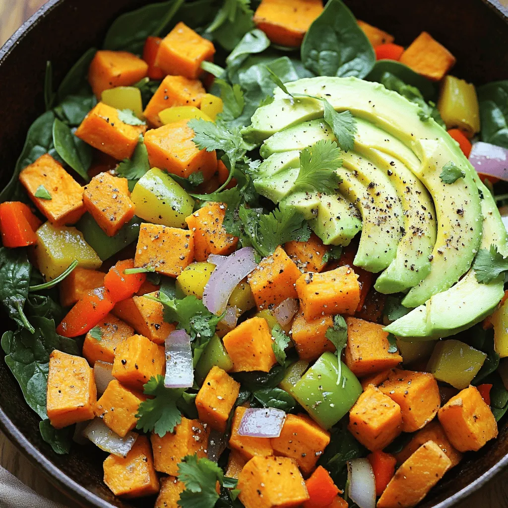 To make this Vegan Sweet Potato Breakfast Hash, gather these simple ingredients: - 2 medium sweet potatoes, peeled and diced - 1 red bell pepper, diced - 1 green bell pepper, diced - 1 small red onion, diced - 2 cups fresh baby spinach - 2 cloves garlic, minced - 1 teaspoon smoked paprika - 1 teaspoon ground cumin - ½ teaspoon chili powder - Salt and pepper to taste - 2 tablespoons olive oil - Fresh avocado slices, for serving - Fresh cilantro, for garnish When measuring your ingredients, keep these tips in mind: - Use a standard measuring cup for the sweet potatoes and spinach. - Dice the peppers and onion evenly for even cooking. - Measure spices with a teaspoon to avoid overpowering flavors. - Adjust salt and pepper to your taste at the end of cooking. This breakfast hash is not only tasty but also packed with nutrients: - Sweet Potatoes: Rich in beta-carotene and fiber. - Bell Peppers: High in vitamins A and C for immune support. - Spinach: Offers iron and calcium for strong bones. - Olive Oil: Provides healthy fats and antioxidants. - Avocado: Loaded with heart-healthy fats and potassium. Enjoy this delicious and nutritious meal any time of the day! For the full recipe, check the detailed cooking instructions above. To make vegan sweet potato breakfast hash, gather all your ingredients first. You need sweet potatoes, bell peppers, onion, spinach, garlic, and spices. This dish cooks quickly, so prep is key. Dice your veggies to ensure even cooking. 1. Heat the Oil: Start by heating 2 tablespoons of olive oil in a large skillet over medium heat. Wait about one minute for it to get hot. 2. Cook the Sweet Potatoes: Add 2 medium, diced sweet potatoes to the skillet. Season them with salt, pepper, 1 teaspoon smoked paprika, 1 teaspoon cumin, and ½ teaspoon chili powder. Sauté for about 10 minutes. Stir occasionally, so they cook evenly and get a nice color. 3. Add the Vegetables: Toss in 1 small diced red onion and 1 diced red and green bell pepper. Cook for 5-7 minutes. Stir often until the veggies soften and smell good. 4. Infuse with Garlic: Now, add 2 minced garlic cloves. Cook for another minute, just until it's fragrant. Be careful, as garlic can burn quickly. 5. Incorporate Spinach: Gently fold in 2 cups of fresh baby spinach. Stir for about 2-3 minutes until the spinach wilts and blends in with the other veggies. 6. Taste and Adjust: Taste your hash. If needed, add more salt and pepper to enhance the flavors. 7. Serve and Garnish: Remove the skillet from heat. Serve the hash hot, adding fresh avocado slices on top. Finish with fresh cilantro for a lovely touch. - Prep Time: 10 minutes - Cook Time: 15 minutes - Total Time: 25 minutes This simple yet delicious vegan sweet potato breakfast hash is quick to make. You can find the full recipe for more details and notes. Enjoy your cooking! To boost the flavor of your vegan sweet potato breakfast hash, focus on spice. Use fresh spices like smoked paprika and cumin. These spices add warmth and depth. You can also add a splash of lime juice for a zesty kick. Fresh herbs like cilantro elevate the dish too. They bring brightness and freshness. Don’t forget to taste as you cook. Adjust the salt and pepper to your liking. This simple step makes a big difference. The cooking technique is key to making this dish shine. Start with high heat to get a nice sear on the sweet potatoes. This caramelization brings out their natural sweetness. Stirring often helps cook them evenly. When you add the garlic, keep a close eye. Garlic can burn quickly and turn bitter. Adding spinach at the end keeps it bright and vibrant. Cook just until it wilts. This ensures it retains its nutrients and color. A few common mistakes can ruin your hash. First, don’t overcrowd the pan. This can lead to steaming instead of sautéing. Give the sweet potatoes room to brown. Second, avoid using old spices. Fresh spices pack more flavor and aroma. Lastly, don’t skip the seasoning. Adding salt and pepper at each step builds layers of flavor. For a fun twist, try adding different vegetables or spices. Personalize the recipe to suit your taste. For the full recipe, check out the details provided. {{image_4}} You can boost your vegan sweet potato breakfast hash with extra protein. Good options include black beans, chickpeas, or tofu. For black beans, just rinse and drain one can. Add them with the veggies. If you use chickpeas, try roasted ones for crunch. For tofu, cut it into cubes and sauté until golden. This adds heartiness and keeps you full longer. Feel free to swap out veggies based on what you have. Zucchini, kale, or mushrooms work great. If you want a milder flavor, use yellow squash instead of bell peppers. For a richer taste, add sautéed mushrooms. You can also use frozen veggies if fresh ones aren't available. Just adjust the cooking time so they heat through. Spice can take your hash to the next level. If you like heat, consider adding diced jalapeños or a sprinkle of cayenne pepper. For warmth, try a dash of curry powder or turmeric. If you want a smoky flavor, smoked salt can work wonders. Experiment with spices to find your favorite combo. You can even mix in fresh herbs like parsley or basil for extra flavor. These variations can make your vegan sweet potato breakfast hash exciting each time you make it! For the full recipe, check out the detailed steps above. To keep your vegan sweet potato breakfast hash fresh, store it in an airtight container. Let it cool to room temperature first. This step prevents steam buildup, which can lead to soggy textures. Place your container in the fridge where it will last for up to three days. If you want to keep it longer, consider freezing it. When you're ready to enjoy your hash again, reheat it on the stove for best results. Use a skillet over medium heat. Add a splash of water or a drizzle of olive oil to keep it moist. Stir occasionally until heated through, which should take about 5 to 7 minutes. You can also use a microwave, but the texture may not be as good. Heat it in a microwave-safe dish for 2-3 minutes, stirring halfway. To freeze the hash, portion it into smaller containers. This makes it easier to reheat only what you need. Be sure to label each container with the date. The hash will stay good for about three months in the freezer. When you're ready to eat, thaw it overnight in the fridge before reheating. This keeps the flavors intact and ensures a tasty meal! For the full recipe, check out the Vegan Sweet Potato Breakfast Hash 🥔. Yes, you can make this hash ahead of time. Prepare the hash, then let it cool. Store it in an airtight container in the fridge. It stays fresh for about three days. When you are ready to eat, just reheat it in a skillet. Add a splash of water to keep it moist. This makes breakfast quick and easy! This hash pairs well with many sides. Here are a few ideas: - Fresh fruit salad - Toast with avocado - A green salad with lemon dressing - Scrambled tofu or chickpea scramble These sides add freshness and balance to your meal. This recipe is already gluten-free! All the ingredients are safe for those with gluten issues. Just ensure your spices are gluten-free. Always check labels when buying pre-made items. Enjoy this dish without worry! You can find the Full Recipe for Vegan Sweet Potato Breakfast Hash above. This article covered the key elements of making a delicious hash. We explored the ingredients, cooking steps, and tips to enhance flavor. I shared ways to personalize your dish with proteins and veggies. You also learned about storage and reheating for optimal taste. Cooking should be fun and easy. Use these tips, try new variations, and enjoy every bite of your homemade dish.