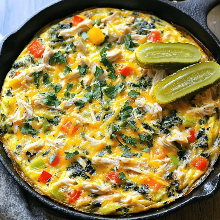 - 4 large eggs - 1 cup cooked chicken, shredded - 1/2 cup pickle juice - 1/2 cup shredded cheese (cheddar or your preference) - 1 small bell pepper, diced - 1/2 onion, finely chopped - 1 cup fresh spinach, chopped - 1 teaspoon ranch seasoning - 2 tablespoons olive oil - Salt and pepper, to taste When making the Pickle Ranch Chicken and Veggie Frittata, fresh ingredients matter. Use large eggs for a fluffy texture. Cooked chicken adds protein and flavor. Pickle juice gives a tangy kick that brightens the dish. Cheese adds richness; choose a type you love. Bell peppers and onions bring sweetness and crunch. Fresh spinach adds color and nutrition. Ranch seasoning blends all the flavors together. Olive oil helps sauté the veggies and keeps everything moist. Don’t forget salt and pepper for seasoning! You can mix it up with alternative proteins. Turkey or tofu works well instead of chicken. For veggies, try zucchini or mushrooms for different tastes. Cheese choices include feta or mozzarella for a twist. These swaps keep the frittata exciting and fresh! Make it your own by using what you have on hand. This flexibility makes cooking fun and easy. For the full recipe, check the details above! 1. Preheat your oven to 375°F (190°C). This heat helps cook the frittata evenly. 2. In a large bowl, crack open the four eggs. Whisk them well with the pickle juice and ranch seasoning. Add salt and pepper to taste. Mix until smooth. 1. Heat two tablespoons of olive oil in an oven-safe skillet over medium heat. 2. Once the oil is hot, add the finely chopped onion and diced bell pepper. Sauté these for 3-4 minutes. You want them to soften, not brown. 3. Next, toss in the chopped spinach. Stir for 1-2 minutes until it wilts down. 4. Now, add in the shredded chicken. Mix it well with the veggies. This ensures even flavor throughout. 5. Carefully pour the egg mixture over the chicken and veggies in the skillet. Make sure everything is covered. 6. Sprinkle the shredded cheese on top. This will melt and create a nice layer as it cooks. 7. Let the frittata cook on the stovetop for 2-3 minutes. Watch for the edges to start setting. 8. Transfer the skillet to your preheated oven. Bake for 15-20 minutes until the center is set and the top is golden. 9. When done, take the skillet out of the oven. Allow it to cool for a few minutes before slicing it into wedges. Check the [Full Recipe] for more details! Using an oven-safe skillet is key for this frittata. It allows you to start cooking on the stove and then transition to the oven. Make sure your skillet can handle high heat. This helps cook the frittata evenly. Every oven is a bit different. You may need to adjust the cook time. If your oven runs hot, check your frittata a few minutes early. Look for that golden top and firm center. A toothpick can help test doneness; it should come out clean when inserted. To boost flavor, think about adding fresh herbs or spices. Chopped chives or dill can brighten up the dish. A pinch of paprika can add warmth and depth. When serving, add a garnish for a lovely touch. A few slices of pickles on top create a nice contrast. Fresh parsley or cilantro can add a pop of color. Serve it warm for the best taste. For the full recipe, check out the complete details on creating this delicious dish! {{image_4}} You can change the taste of your frittata easily. Try adding different seasoning blends. For instance, use Italian herbs or taco seasoning. Each blend brings a new taste to the dish. You can also incorporate different pickles for fun flavors. Use spicy pickles for a kick or sweet ones for a touch of sweetness. Each choice adds a unique twist to your frittata. This frittata works well for breakfast or dinner. For breakfast, serve it warm with a side of fresh fruit. It makes a nice start to your day. For dinner, pair the frittata with a crisp side salad or crusty bread. This combo makes for a hearty meal. You can also serve it with roasted veggies for a colorful plate. For the full recipe, check out the details in the earlier section. To keep your frittata fresh, store it properly. After it cools, slice it into pieces. Place each piece in an airtight container. Use glass or plastic containers that seal well. This helps keep moisture in and prevents strong smells from other foods. You can store the frittata in the fridge for up to four days. If you need it to last longer, consider freezing it. Wrap each slice tightly in plastic wrap, then place it in a freezer bag. Make sure to label the bag with the date. When you're ready to enjoy leftovers, reheat them carefully. The best method is to use the oven. Preheat your oven to 350°F (175°C). Place the slices on a baking sheet, cover them with foil, and heat for about 10-15 minutes. This keeps the frittata moist and soft. You can also use a microwave. Place a slice on a microwave-safe plate. Cover it with a damp paper towel. Heat for 30 seconds to 1 minute, checking often. This way, you keep the frittata's great taste. Enjoy your meal! Can I make the frittata ahead of time? Yes, you can make the frittata ahead of time. Just cook it fully and let it cool. Store it in the fridge for up to three days. When ready to serve, warm it in the oven for best results. How do I know when the frittata is done baking? You know the frittata is done when the center is set and no longer jiggles. It should also have a light golden color on top. A toothpick inserted into the center should come out clean. Can I freeze the Pickle Ranch Chicken and Veggie Frittata? Yes, you can freeze the frittata. Cut it into wedges and wrap them tightly in plastic wrap. Place the wrapped slices in a freezer bag. They can last up to two months. What can I pair with the frittata for a complete meal? You can pair the frittata with a crisp side salad. Fresh fruits or a slice of whole-grain bread work well too. For a heartier meal, serve it with roasted potatoes. Check the full recipe for cooking tips! This blog post covered all you need for a delicious Pickle Ranch Chicken and Veggie Frittata. We explored the main ingredients, shared step-by-step cooking instructions, and offered tips for great flavor. You learned about ingredient substitutions, storage, and reheating methods to keep your frittata tasty. Remember that cooking can be fun and creative. Use the tips provided, and don't hesitate to experiment. Enjoy making this dish for yourself or your loved ones!