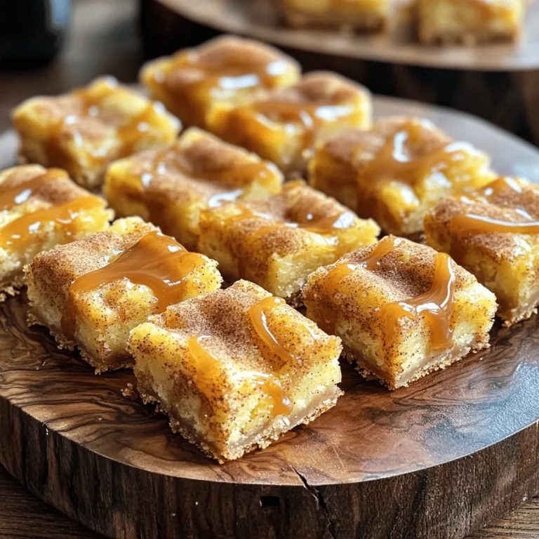 To make delicious caramel snickerdoodle bars, you need the following main ingredients: - 1 cup unsalted butter, softened to room temperature - 1 ½ cups granulated sugar - 1 cup brown sugar, firmly packed - 3 large eggs - 2 teaspoons vanilla extract - 3 cups all-purpose flour - 2 teaspoons cream of tartar - 1 teaspoon baking soda - ½ teaspoon salt - ¼ cup granulated sugar (for sprinkling) - 2 teaspoons ground cinnamon - 1 cup caramel sauce (store-bought or homemade) These ingredients blend well to create a soft and chewy texture with that sweet caramel swirl. You can customize your caramel snickerdoodle bars with these optional ingredients: - Chopped nuts like pecans or walnuts - Chocolate chips for a rich twist - Sea salt flakes to enhance the flavor Feel free to mix and match to find your perfect combination! To make your baking process easy, gather these tools: - A large mixing bowl - An electric mixer or whisk - Measuring cups and spoons - A 9x13 inch baking pan - Parchment paper for easy removal - A spatula for spreading the batter - A wire rack for cooling Having the right tools helps make the process smooth and enjoyable. Check out the Full Recipe for more details on how to make these tasty bars! Gather all your ingredients first. This makes cooking easier. You will need: - 1 cup unsalted butter, softened to room temperature - 1 ½ cups granulated sugar - 1 cup brown sugar, firmly packed - 3 large eggs - 2 teaspoons vanilla extract - 3 cups all-purpose flour - 2 teaspoons cream of tartar - 1 teaspoon baking soda - ½ teaspoon salt - ¼ cup granulated sugar (for sprinkling) - 2 teaspoons ground cinnamon - 1 cup caramel sauce (store-bought or homemade) Make sure your oven is ready too! Preheat it to 350°F (175°C). In a large bowl, cream the butter with the sugars. Use an electric mixer on medium speed. Beat until it is light and fluffy, which takes about 3-4 minutes. Next, add the eggs one at a time. Mix well after each egg. Then, pour in the vanilla extract. Stir until it is smooth. In another bowl, whisk together the flour, cream of tartar, baking soda, and salt. Slowly add this dry mix to your wet mix. Use low speed to combine. Mix just until it is smooth. Do not overmix; this keeps the bars soft. Now, prepare your cinnamon sugar. In a small bowl, mix the granulated sugar with the ground cinnamon. To layer the bars, pour half of the batter into your prepared baking pan. Spread it out evenly. Drizzle half of the caramel sauce over this layer. Then, sprinkle half of the cinnamon sugar on top. Carefully spoon the remaining batter over the first layer. Spread it gently. Drizzle the last of the caramel sauce on top and finish with the remaining cinnamon sugar. Bake the bars in your preheated oven for 25-30 minutes. The edges will be golden brown. A toothpick in the center should come out mostly clean. Once baked, let the bars cool in the pan for about 15-20 minutes. Use the parchment paper to lift them out and place them on a wire rack. Allow them to cool completely. After that, slice them into squares or bars as you like. For a nice touch, consider drizzling some extra caramel on top just before serving. Enjoy these sweet treats! You can find the Full Recipe for more details. When making caramel snickerdoodle bars, a few mistakes can happen. Here are some to watch for: - Overmixing the Batter: Mixing too much can make the bars tough. Mix until just combined. - Skipping the Parchment Paper: Not using parchment can make it hard to lift the bars out. It helps with easy removal. - Incorrect Oven Temperature: Using a wrong temperature can lead to uneven baking. Always preheat your oven well. - Not Cooling Before Slicing: Cutting too soon can make the bars fall apart. Let them cool for at least 20 minutes. To create a beautiful caramel swirl, follow these tips: - Use Warm Caramel: If your caramel is cold, it will not swirl well. Warm it slightly before drizzling. - Drizzle Evenly: Pour the caramel in a zigzag pattern across the batter. This ensures pockets of caramel in every bite. - Swirl Gently: Use a knife or toothpick to swirl the caramel lightly. Don’t mix it in completely; you want visible swirls. To keep your snickerdoodle bars fresh, follow these storage tips: - Cool Completely: Let the bars cool fully before storing. This helps prevent sogginess. - Use an Airtight Container: Store the bars in a sealed container to keep them soft and chewy. - Refrigerate for Longer Freshness: If you want them to last, keep them in the fridge. They can last up to a week. - Freeze for Future Enjoyment: For longer storage, freeze the bars. Wrap them well in plastic wrap and then foil. Try these tips while making your caramel snickerdoodle bars! For a detailed recipe, check the Full Recipe. {{image_4}} You can make your caramel snickerdoodle bars even more fun by adding nuts. Chopped walnuts or pecans give a nice crunch. Mix in about 1 cup of your chosen nuts into the batter. You can also add chocolate chips for a sweet twist. Just fold them in gently before layering. If you want a gluten-free version, swap the all-purpose flour for a gluten-free blend. Look for a blend made for baking. This will help keep the texture soft and chewy. You may need to add a bit more liquid. Start with an extra tablespoon of caramel sauce to keep it moist. Try different flavors for a unique take. For example, a pumpkin snickerdoodle bar is a delightful fall treat. Add 1 cup of pumpkin puree to the batter. Adjust the spices by adding nutmeg and cloves to enhance the flavor. Another option is to use maple syrup instead of caramel for a cozy twist. Explore these variations and make the recipe your own. For the full recipe, check the details above. To keep your caramel snickerdoodle bars fresh, store them in an airtight container. This prevents them from drying out. Place a piece of wax paper between layers to avoid sticking. Keep them at room temperature for best taste. You can freeze these bars for later enjoyment. First, let them cool completely. Then, cut them into squares. Wrap each square tightly in plastic wrap. Place the wrapped bars in a freezer-safe bag. They can last up to three months in the freezer. When stored properly, caramel snickerdoodle bars last about a week at room temperature. If you refrigerate them, they can last up to two weeks. Be sure to check for any signs of spoilage before enjoying. For the full recipe, check out the previous section. Snickerdoodle bars are a sweet treat made from snickerdoodle cookie dough baked in a pan. They are soft, chewy, and usually topped with cinnamon and sugar. What makes these bars special is the caramel sauce layered inside. This adds a rich, gooey texture that makes them irresistible. Think of them as a twist on the classic snickerdoodle cookie, now in bar form! To make your snickerdoodle bars softer, avoid overmixing the batter. Overmixing can lead to dense bars. Also, try adding an extra egg or a bit more butter. This will keep the bars moist. Baking them for a shorter time can help too. Check them at 25 minutes. If the edges are golden and the center is slightly underbaked, pull them out. They will firm up as they cool. Yes, you can use different types of caramel sauce. You can choose store-bought caramel for convenience or make your own for a homemade touch. Salted caramel adds a great twist. If you prefer a sweeter flavor, opt for classic caramel sauce. You can also try flavored sauces like vanilla or chocolate for a unique taste. If you don't have cream of tartar, you can use lemon juice or white vinegar. Use 1 teaspoon of either for every 2 teaspoons of cream of tartar. This helps to activate the baking soda and gives the bars a nice rise. Another option is to skip it entirely, but the texture may change slightly. You might end up with denser bars. Caramel snickerdoodle bars are a treat that can be made in many ways. We covered key ingredients, instructions, and tips to make them your own. You learned about storing options and fun variations like pumpkin or gluten-free. My final thought is that these bars are easy and fun to make. Enjoy trying out different versions and sharing them with friends and family. You’ll create smiles with each slice!