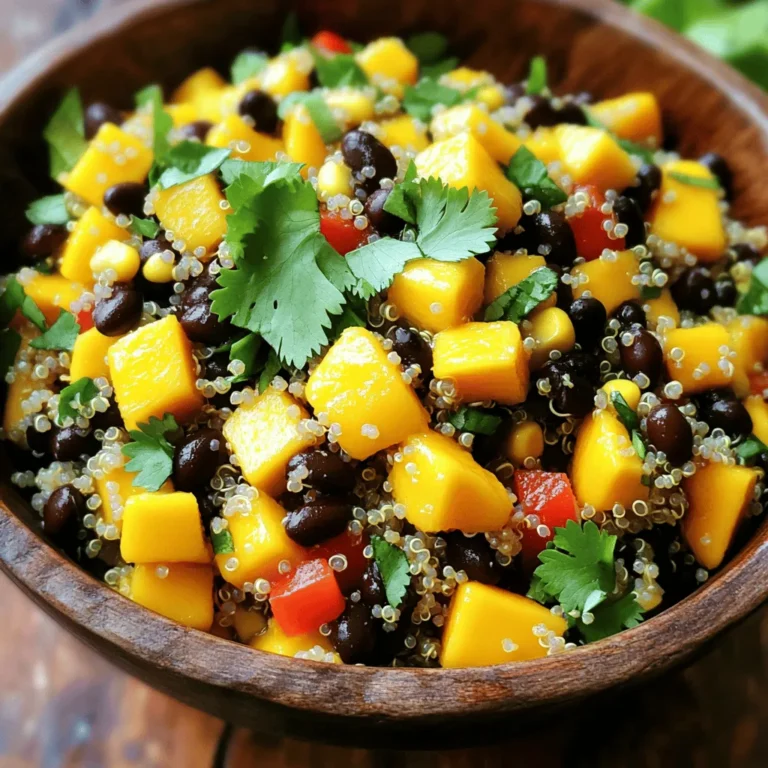 - 1 cup quinoa - 2 cups vegetable broth (or water) - 1 ripe mango - 1 can black beans - 1 red bell pepper - 1 small red onion - 1 cup corn - 1/4 cup fresh cilantro - Juice of 2 limes - 2 tablespoons extra virgin olive oil - 1 teaspoon ground cumin - Salt and black pepper In this Mango Black Bean Quinoa Salad, you find a colorful mix of fresh and hearty ingredients. First, quinoa is the base of this dish. It's gluten-free and packed with protein. Cooking it in vegetable broth adds flavor. Next, the ripe mango brings a sweet touch. I love using mango because it really brightens up the salad. Black beans add protein and fiber, making it filling. The red bell pepper and red onion bring crunch and color. They also boost the vitamins in the salad. Corn adds sweetness and a pop of yellow. Fresh cilantro ties everything together with its unique flavor. For the dressing, lime juice brings a zesty kick. The olive oil makes it smooth. Ground cumin adds warmth. A sprinkle of salt and pepper boosts all the flavors. You can find the full recipe above to get started on this tasty salad! 1. In a medium pot, bring 2 cups of vegetable broth to a boil. 2. Once boiling, add 1 cup of rinsed quinoa. 3. Lower the heat, cover the pot, and let it simmer for about 15 minutes. 4. When the liquid is absorbed, remove the pot from heat. 5. Keep it covered for 5 more minutes. 6. Fluff the quinoa gently with a fork. 1. In a large bowl, combine the cooked quinoa with diced mango, black beans, red bell pepper, finely chopped red onion, corn, and chopped cilantro. 2. Mix the ingredients gently to blend them well. 1. Taste the salad and adjust the seasoning. 2. You can add more salt, pepper, or even a pinch of cayenne for heat. 3. Cover the salad and refrigerate it for about 30 minutes before serving. This step allows the flavors to come together nicely. For the full recipe, you can refer to the instructions provided. Enjoy the vibrant mix of flavors! - Rinse quinoa thoroughly before cooking. This removes the bitter coating called saponin. - Let quinoa sit covered after cooking. This helps it become fluffy and soft. - Garnish with lime wedges and cilantro. This adds great color and bright flavor. - Serve as a side dish or main meal. It’s filling and packed with nutrients. - Add cayenne pepper for heat. This gives a nice kick to the salad. - Include avocado or jalapeño for added texture. They bring creaminess and crunch. Using these tips will elevate your Mango Black Bean Quinoa Salad. For the full recipe, check the earlier section! {{image_4}} You can change the beans in this salad. Try kidney or pinto beans for a new taste. If mango isn't in season, use pineapple or peach instead. These fruits will add a sweet twist. To make this salad vegan, simply leave out any animal products. If you want more protein, add grilled chicken or shrimp. Both options work well and keep the salad filling. Get creative with the dressings! Instead of the lime dressing, try avocado-lime for a creamy touch. You can also add spices like paprika or coriander. These spices can give your salad a warm, rich flavor. For the full recipe, check out the detailed instructions to prepare your Mango Black Bean Quinoa Salad perfectly! Store any leftovers in an airtight container. This keeps the salad fresh and safe. Refrigerate the salad and eat it within 3 days. The flavors will stay great for that time. You can freeze this salad for up to 1 month. Just make sure to store it in a freezer-safe container. When you’re ready to eat it, thaw it in the fridge overnight. This helps maintain the best texture. You can enjoy this salad cold straight from the fridge. It tastes refreshing that way. If you prefer it warm, you can gently heat it in a pan. Just be careful not to cook it too much. You want to keep the mango and beans intact. For the complete recipe, check out the Full Recipe section. This salad lasts about three days in the fridge. To keep it fresh, store it in an airtight container. The flavors will stay bright, making it a great option for meal prep. Yes, you can make this salad a day in advance. In fact, it tastes even better after the flavors meld together. Just remember to keep it in the fridge until you are ready to serve. This salad pairs well with grilled meats or fish. The fresh flavors of the salad balance nicely with the smoky taste of grilled dishes. You can also enjoy it on its own for a light meal. Yes, this salad is gluten-free. Quinoa is a fantastic grain choice for those who avoid gluten. It brings protein and texture without any gluten worries. You can add feta cheese, avocado, or nuts for crunch. These toppings enhance the flavors and add extra nutrition. Feel free to experiment with your favorites! If you want to try the full recipe, check it out in the article. This blog post covered a fresh quinoa salad with vibrant flavors and easy steps. You learned about key ingredients, like quinoa, beans, and mango, along with various tips for perfecting it. I shared storage methods and answers to common questions. You can play with flavors and substitutions to suit your taste. This salad is not only healthy but also a great meal option. Get creative and enjoy every bite!