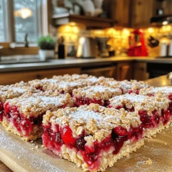 - 1 cup rolled oats - 1 cup all-purpose flour - 1/2 cup packed brown sugar - 1/2 teaspoon baking powder - 1/2 teaspoon baking soda - 1/4 teaspoon fine salt - 1/2 cup unsalted butter, melted and slightly cooled - 1/2 teaspoon pure vanilla extract - 1 1/2 cups fresh or frozen cherries, pitted and halved - 1 tablespoon cornstarch - 1 tablespoon freshly squeezed lemon juice Gathering fresh ingredients makes a big difference in your Cherry Oatmeal Squares. I love using fresh cherries when they are in season. They add a juicy burst of flavor. If you can’t find fresh cherries, frozen ones work great too. Just ensure they are pitted and halved before using. - Alternatives for butter: coconut oil, margarine - Gluten-free option: use gluten-free flour blend - Sweetener alternatives: maple syrup, honey, coconut sugar If you want to switch things up, try using coconut oil instead of butter. This adds a nice, tropical taste. For those who need gluten-free options, a gluten-free flour blend works well. You can also replace brown sugar with maple syrup or honey for a different sweetness. These small changes can make your squares unique while keeping them delicious. For the Full Recipe, you can follow the detailed steps to create these tasty squares. Enjoy making them! - Preheat your oven to 350°F (175°C). - Grease an 8x8 inch baking pan. This makes it easy to take out your squares later. - In a large bowl, combine the rolled oats, all-purpose flour, packed brown sugar, baking powder, baking soda, and fine salt. Mix well. - Gradually add the melted butter and vanilla extract to the dry mix. Stir until it looks like a crumbly dough. - Take the oat mixture and press it firmly into the bottom of your greased pan. This forms a solid base. - In another bowl, mix the cherries with cornstarch and lemon juice. This enhances their flavor. Spread this cherry mix evenly over the oat layer. - Sprinkle the reserved oat mixture over the cherry layer. This creates a tasty topping. - Place the pan in the oven and bake for 25-30 minutes. - Watch for a golden brown top. The cherries will bubble and smell amazing when done. Follow these steps closely for a tasty treat! You can find the Full Recipe for more details. Enjoy your baking adventure! To make the best Cherry Oatmeal Squares, avoid overmixing the dough. Overmixing can make the texture tough. You want a crumbly feel. Gently mix until the dry and wet ingredients come together. Using fresh cherries will enhance the flavor. Fresh cherries taste sweeter and juicier than frozen ones. If you can find them, use them for the best results. Serve your squares warm with a scoop of vanilla ice cream. The cold ice cream pairs perfectly with the warm squares. It adds a creamy touch that makes each bite special. Before serving, dust the squares with powdered sugar. This adds a nice, sweet finish. It makes the dish look lovely, too! To store any leftovers, place them in an airtight container. This keeps the squares fresh and moist. If you want to freeze the squares, cut them first. Wrap each square in plastic wrap. Then, place them in a freezer bag. They will stay fresh for up to three months. Enjoy them later by thawing in the fridge! {{image_4}} You can easily change the flavor of Cherry Oatmeal Squares. Try adding nuts like walnuts or pecans for extra crunch. Chopped nuts will add a lovely texture. You can also spice it up! Use cinnamon or nutmeg to give warmth to your squares. These spices will enhance the sweet cherry taste. If you want a fruity twist, swap cherries for other berries. Blueberries, raspberries, or strawberries work great. Each berry brings its own unique flavor. You can even mix berries for a fun twist. Create a mixed berry version for a colorful treat. This will make your squares even more exciting! Do you want your squares to be chewier? Adjust the oat and filling ratios. This change will give you a different texture. You might also want to add chocolate chips. This will make your treat sweeter and more indulgent. These small changes can make a big impact on your Cherry Oatmeal Squares! For the full recipe, check the earlier section. Store your Cherry Oatmeal Squares at room temperature for up to three days. Keep them in an airtight container to stay fresh. If you want them to last longer, you can store them in the fridge for up to a week. To freeze individual squares, wrap each one tightly in plastic wrap. Place them in a freezer-safe bag or container. They can last in the freezer for about three months. Just remember to label the bag with the date. Cherry Oatmeal Squares stay fresh for about three days at room temperature. If you refrigerate them, their freshness can last up to a week. Look for signs that the squares have gone bad. If you see mold or if they smell off, it’s best to toss them. Also, if they feel very dry or hard, they may not taste good. For the best taste, reheat your squares in the oven. Preheat it to 350°F (175°C). Place the squares on a baking sheet for about 10 minutes. You can also use a microwave. Heat for about 15-20 seconds per square, but check to avoid overheating. After reheating, serve them warm with a scoop of vanilla ice cream or a sprinkle of powdered sugar. This adds extra joy to each bite! To make Cherry Oatmeal Squares vegan, you can swap some key ingredients. Use coconut oil instead of butter. For the egg, try using a flaxseed meal mix. Combine one tablespoon of flaxseed meal with three tablespoons of water. Let it sit for five minutes to thicken. This mix works well as a binder in your squares. You can use instant oats, but the texture will change. Instant oats absorb water faster and may make your squares softer. Rolled oats give a chewier bite and help keep the squares firm. If you prefer softer squares, instant oats can work, but I recommend sticking with rolled oats for the best result. If your Cherry Oatmeal Squares are crumbly, the mixture might need more moisture. Try adding a splash of water or plant milk to the mix. Press the mixture down more firmly into the pan before baking. This helps the squares stick together better. If they are still crumbly after baking, consider storing them in an airtight container. This can help them soften. Yes, you can add other fruits! Blueberries, raspberries, or sliced strawberries work great. You can even mix different fruits for a fun twist. Just remember to adjust the cornstarch if the fruit is juicier. This keeps the filling from getting too soggy and helps maintain the right texture. To check if the squares are done, look for a golden brown top. The edges should pull away slightly from the pan. You can also insert a toothpick into the center. If it comes out clean, your squares are ready. Keep an eye on them during the last few minutes of baking to avoid overcooking. Yes, you can double the recipe! Use a 9x13 inch pan for more squares. When doubling, bake for a few extra minutes. Start checking for doneness at the same time as the original recipe. If the edges brown too fast, cover them with foil. This helps ensure the center cooks evenly while the edges don’t burn. In this post, we explored how to make Cherry Oatmeal Squares. We listed key ingredients, provided substitute options, and shared easy step-by-step instructions. You learned tips for perfecting the recipe, serving suggestions, storage advice, and variations to try. Remember, baking is simple when you follow the steps closely. Enjoy creating these delicious squares with your favorite fruits and flavors. Your kitchen can be a space for fun and tasty treats!