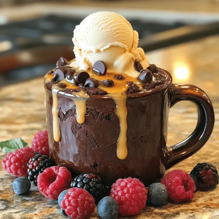 - 4 tablespoons all-purpose flour - 4 tablespoons granulated sugar - 2 tablespoons unsweetened cocoa powder - 1/8 teaspoon baking powder - 1/8 teaspoon fine salt - 3 tablespoons almond milk (or any preferred non-dairy milk) - 1 tablespoon vegetable oil - 1/4 teaspoon pure vanilla extract - 2 tablespoons vegan chocolate chips (optional but recommended) For measuring, use tablespoons for liquids and solids. If you lack a scale, this method works well. You can swap almond milk for soy, oat, or coconut milk. If you do not have all-purpose flour, try using almond or oat flour. You need a microwave-safe mug to make this cake. A regular mug will not work. Use mixing tools like a fork or whisk to combine ingredients. Also, have measuring cups and spoons handy for accurate measurements. This simple setup makes baking fun and easy. You can create a treat in just minutes. If you want to explore more, check out the Full Recipe for detailed steps. 1. Start with a microwave-safe mug. This is key for safe cooking. 2. In the mug, mix the dry ingredients: - 4 tablespoons all-purpose flour - 4 tablespoons granulated sugar - 2 tablespoons unsweetened cocoa powder - 1/8 teaspoon baking powder - 1/8 teaspoon fine salt Use a fork or small whisk to blend these well. Break up any lumps for a smooth mix. 3. Now, it’s time to add the wet ingredients: - 3 tablespoons almond milk (or any preferred non-dairy milk) - 1 tablespoon vegetable oil - 1/4 teaspoon pure vanilla extract Stir until everything combines into a creamy batter. 4. For a tasty twist, fold in the vegan chocolate chips. This step adds extra chocolate flavor. 1. Place your mug in the microwave. Set it to high power and cook for about 1 minute and 30 seconds. 2. Watch the mug closely while it cooks. Every microwave is different. The cake should rise and look set in the center. 3. If it’s not done, microwave in 10-second bursts until fully cooked. 1. To make it special, add toppings. Try a scoop of vegan ice cream or a drizzle of maple syrup. 2. Fresh berries also work well for a pop of color and flavor. 3. Pair your cake with a nice beverage like almond milk or a cup of herbal tea. This simple and delicious treat is a perfect way to enjoy a quick dessert. For the full recipe, check out the details above! To make the best mug cake, avoid common mistakes. First, don’t overmix the batter. This can make your cake tough. Mix until the dry and wet ingredients combine well. Next, pay attention to your microwave settings. Each microwave can vary in power. Start with 1 minute and 30 seconds, then check if it’s done. If it needs more time, heat in 10-second bursts. This will help you avoid a dry or undercooked cake. Adding spices can bring your mug cake to life. Try a pinch of cinnamon or nutmeg. You can also add extracts like almond or peppermint for a twist. Using flavored non-dairy milk, like coconut or hazelnut, can also boost flavor. This small change will make each bite extra special. Serving your mug cake creatively is fun! You can top it with vegan ice cream or whipped cream. Drizzle some maple syrup for extra sweetness. Fresh berries make a lovely garnish too, adding color and freshness. For special occasions, consider using edible flowers or sprinkles. These small touches can turn your mug cake into a showstopper and impress your guests. {{image_4}} You can easily adapt this recipe to fit your diet. - Gluten-free version: Replace all-purpose flour with gluten-free flour blend. This swap makes it safe for those avoiding gluten. - Nut-free modifications: Use oat milk or soy milk instead of almond milk. This ensures your treat is nut-free. You can change the flavor by swapping some ingredients. - Different types of cocoa powder: Try dark cocoa powder for a richer taste. Dutch-processed cocoa gives a smoother flavor. - Alternative sweeteners: Use maple syrup or agave syrup as a sweetener. They add a unique taste and can reduce granulated sugar. Get creative by making themed mug cakes! - Holiday-inspired mug cakes: Add pumpkin spice for fall or peppermint extract for winter. These flavors give a festive touch. - Ingredients for seasonal flavors: In spring, use lemon zest for a fresh taste. In summer, add fresh berries for a burst of flavor. Check out the Full Recipe for more details. For short-term storage, cover your mug cake with plastic wrap or a lid. This keeps it fresh for up to two days at room temperature. If you want to store it long-term, place it in the fridge for about a week. You can also freeze the cake for up to three months. To freeze, wrap it well in plastic wrap and then in foil. This helps avoid freezer burn. If you have leftover batter, you can store it in the fridge for one day. Just cover the mug with plastic wrap. When ready to use, give it a quick stir and microwave as usual. To reheat your mug cake in the microwave, place it back in for about 15-20 seconds. Check if it’s warm enough, and add more time if needed. You can also enjoy it cold! Cold mug cake is a tasty treat, especially on a hot day. Pair it with some fresh fruit or a dollop of vegan yogurt for a fun twist. Check the expiration dates on your ingredients, especially the flour and baking powder. They can lose freshness over time. The finished mug cake lasts for up to two days at room temperature and about a week in the fridge. If frozen, it can stay good for three months. Just remember to thaw it in the fridge before reheating. Enjoy your easy vegan chocolate mug cake anytime! For the full recipe, please refer to the earlier section. Can I make this cake without a microwave? Yes, you can! Use an oven instead. Preheat your oven to 350°F (175°C). Pour the batter into a small baking dish. Bake for about 15-20 minutes. Check it often. The cake should be firm and set. What can I substitute for almond milk? You can use any non-dairy milk. Soy milk, oat milk, or coconut milk all work well. Choose what you like best. Ensure it is unsweetened to keep the cake balanced. How do I adjust the recipe for multiple servings? To make more cakes, simply multiply the ingredients. For two servings, double each ingredient. Use two mugs or one larger dish. Adjust cooking time if using a larger dish. Keep an eye on it while it cooks. Is a mug cake the same as a regular cake? No, a mug cake is smaller and cooks quickly. It is made for one or two people. A regular cake is larger and takes longer to bake. Mug cakes offer a quick, easy treat. How can I ensure my mug cake is moist? Use the right amount of liquid. Don't overmix the batter. Adding vegan chocolate chips also helps. They melt and keep the cake moist while cooking. What should I do if the cake is dry? If your cake is dry, next time add a bit more liquid. Use extra almond milk or oil. Avoid cooking it too long in the microwave. Check it often to prevent overcooking. Why did my mug cake overflow? Overflows can happen if the mug is too small. Use a larger mug next time. Also, don't fill it to the top. Leave some space for the cake to rise while cooking. This blog post covered easy steps to make a vegan mug cake. You learned about the ingredients, equipment, and measurements needed. I provided tips for the best texture and flavor. You can even customize your cake with different dietary needs and themes. Mug cakes are quick and fun desserts that satisfy your sweet tooth. Try making one today and enjoy your tasty creation!