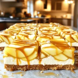 - 1 1/2 cups graham cracker crumbs - 1/2 cup unsalted butter, melted - 1/4 cup granulated sugar - 2 (8-ounce) packages cream cheese, softened - 1 cup granulated sugar - 2 large eggs - 1 teaspoon vanilla extract - 2 cups apples, peeled and diced - 1 teaspoon ground cinnamon - 1/4 teaspoon ground nutmeg - 1 cup caramel sauce - Sea salt for garnish (optional) Using fresh apples makes a big difference. I prefer Granny Smith or Honeycrisp apples. They add a nice tartness and crunch. The cream cheese should be at room temperature. This helps it blend smoothly. Also, choose a good caramel sauce. You can use store-bought for ease or make your own for extra flavor. If you want a gluten-free option, swap graham crackers for gluten-free crumbs. You can use any sweetener if you want less sugar. For a creamier texture, try mascarpone cheese instead of cream cheese. If you like, you can add chopped nuts, like pecans or walnuts, for extra crunch. 1. Preheat your oven to 350°F (175°C). Grab a 9x13 inch baking pan. 2. Line the pan with parchment paper. Leave some paper hanging over the edges. 3. In a bowl, mix 1 1/2 cups graham cracker crumbs, 1/2 cup melted unsalted butter, and 1/4 cup granulated sugar. 4. Stir until it looks like wet sand. Press this mix into the bottom of the pan. 5. Bake the crust for 10 minutes, then take it out and let it cool. 1. In a large bowl, beat 2 packages of softened cream cheese with 1 cup of sugar. 2. Mix until it is smooth and creamy. Add 2 eggs one at a time, mixing well. 3. Stir in 1 teaspoon of vanilla extract until combined. 4. In another bowl, toss 2 cups of peeled and diced apples with 1 teaspoon of ground cinnamon and 1/4 teaspoon of ground nutmeg. 5. Fold the apple mix into the cream cheese batter gently, so the apples stay whole. 6. Pour this mixture over the cooled crust, spreading it evenly. 7. Drizzle half of the caramel sauce on top. Use a knife to swirl it gently. 1. Bake the bars for 30-35 minutes. The edges should be set, but the center can jiggle a bit. 2. Once baked, let the pan cool at room temperature for about 1 hour. 3. For best results, chill the bars in the fridge for at least 4 hours or overnight. 4. When ready to serve, lift the bars out using the parchment paper. 5. Cut them into squares and drizzle with the remaining caramel sauce. Add sea salt if you like. 6. Enjoy your creamy, sweet treat! For the full recipe, see the details above. - Use Room Temperature Cream Cheese: This helps blend smoothly. Cold cream cheese makes lumps. - Don’t Overmix: Mix just until combined to keep the texture light. - Cool Gradually: After baking, let the bars cool slowly to avoid cracks. - Chill Longer: Refrigerate overnight for the best texture and flavor. - Skipping the Cooling Step: Cutting warm bars leads to messy squares. - Too Much Mixing: Overmixing adds air, making the bars puffy. - Not Using Parchment Paper: This step helps remove the bars easily. - Underbaking: The center should jiggle slightly but not be runny. - Make Ahead: These bars store well in the fridge for up to a week. - Serve Cold: Chilled bars taste best and have a firmer texture. - Garnish for Fun: Top with extra caramel, nuts, or whipped cream. - Cut Neatly: Use a hot knife for clean cuts. You can dip it in hot water. For the full recipe, make sure to follow the steps closely! {{image_4}} You can change the flavor of these bars easily. Try using pumpkin puree instead of apples for a seasonal twist. Just mix in a can of pumpkin with the cream cheese and sugar. Or, add cocoa powder to the batter for chocolate cheesecake bars. This gives a rich, sweet flavor. You can even swirl in some fruit purees for a fruity taste. Want a gluten-free option? Swap regular graham crackers for gluten-free ones. They work just as well. You can also use almond flour mixed with butter and a bit of sugar for the crust. This makes a tasty base that everyone can enjoy. Add-ins can make your bars even better. Chopped nuts like walnuts or pecans add crunch. You can mix in caramel bits for extra sweetness. Top the bars with whipped cream, or sprinkle with a bit of cinnamon sugar before serving. Drizzle more caramel sauce over the top for a treat that looks and tastes great. For the full recipe, check out the details above. To keep your caramel apple cheesecake bars fresh, store them in an airtight container. Place parchment paper between layers to avoid sticking. They taste best when chilled. Ideally, enjoy them within five days for the best flavor. You can freeze these bars for longer storage. First, let them cool completely. Then, cut them into squares. Wrap each square tightly in plastic wrap, then place them in a freezer-safe container. They can last up to three months in the freezer. To enjoy, thaw in the fridge overnight. If you prefer warm cheesecake bars, you can reheat them. Place a square on a microwave-safe plate. Heat for about 15-20 seconds. Check to ensure they are warm but not too hot. You can also warm them in the oven at 350°F for about 10 minutes. Just cover them with foil to keep them moist. The best apples are Granny Smith or Honeycrisp. These apples give a nice tart flavor. They balance the sweet cheesecake and caramel. You want apples that hold their shape when baked. Avoid soft apples like Red Delicious, as they can turn mushy. Yes, you can use a different crust. A shortbread crust works well too. If you want gluten-free options, use almond flour or gluten-free graham crackers. Just make sure it can hold the filling. The bars are done when the edges look set. The center should still jiggle slightly. If you see cracks on the surface, do not worry. They will firm up as they cool. For best results, chill them for at least four hours after baking. Check the full recipe for more tips! You now have a step-by-step guide to make cheesecake bars. We covered key ingredients, tips, and ways to store them. Remember to experiment with flavors and toppings for a fun twist. Avoid common mistakes to get that perfect texture. Enjoy sharing your delicious cheesecake bars with friends and family. Your baking journey can be simple and enjoyable!