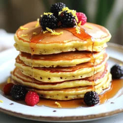 - Ricotta cheese and its role: Ricotta cheese adds creaminess and moisture to the pancakes. It makes them soft and fluffy. The rich flavor helps create a light texture that melts in your mouth. - Importance of fresh lemon juice: Fresh lemon juice gives the pancakes a bright and zesty flavor. It balances the richness of ricotta cheese. Using fresh juice keeps the taste fresh and vibrant. - How each ingredient contributes to flavor and texture: Each ingredient plays a part in making the pancakes delicious. All-purpose flour gives structure. Eggs provide binding and richness. Sugar adds sweetness, while baking powder helps them rise. The combination creates a delightful pancake experience. - Alternatives for ricotta cheese: If you don't have ricotta, use cottage cheese. Blend it to get a smooth texture. Cream cheese can also work; just add a splash of milk. - Options for gluten-free flour: For gluten-free pancakes, use a gluten-free flour blend. Almond flour or oat flour are great choices. You may need to adjust the liquid to get the right consistency. - Different sweetener choices: If you prefer less sugar, try honey or maple syrup. You can also use coconut sugar for a different flavor. Each sweetener will change the taste slightly. - Best practices for measuring ingredients accurately: Use dry measuring cups for flour and sugar. Spoon the ingredient into the cup, then level it off with a knife. This ensures you don’t pack it down. - How to properly zest a lemon: Use a microplane or a fine grater to zest the lemon. Only get the yellow part of the skin. Avoid the white pith, as it can taste bitter. - Tips for room temperature ingredients: For best results, bring eggs and ricotta to room temperature. This helps them mix better, creating a smoother batter. Just set them out for about 30 minutes before you start cooking. For the complete recipe, check out the [Full Recipe]. Start by mixing the wet ingredients. In a large bowl, add the ricotta cheese, eggs, and sugar. Whisk them well until smooth. The ricotta should blend in nicely. Next, add the milk, lemon zest, lemon juice, and vanilla extract. Stir until fully mixed. This will give your pancakes a bright taste. Now, it’s time to add the dry ingredients. In another bowl, whisk together the flour, baking powder, and salt. Gradually fold this dry mix into the wet ingredients. Use a spatula to gently combine them. It’s crucial not to overmix. A few lumps are okay. Overmixing can lead to dense pancakes. Preheat your skillet or griddle over medium heat. Lightly grease it with butter or oil to prevent sticking. For each pancake, pour about 1/4 cup of batter onto the skillet. Let them cook for 3-4 minutes. Watch for bubbles forming on the surface. When the edges look set, it’s time to flip. Use a spatula to carefully turn the pancake. Cook for another 2-3 minutes until golden brown. Once they are done, transfer the pancakes to a plate. Repeat this process with the remaining batter. Add more butter or oil to the skillet as needed. Now for the fun part: plating! Stack the pancakes high on a plate. For a pop of color, sprinkle some lemon zest on top. You can also garnish with a sprig of mint for freshness. For toppings, consider drizzling maple syrup over the pancakes. Fresh berries also make a great addition. If you have leftovers, store them in the fridge. They can be reheated later for a quick breakfast. Enjoy your delicious lemon ricotta pancakes! For the full recipe, check [Full Recipe]. To make fluffy pancakes, use room-temperature ingredients. This helps the batter mix well. Letting the batter rest for 10 minutes works wonders. This time allows the flour to absorb moisture, which leads to a lighter pancake. Adjusting the cooking temperature is key. If your pancakes brown too fast, lower the heat. A steady medium heat helps cook them evenly. You can boost the flavor by adding herbs or spices. A pinch of cinnamon gives a warm touch. To make your pancakes even more fun, try adding chocolate chips or chopped nuts. You can switch things up and make the dish your own. Consider using fresh blueberries or diced strawberries within the batter. These additions brighten up the flavor and add texture. Avoid overmixing the batter. A few lumps are okay and will help keep the pancakes soft. If you mix too much, your pancakes can turn out dense. Cooking at incorrect temperatures can ruin your pancakes. Use a non-stick skillet and grease it lightly. Not measuring ingredients properly can lead to problems. Use a scale or measuring cups for accuracy, especially for flour and sugar. These simple steps ensure delicious results every time. For the complete guide, refer to the Full Recipe. {{image_4}} You can mix things up with lemon ricotta pancakes in fun ways. - Blueberry lemon ricotta pancakes: Add fresh blueberries to the batter. The berries burst with juice and add sweetness. - Adding poppy seeds for texture: Stir in poppy seeds for a nice crunch. They give a lovely look and a slight nutty flavor. - Chocolate chip adaptation: For a sweet twist, toss in chocolate chips. They melt and make each bite a treat. You can adjust this recipe for different diets. Here are some ideas: - Vegan lemon ricotta pancakes: Replace ricotta with silken tofu and use plant-based milk. This keeps the pancakes light and fluffy. - Low-carb options for health-conscious eaters: Use almond flour instead of all-purpose flour. This keeps the flavor but lowers carbs. - Nut-free alternatives: If you can’t have nuts, use sunflower seed flour. It works well and keeps the pancakes moist. You can take lemon ricotta pancakes beyond the usual. Here’s how: - How to make lemon ricotta pancakes with a twist: Try adding spices like cardamom or cinnamon for warmth. - Infusing with citrus varieties like orange or lime: Mix in orange zest or lime juice for a bright twist. Each citrus brings a new flavor layer. - Exploring regional toppings: Consider using Greek yogurt, honey, or fresh fruit. These toppings elevate your meal and add freshness. For more details on how to make these pancakes, check the Full Recipe. To keep your lemon ricotta pancakes fresh, follow these tips: - Refrigerating: Let the pancakes cool completely. Then, place them in an airtight container. They can stay in the fridge for up to three days. - Freezing: Stack pancakes with parchment paper between each one. This step helps prevent sticking. Place the stack in a freezer-safe bag. They can last for up to two months in the freezer. - Reheating: For the best taste, warm pancakes in the microwave for 15-30 seconds. You can also reheat them in a skillet on low heat. This method keeps them nice and fluffy. Knowing how long your pancakes last is key: - Freshness in the fridge: Pancakes stay fresh in the fridge for about three days. - Signs of spoilage: Look for a sour smell or mold. If they seem sticky or slimy, it’s time to toss them. - Maintaining flavor: Store pancakes in an airtight container. This step will help keep them moist and tasty. Meal prepping helps save time in the morning: - Batch cooking: Make a big batch of pancakes on the weekend. Store them for quick breakfasts all week. - Easy storage solutions: Use freezer bags for individual pancakes. This way, you can grab one or two as needed. - Making pancake mix ahead of time: Combine the dry ingredients in a jar. When you want to make pancakes, just add the wet ingredients. This method is quick and easy! For the full recipe, check out the delicious details above! You can tell when pancakes are done by looking for a few signs. First, watch for bubbles forming on the surface. When these bubbles appear, it means the pancake is cooking well. You should also see the edges set and dry. This usually takes about 3-4 minutes on medium heat. When you flip the pancake, it should be golden brown. If it looks pale, give it more time. The second side cooks quicker, about 2-3 minutes. Use a spatula to check the color; it should be light brown. Yes, you can make pancake batter ahead of time. This helps save time on busy mornings. You can store the batter in the fridge for up to 24 hours. Just cover the bowl with plastic wrap or transfer it to a sealed container. When you are ready to cook, give the batter a good stir. It may thicken, so you might need to add a bit of milk. This keeps the pancakes light and fluffy. Absolutely! You can make these pancakes gluten-free with some simple swaps. Instead of all-purpose flour, try using a gluten-free flour blend. Look for one that has xanthan gum for better texture. You may need to adjust the liquid in the recipe. Gluten-free flours can absorb more liquid. Start with the same amount of milk, then add more if the batter is too thick. This will help keep your pancakes fluffy. For the full recipe, follow the instructions carefully to enjoy these delicious Lemon Ricotta Pancakes! Lemon ricotta pancakes offer a fluffy treat, bursting with fresh flavor. Remember the key ingredients: ricotta cheese and fresh lemon juice enhance texture and taste. Substitutions and accurate measurements also help create your perfect stack. Follow my step-by-step guide for cooking tips and creative variations. Mastering these techniques will lead to delicious results. Finally, store and reheat your pancakes wisely for future enjoyment. Enjoy experimenting with your unique twists on this recipe!