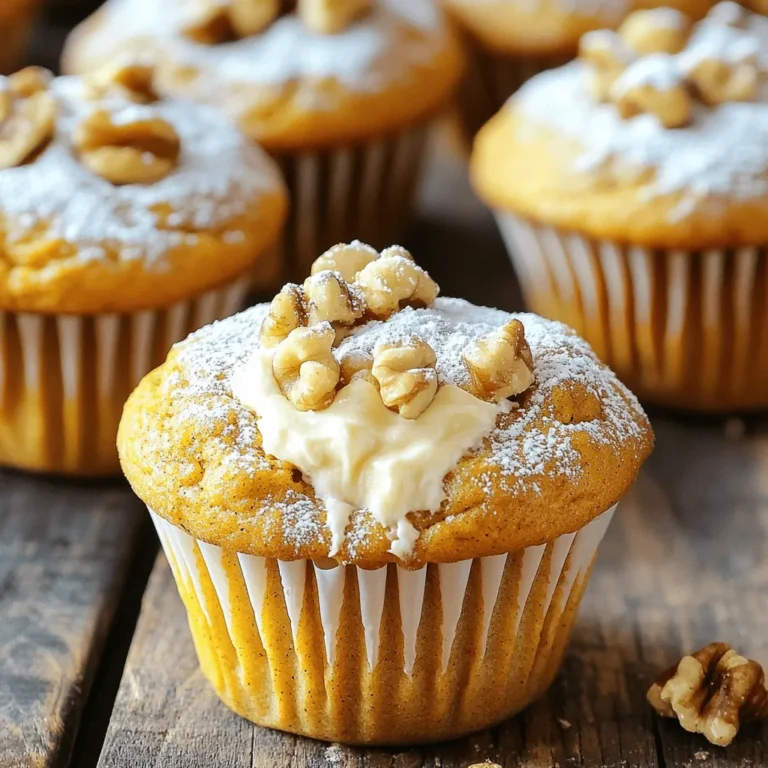Making pumpkin cream cheese muffins is simple and fun. Here’s what you need: - 1 cup pumpkin puree - 1/2 cup cream cheese, softened - 1/2 cup granulated sugar - 1/2 cup packed brown sugar - 1/2 cup vegetable oil - 2 large eggs, at room temperature - 1 teaspoon vanilla extract - 2 cups all-purpose flour - 1 teaspoon baking powder - 1 teaspoon baking soda - 1 teaspoon ground cinnamon - 1/2 teaspoon ground nutmeg - 1/2 teaspoon ground ginger - 1/4 teaspoon salt - 1/2 cup chopped walnuts or pecans (optional) Each ingredient plays a key role in making these muffins fluffy and flavorful. The pumpkin puree adds moisture and a subtle taste. Cream cheese gives a creamy texture and rich flavor. The sugars balance sweetness and enhance browning. Oil keeps the muffins soft, while eggs provide structure. Spices like cinnamon, nutmeg, and ginger bring warmth and depth. Flour holds everything together. Baking powder and baking soda help the muffins rise, making them light and airy. If you want some crunch, add walnuts or pecans. For the full recipe, check out the complete guide. It will help you create these delightful treats! Start by setting your oven to 350°F (175°C). This temperature is perfect for baking. While the oven heats, grab your muffin tin. You can use paper liners or grease the tin with cooking spray. This step makes it easy to take out the muffins later. In a large bowl, combine the pumpkin puree and softened cream cheese. Use an electric mixer to blend them until smooth. Next, add the granulated sugar, brown sugar, vegetable oil, eggs, and vanilla extract. Mix everything until it becomes creamy and well blended. In a separate bowl, sift together the flour, baking powder, baking soda, ground cinnamon, ground nutmeg, ground ginger, and salt. Sifting helps to break up lumps and ensures even mixing. This step is key for light and fluffy muffins. Gradually add the dry mix to the wet mix. Use a spatula or wooden spoon to stir gently until just combined. It’s okay if a few flour streaks remain. If you want to add nuts for crunch, fold them in now. Be careful not to overmix, as this can make the muffins dense. Use a scoop or spoon to fill each muffin cup about two-thirds full. This helps them rise without overflowing. Place the muffin tin in the oven and bake for 18-20 minutes. To check if they are done, insert a toothpick into the center. If it comes out clean or with a few moist crumbs, they’re ready. Once baked, let the muffins cool in the tin for about 5 minutes. This helps them set and makes them easier to handle. After that, transfer them to a wire rack to cool completely. Proper cooling helps keep the muffins moist and tasty. For the full recipe, refer to the earlier section. To avoid overmixing, mix the wet and dry ingredients gently. Stir until just combined. This keeps the muffins light and fluffy. Overmixing can lead to dense muffins. For ideal baking conditions, preheat your oven to 350°F (175°C). Use an oven thermometer to make sure your oven is accurate. This step is key to even baking. Dusting your muffins with powdered sugar makes them look special. Do this right before serving for a lovely touch. Adding cream cheese frosting elevates your muffins to dessert status. Spread a dollop on top for a rich treat. When checking batter consistency, it should be thick yet pourable. It should not be too runny or too dry. The toothpick test is crucial for doneness. Insert a toothpick into the center of a muffin. If it comes out clean or with a few moist crumbs, they are ready. This simple test helps ensure perfect muffins every time. {{image_4}} You can change the flavors of pumpkin cream cheese muffins to suit your taste. One fun option is adding chocolate chips. These sweet morsels melt and create pockets of joy in each bite. Just fold in about half a cup of semi-sweet or dark chocolate chips before baking. Another great idea is to enhance the flavor with orange zest or cranberries. Adding a tablespoon of fresh orange zest gives a bright note that balances the pumpkin. If you prefer cranberries, toss in about half a cup of dried ones. They add a nice tartness that contrasts well with the sweet muffins. For those needing gluten-free options, you can easily swap all-purpose flour for a gluten-free blend. Make sure to choose a blend that contains xanthan gum for the best texture. This change keeps the muffins fluffy and delicious without the gluten. If you're looking for vegan substitutions, replace the eggs with flaxseed meal. Mix one tablespoon of flaxseed meal with three tablespoons of water for each egg. Let it sit for a few minutes until it thickens. Use a plant-based cream cheese to keep the flavors intact while making the muffins vegan-friendly. Pair your pumpkin cream cheese muffins with warm beverages like coffee or tea. The warmth of these drinks complements the spices in the muffins. You can also serve them at gatherings with a spread of cream cheese frosting on top. For a fun twist, cut the muffins in half and add a scoop of ice cream between the halves. This treat creates a delightful dessert that guests will love. You can find the full recipe above to create these tasty muffins for any occasion! To keep your pumpkin cream cheese muffins fresh, store them in an airtight container. This helps lock in moisture and flavor. You can keep them at room temperature for up to three days. If you want them to last longer, move them to the fridge. They will stay good for up to a week this way. If you want to save muffins for later, freezing is a great option. Wrap each muffin tightly in plastic wrap, then place them in a freezer-safe bag. This way, they won’t get freezer burn. You can freeze them for up to three months. To enjoy, just take a muffin out and let it thaw at room temperature. If you want a warm muffin, pop it in the microwave for about 15-20 seconds. Enjoy your tasty treat whenever you like! For the full recipe, check out the detailed instructions provided. To tell if your muffins are done, look for a few signs. The tops should be golden brown and slightly domed. You can also use the toothpick method. Insert a toothpick into the center of a muffin. If it comes out clean or has a few moist crumbs, they are ready. This step helps ensure you don’t overbake them, keeping them soft and fluffy. Yes, you can make these muffins ahead of time. Bake them and then let them cool. Store in an airtight container at room temperature for up to three days. If you want to keep them longer, freeze them. Wrap each muffin tightly in plastic wrap. They can last up to three months in the freezer. To enjoy, just thaw them at room temperature or warm them in the microwave. If you cannot use cream cheese, there are good alternatives. You can use Greek yogurt for a tangy flavor. Sour cream is another option that adds moisture. For a dairy-free choice, try silken tofu blended until smooth. Each of these substitutes will give a nice texture and flavor to your muffins. Pumpkin cream cheese muffins can be a tasty treat, but they do have some sugar and fat. The pumpkin adds fiber and vitamins. For a healthier option, you can reduce the sugar or use whole wheat flour. The serving size is key. Enjoy one muffin as a snack or part of breakfast for a balanced choice. Making pumpkin cream cheese muffins is simple and fun. You learned about the key ingredients and easy steps to bake these tasty treats. We discussed tips to ensure your muffins come out perfectly, along with variations to suit your taste. Store your muffins right for fresh flavor. Enjoy these muffins at breakfast, snack time, or gatherings. They make every occasion special. With these easy instructions, you can bake delicious muffins anytime! Start your baking journey today!