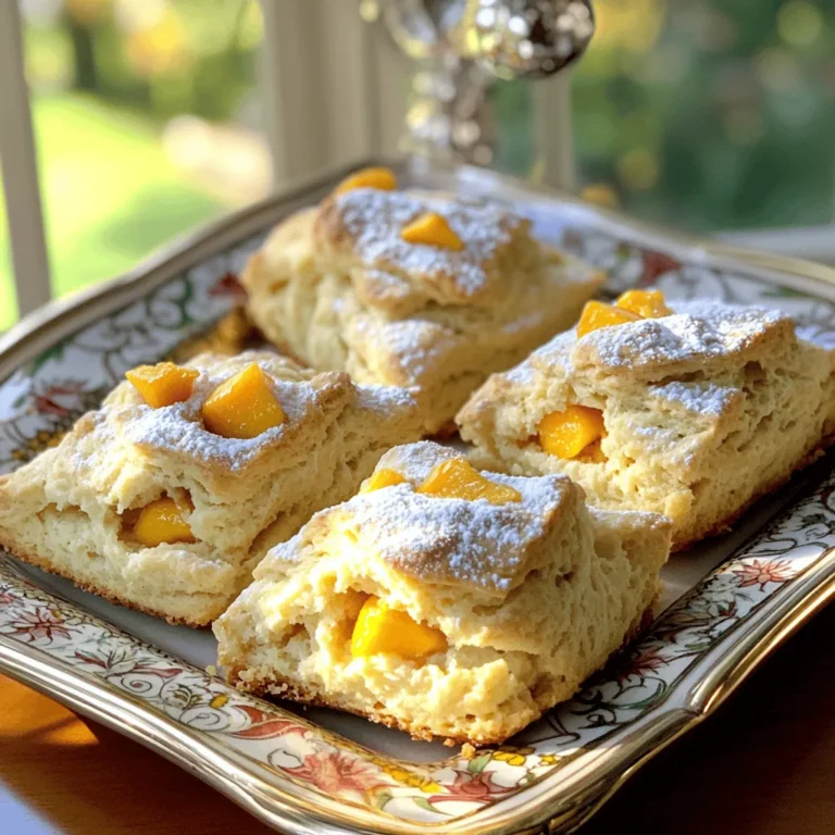 To make easy peach scones, gather these simple items: - 2 cups all-purpose flour - 1 tablespoon baking powder - 1/4 teaspoon salt - 1/3 cup granulated sugar - 1/2 cup unsalted butter, chilled and cut into small cubes - 1/2 cup heavy cream - 1 teaspoon pure vanilla extract - 1 cup fresh peaches, peeled and diced (about 2 medium peaches) - 1 egg (for egg wash, optional) - Extra granulated sugar, for sprinkling If you run out of an ingredient, here are some ideas: - You can use whole wheat flour instead of all-purpose flour. - If you need a dairy-free option, use coconut cream for the heavy cream. - For a lower sugar option, try using honey or maple syrup. Choosing the best peaches makes a big difference. Look for peaches that are: - Firm but slightly soft to the touch - Fragrant and aromatic - Smooth and free of blemishes or bruises When you slice your peaches, make sure they are ripe. This ensures juicy flavor in your scones. Always wash your peaches well before peeling and dicing. If you don't have fresh peaches, you can use frozen ones. Just be sure to thaw and drain them first. For the full recipe, check out the detailed steps and instructions. First, preheat your oven to 400°F (200°C). This heat will help the scones rise nicely. Next, line a baking sheet with parchment paper. This will keep your scones from sticking. In a large mixing bowl, add 2 cups of all-purpose flour, 1 tablespoon of baking powder, 1/4 teaspoon of salt, and 1/3 cup of granulated sugar. Whisk these ingredients together until they are well combined. This step is very important for even flavor. Now, add 1/2 cup of chilled, cubed butter to the dry mix. Use a pastry cutter or your fingers to blend the butter into the flour. You want it to look like coarse crumbs. This will give your scones a flaky texture. In a small bowl, mix together 1/2 cup of heavy cream and 1 teaspoon of pure vanilla extract. Whisk until they are well combined. This adds flavor and moisture to your scones. Slowly pour the cream mixture into the dry ingredients. Stir gently with a spatula until just combined. Be careful not to overmix. Overmixing makes tough scones instead of fluffy ones. Now it’s time to add some fun! Carefully fold in 1 cup of diced fresh peaches. Be gentle so you don’t crush them. The peaches will add a wonderful burst of flavor in every bite. Lightly flour your counter and transfer the dough onto it. Knead the dough a few times until it holds together. Shape it into a disc about 1-inch thick. If you want shiny tops, whisk 1 egg in a bowl. Brush this egg wash over the scones. Then sprinkle a little extra sugar on top for sweetness and crunch. Place your baking sheet in the oven and bake for 15-20 minutes. The scones should be lightly golden. To check if they are done, insert a toothpick in the center. If it comes out clean, they’re ready! Once baked, let them cool for a few minutes. Enjoy your peachy dream scones warm! For the complete recipe, check the section titled Full Recipe. To get soft and fluffy peach scones, focus on mixing. Use cold butter. It helps create those flaky layers. When you mix the butter with the flour, aim for coarse crumbs. This keeps the scones tender. Don’t overwork the dough. Mix just until the dry and wet ingredients blend. One big mistake is overmixing. This can make your scones tough. Another error is using warm butter. Always keep it chilled. If your peaches are too ripe, they may turn mushy. Choose firm, ripe peaches for the best texture. Lastly, make sure to measure ingredients carefully. Too much flour or sugar can change the scone's taste. I love serving these peach scones warm. They pair wonderfully with clotted cream or honey. You can also sprinkle them with powdered sugar for an extra treat. Enjoy them with a cup of tea or coffee for a perfect afternoon snack. For more ideas, check the Full Recipe for creative variations! {{image_4}} You can swap peaches for other fruits. Try blueberries, raspberries, or strawberries. Each fruit adds a unique taste. For example, blueberries give a sweet burst. Raspberries lend a tart flavor that brightens the scone. When using other fruits, make sure they are ripe and juicy. This keeps your scones moist and tasty. You can jazz up your peach scones with fun add-ins. Consider adding nuts like pecans or almonds for crunch. Chocolate chips can bring a rich sweetness. For a warm touch, add cinnamon or nutmeg. You can also mix in lemon zest for a refreshing hint. These small changes can make a big impact on flavor. To make gluten-free scones, swap all-purpose flour for a gluten-free blend. Look for one that contains xanthan gum for the best texture. For vegan scones, replace the butter with coconut oil or vegan butter. Use almond milk instead of heavy cream. You can even skip the egg wash for a plant-based option. These choices allow everyone to enjoy your peach scones! For the full recipe, be sure to check out the details above. To keep your peach scones fresh, place them in an airtight container. This helps them stay moist and prevents them from drying out. You can store them at room temperature for 1 to 2 days. If you want to keep them longer, refrigerating them is a good option. If you have extra scones, freezing is a great choice. Let the scones cool completely. Then, wrap each one in plastic wrap. After that, place them in a freezer-safe bag or container. They can last up to 3 months in the freezer. When you want to enjoy them, just take out the number you need. To reheat scones, you can use an oven or a microwave. For the oven, preheat it to 350°F (175°C). Place the scones on a baking sheet for about 5-10 minutes. This keeps them crisp. If you use a microwave, heat them for around 10-15 seconds. Be careful not to overheat, as this can make them tough. Enjoy your peachy delight warm! Peach scones stay fresh for about 2 to 3 days at room temperature. Store them in an airtight container to keep them soft. If you want to save them longer, freeze them for up to 3 months. Just thaw them before serving. Yes, you can make the dough ahead of time. Wrap it tightly in plastic wrap and refrigerate it for up to 24 hours. When ready to bake, simply roll it out and cut it into scones. This saves time and is perfect for busy mornings. You can serve peach scones with a variety of tasty treats. Here are some ideas: - Clotted cream - Honey - Jam - Fresh fruit - Whipped cream These pairings make your scones even more delightful. To check if your scones are done, look for a light golden color on top. Insert a toothpick into the center; it should come out clean. If there is wet dough on the toothpick, bake them a little longer. Absolutely! You can use many different fruits in this recipe. Some great options include: - Blueberries - Raspberries - Apples - Cherries Just be sure to adjust the quantity based on the fruit's water content. Enjoy experimenting with flavors! This peach scone recipe is simple and fun. You only need basic ingredients to start. The fresh peaches add sweetness and flavor. Each bite brings a taste of summer. The scones are light and flaky, perfect for breakfast or a snack. You can make them in just 35 minutes, from prep to table. Here’s how it works: 1. Preheat the oven to 400°F. 2. Mix flour, baking powder, salt, and sugar. 3. Blend in cold butter until it looks like crumbs. 4. Combine heavy cream and vanilla, then mix with dry ingredients. 5. Gently fold in diced peaches. 6. Shape, cut, and bake. This method keeps your scones soft and tasty. You can find more details in the [Full Recipe]. To get the best scone texture, use cold butter. It helps create those flaky layers. Don’t overmix the dough; just stir until combined. If you want a golden top, brush the scones with egg wash. For added sweetness, sprinkle sugar on top before baking. Choosing ripe peaches is key. They should be firm but slightly soft to the touch. Avoid overly ripe peaches, as they can make the dough too wet. If you want to try different flavors, consider adding nuts or spices. Pictures can help you see each step. Start by showing the dry mix in the bowl and the butter added. Next, display the dough before and after folding in the peaches. Include shots of cutting the scones and the final baked product. This way, you can track your progress. This blog post offers a complete guide to making delicious peach scones. We covered everything from selecting fresh peaches to measuring ingredients. You learned about combining mixtures and baking to perfection. Plus, I shared helpful tips for texture and common mistakes to avoid. Keep these steps in mind for delightful peach scones. Experiment with variations and enjoy them fresh! Scones offer a tasty treat, so have fun baking and sharing!