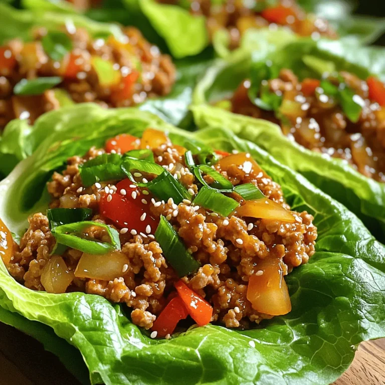 To make spicy chicken lettuce wraps, gather these key items: - 1 pound ground chicken - 2 tablespoons extra virgin olive oil - 1/2 cup red bell pepper, finely diced - 1/2 cup water chestnuts, finely chopped - 2 green onions, sliced diagonally - 2 cloves garlic, minced - 1 tablespoon fresh ginger, minced - 3 tablespoons low-sodium soy sauce - 1 tablespoon sriracha sauce - 1 tablespoon rice vinegar - 1 teaspoon toasted sesame oil - Sea salt and freshly cracked black pepper to taste - 1 head of iceberg or butter lettuce, leaves carefully separated - Toasted sesame seeds for garnish These ingredients come together to create a burst of flavor in every bite. Feel free to mix in these optional items to tailor your wraps: - Chopped nuts, like peanuts or cashews - Fresh herbs, like cilantro or basil - A squeeze of lime for extra zest - Extra vegetables such as carrots or snap peas These options let you explore new tastes while keeping the wraps fresh and fun. Each serving of spicy chicken lettuce wraps offers a healthy choice. Here’s what you can expect: - Calories: 300 - Protein: 25g - Carbohydrates: 15g - Fat: 18g - Fiber: 2g These wraps are not just tasty, they also fit well into a balanced diet. For the full recipe, check out the details above. First, gather all your ingredients. This makes the process easy and fun. You will need: - 1 pound ground chicken - 2 tablespoons extra virgin olive oil - 1/2 cup red bell pepper, finely diced - 1/2 cup water chestnuts, finely chopped - 2 green onions, sliced diagonally - 2 cloves garlic, minced - 1 tablespoon fresh ginger, minced - 3 tablespoons low-sodium soy sauce - 1 tablespoon sriracha sauce - 1 tablespoon rice vinegar - 1 teaspoon toasted sesame oil - Sea salt and freshly cracked black pepper - 1 head of iceberg or butter lettuce - Toasted sesame seeds for garnish Wash and dry the lettuce leaves. Set them aside for assembly later. Chop your veggies to ensure they cook evenly. Heat the olive oil in a large skillet over medium heat. Wait until the oil shimmers. Then, add minced garlic and ginger. Sauté for about 30 seconds. You want it fragrant but not burnt. Next, add the ground chicken. Cook it for 5-7 minutes. Use a spatula to break the chicken into small bits. Make sure it turns brown and cooks through. Once the chicken is browned, toss in the red bell pepper and water chestnuts. Stir-fry these for 3-4 minutes. This step softens the veggies and blends the flavors nicely. In a small bowl, mix the soy sauce, sriracha, rice vinegar, and sesame oil. Pour this sauce over the chicken and veggies. Stir well to coat everything evenly. Season with salt and pepper. Let it cook for another 2-3 minutes to let the flavors meld. Take your washed lettuce leaves. Spoon the spicy chicken mixture into the center of each leaf. Make sure not to overfill them, or they might tear. Top your wraps with toasted sesame seeds. This adds a nice crunch and extra flavor. Now, your spicy chicken lettuce wraps are ready to serve! Enjoy this tasty dish with family and friends. For more details, check out the Full Recipe. When cooking Spicy Chicken Lettuce Wraps, seasoning is key. Start with fresh garlic and ginger for a strong flavor. Use low-sodium soy sauce to control salt levels. Sriracha adds heat, but you can adjust this to your taste. I suggest tasting as you go. This way, you find the perfect balance. A pinch of salt at the end enhances all the flavors. Don’t forget to sprinkle sesame seeds for extra crunch. For great texture, cook the chicken until it’s browned. This step adds depth to the dish. Adding diced red bell pepper and water chestnuts gives crunch. Stir-fry them just long enough to soften, but not lose their bite. The ground chicken should be broken into small pieces. This allows for even cooking and makes wrapping easier. Avoid overcooking the mixture to keep it moist and tender. Serving these wraps is fun and easy. Use a large platter to display the lettuce leaves. Spoon the spicy chicken mixture into the center of each leaf. I like to arrange them in a circle for a vibrant look. Garnish with sliced green onions and sesame seeds. You can also add some lime wedges for a zesty touch. For a complete meal, serve with rice or quinoa on the side. Check out the Full Recipe for more details on preparation. {{image_4}} If you want to make low-carb wraps, skip the rice. Use lettuce as your base. Iceberg or butter lettuce works great. These wraps are naturally gluten-free. Just choose tamari instead of soy sauce. This keeps your meal tasty and healthy. For a vegetarian twist, swap the ground chicken for tofu. Press and crumble firm tofu. It soaks up flavors well. You can also use plant-based mince. This option gives you that same texture as meat. Cook it just like you would the chicken. Add your favorite sauce and vegetables to boost flavor. Do you love spice? Add more sriracha to your chicken mix. You can also toss in red pepper flakes for extra heat. If you prefer a milder wrap, cut back on the sriracha. You can leave it out entirely. Taste as you go and adjust to your liking. Enjoy your meal just the way you want! For the full recipe, check out the detailed steps in the [Full Recipe]. After enjoying your spicy chicken lettuce wraps, store leftovers in an airtight container. Let the chicken mixture cool down before sealing it. You can keep it in the fridge for up to three days. Make sure to separate the chicken from the lettuce leaves. This keeps the lettuce crisp and fresh. To reheat, take the chicken mixture from the fridge. Place it in a skillet over medium heat. Stir it often until it’s warm. This method keeps the chicken juicy. Avoid using the microwave, as it can make the chicken rubbery. If you need to use the microwave, do so in short bursts and cover it. If you want to store the chicken for longer, freezing is a great option. Place the cooled chicken mixture into a freezer-safe bag. Make sure to remove as much air as possible. You can freeze it for up to three months. When you’re ready to eat, thaw it overnight in the fridge. Then reheat it as described above. This method makes meal prep easy and quick. You can enjoy your homemade spicy chicken lettuce wraps anytime! For the full recipe, refer to the earlier sections. Yes, you can make the filling ahead. Cook the chicken and veggies, then cool them down. Store the filling in an airtight container in the fridge for up to three days. Just reheat it when you’re ready to eat. Serve the filling in fresh lettuce leaves for a tasty meal. You can use ground turkey or ground pork instead of chicken. If you prefer a plant-based option, try crumbled tofu or lentils. Both will give you a nice texture. Each option brings a different flavor, so choose what you like best. Yes! To make it lower in carbs, use romaine leaves instead of lettuce. You can also swap out soy sauce for coconut aminos for a soy-free version. If you want to cut calories, use less oil or leaner meat. These simple swaps keep the dish light but still tasty. Spicy chicken lettuce wraps are fun and easy to make. We discussed key ingredients, step-by-step instructions, and valuable tips. You can customize flavors and even adjust spice levels. This dish suits many diets, offers appealing options, and can be stored for later. In the end, these wraps are a tasty solution for meals or snacks. Enjoy making them your own!