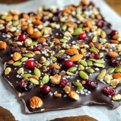 - Dark chocolate (70% cocoa or higher) - Mixed nuts (almonds, cashews, pecans) - Dried fruits (cranberries, cherries, apricots) For this bark, I recommend using dark chocolate with at least 70% cocoa. This gives a rich taste and smooth texture. You can find it in most grocery stores. Look for brands that you trust. The mixed nuts add crunch and flavor. I like a blend of almonds, cashews, and pecans. Each nut brings its own taste and texture. You can use a single type if you prefer. Dried fruits add sweetness and chewiness. Cranberries, cherries, and apricots are great choices. They balance the rich chocolate. Feel free to mix and match according to your taste. - Pumpkin seeds - Sea salt - Additional toppings (coconut flakes, chia seeds) For extra crunch, consider adding pumpkin seeds. They give a nice contrast to the nuts. Sea salt is important as it enhances the chocolate flavor. Just a pinch will do! You can also get creative with toppings. Coconut flakes add a tropical twist. Chia seeds give a nice texture and are healthy too. These additions can make your bark unique. For the full recipe, refer to the [Full Recipe]. To melt your dark chocolate, you can use two methods: the double boiler or the microwave. - Double boiler method: Place finely chopped chocolate in a heatproof bowl. Set this bowl over a pot of simmering water. Stir the chocolate constantly until it melts. This method gives you smooth and velvety chocolate. - Microwave method: Place the chocolate in a microwave-safe bowl. Heat in 30-second bursts, stirring well each time. This method is quicker but requires close attention to avoid burning the chocolate. Next, prepare your baking tray for pouring the chocolate. - Lining with parchment paper: Cut a piece of parchment paper to fit your tray. Place it inside, letting the edges hang over a bit. This helps lift the bark out after it sets. - Size considerations for the tray: Use a tray that is around 9x13 inches. This size helps create a nice thickness for your bark. Now it's time to assemble your delicious treat. - Pouring and spreading chocolate evenly: Once the chocolate is melted, pour it onto the lined tray. Use a spatula to spread it evenly. Aim for a uniform thickness for the best texture. - Adding toppings and pressing in: While the chocolate is still warm, sprinkle your mixed nuts, dried fruits, and pumpkin seeds on top. Press these toppings gently into the chocolate to help them stick. Finally, let your bark set properly before breaking it apart. - Setting time in refrigerator: Place the tray in the refrigerator. Chill for about 1 to 2 hours. This time is key for a good snap. - Cutting into pieces: Once the chocolate is firm, lift the bark out using the parchment paper. Place it on a cutting board. Break it into irregular pieces for a rustic look. Now you have a beautiful Dark Chocolate Sea Salt Bark to enjoy! For the complete process, check the Full Recipe. To get the best texture for your bark, always start with high-quality chocolate. The cocoa content should be 70% or higher. This ensures a rich flavor and smooth melt. For a smooth melt, I recommend using a double boiler. This method lets the chocolate melt gently without burning. If you prefer a faster way, use the microwave. Heat the chocolate in 30-second bursts, stirring in between. This keeps the heat even and avoids clumps. Balancing sweet and salty is key to great bark. The dark chocolate is rich, while sea salt adds a nice contrast. You can also try flavored salts, like smoked or garlic salt, for unique twists. Just a pinch can make a big difference in taste. When gifting your bark, think about how it looks. Arrange the pieces on a pretty platter. A sprinkle of extra sea salt on top adds flair. You can also wrap the bark in clear bags tied with ribbons. This makes a simple, yet lovely gift. {{image_4}} You can add a twist to your bark. For a spicy kick, try adding chili flakes. This will give your dark chocolate a warm bite. If you want something festive, use peppermint or orange zest. Both add a bright flavor that pairs well with dark chocolate. If you follow a vegan diet, you can still enjoy this treat. Just use dairy-free chocolate. It melts just as well and tastes great. For those with nut allergies, you can make nut-free bark. Replace nuts with seeds like sunflower or pumpkin seeds. They add a nice crunch without the nuts. Texture matters in this bark. You can add crispy rice or puffed quinoa for a light crunch. They make each bite fun and interesting. You can also mix in different nuts. Try walnuts or hazelnuts for a new flavor profile. Each kind of nut offers a unique taste that compliments the dark chocolate. Store your Dark Chocolate Sea Salt Bark at room temperature for a soft bite. If you prefer a firmer texture, keep it in the fridge. Use an airtight container to keep it fresh. Glass or plastic containers work well. Just make sure the lid seals tight to keep moisture out. This tasty treat lasts about two weeks at room temperature. If stored in the fridge, it can last up to a month. Look for signs that it has gone bad. If the chocolate looks dull or has white spots, it's best to toss it. A strange smell or taste also means it’s time to say goodbye. For the full recipe, check out the Dark Chocolate Sea Salt Bark recipe section! Making Dark Chocolate Sea Salt Bark is quick! The prep time is only 15 minutes. After that, you need to chill it for about 1 to 2 hours. So, the total time is around 2 hours and 15 minutes. This timing is perfect for a sweet treat or a last-minute gift! Yes, you can use milk chocolate. However, it will change the flavor. Milk chocolate is sweeter and creamier. It has less cocoa and more sugar than dark chocolate. This means it won’t have the same rich taste. If you're looking for health benefits, dark chocolate is better. It has antioxidants and less sugar. You can pair this bark with many drinks! A rich coffee brings out the chocolate flavor well. A glass of red wine also works nicely. For dessert pairings, try some vanilla ice cream or a fresh fruit salad. The sweet and salty mix is very tasty. You can find high-quality dark chocolate in many places. Look for brands like Ghirardelli, Valrhona, or Lindt. These brands offer great taste and quality. Local specialty stores often carry gourmet chocolate too. Online shops like Amazon or specialty chocolate websites are also good options. If you want to change the sweetness, it’s easy! You can add less chocolate or include less dried fruit. If you prefer more sweetness, try adding a bit of honey or maple syrup. Just remember, a small amount goes a long way! Adjust to taste as you mix. In this blog post, we explored making Dark Chocolate Sea Salt Bark. We covered key ingredients like dark chocolate, nuts, and dried fruits. I provided step-by-step instructions for melting chocolate and assembling the bark. You found tips for perfect texture and flavor, plus fun variations. Remember to store it well to keep it fresh. Now, you have the tools to create a tasty treat. Enjoy your homemade bark and get creative with it!