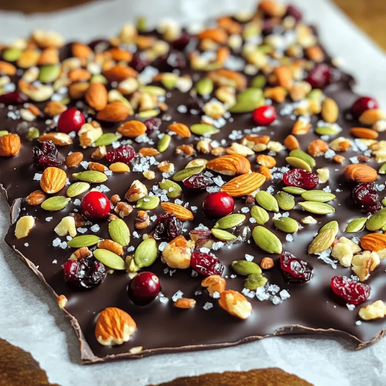 - Dark chocolate (70% cocoa or higher) - Mixed nuts (almonds, cashews, pecans) - Dried fruits (cranberries, cherries, apricots) For this bark, I recommend using dark chocolate with at least 70% cocoa. This gives a rich taste and smooth texture. You can find it in most grocery stores. Look for brands that you trust. The mixed nuts add crunch and flavor. I like a blend of almonds, cashews, and pecans. Each nut brings its own taste and texture. You can use a single type if you prefer. Dried fruits add sweetness and chewiness. Cranberries, cherries, and apricots are great choices. They balance the rich chocolate. Feel free to mix and match according to your taste. - Pumpkin seeds - Sea salt - Additional toppings (coconut flakes, chia seeds) For extra crunch, consider adding pumpkin seeds. They give a nice contrast to the nuts. Sea salt is important as it enhances the chocolate flavor. Just a pinch will do! You can also get creative with toppings. Coconut flakes add a tropical twist. Chia seeds give a nice texture and are healthy too. These additions can make your bark unique. For the full recipe, refer to the [Full Recipe]. To melt your dark chocolate, you can use two methods: the double boiler or the microwave. - Double boiler method: Place finely chopped chocolate in a heatproof bowl. Set this bowl over a pot of simmering water. Stir the chocolate constantly until it melts. This method gives you smooth and velvety chocolate. - Microwave method: Place the chocolate in a microwave-safe bowl. Heat in 30-second bursts, stirring well each time. This method is quicker but requires close attention to avoid burning the chocolate. Next, prepare your baking tray for pouring the chocolate. - Lining with parchment paper: Cut a piece of parchment paper to fit your tray. Place it inside, letting the edges hang over a bit. This helps lift the bark out after it sets. - Size considerations for the tray: Use a tray that is around 9x13 inches. This size helps create a nice thickness for your bark. Now it's time to assemble your delicious treat. - Pouring and spreading chocolate evenly: Once the chocolate is melted, pour it onto the lined tray. Use a spatula to spread it evenly. Aim for a uniform thickness for the best texture. - Adding toppings and pressing in: While the chocolate is still warm, sprinkle your mixed nuts, dried fruits, and pumpkin seeds on top. Press these toppings gently into the chocolate to help them stick. Finally, let your bark set properly before breaking it apart. - Setting time in refrigerator: Place the tray in the refrigerator. Chill for about 1 to 2 hours. This time is key for a good snap. - Cutting into pieces: Once the chocolate is firm, lift the bark out using the parchment paper. Place it on a cutting board. Break it into irregular pieces for a rustic look. Now you have a beautiful Dark Chocolate Sea Salt Bark to enjoy! For the complete process, check the Full Recipe. To get the best texture for your bark, always start with high-quality chocolate. The cocoa content should be 70% or higher. This ensures a rich flavor and smooth melt. For a smooth melt, I recommend using a double boiler. This method lets the chocolate melt gently without burning. If you prefer a faster way, use the microwave. Heat the chocolate in 30-second bursts, stirring in between. This keeps the heat even and avoids clumps. Balancing sweet and salty is key to great bark. The dark chocolate is rich, while sea salt adds a nice contrast. You can also try flavored salts, like smoked or garlic salt, for unique twists. Just a pinch can make a big difference in taste. When gifting your bark, think about how it looks. Arrange the pieces on a pretty platter. A sprinkle of extra sea salt on top adds flair. You can also wrap the bark in clear bags tied with ribbons. This makes a simple, yet lovely gift. {{image_4}} You can add a twist to your bark. For a spicy kick, try adding chili flakes. This will give your dark chocolate a warm bite. If you want something festive, use peppermint or orange zest. Both add a bright flavor that pairs well with dark chocolate. If you follow a vegan diet, you can still enjoy this treat. Just use dairy-free chocolate. It melts just as well and tastes great. For those with nut allergies, you can make nut-free bark. Replace nuts with seeds like sunflower or pumpkin seeds. They add a nice crunch without the nuts. Texture matters in this bark. You can add crispy rice or puffed quinoa for a light crunch. They make each bite fun and interesting. You can also mix in different nuts. Try walnuts or hazelnuts for a new flavor profile. Each kind of nut offers a unique taste that compliments the dark chocolate. Store your Dark Chocolate Sea Salt Bark at room temperature for a soft bite. If you prefer a firmer texture, keep it in the fridge. Use an airtight container to keep it fresh. Glass or plastic containers work well. Just make sure the lid seals tight to keep moisture out. This tasty treat lasts about two weeks at room temperature. If stored in the fridge, it can last up to a month. Look for signs that it has gone bad. If the chocolate looks dull or has white spots, it's best to toss it. A strange smell or taste also means it’s time to say goodbye. For the full recipe, check out the Dark Chocolate Sea Salt Bark recipe section! Making Dark Chocolate Sea Salt Bark is quick! The prep time is only 15 minutes. After that, you need to chill it for about 1 to 2 hours. So, the total time is around 2 hours and 15 minutes. This timing is perfect for a sweet treat or a last-minute gift! Yes, you can use milk chocolate. However, it will change the flavor. Milk chocolate is sweeter and creamier. It has less cocoa and more sugar than dark chocolate. This means it won’t have the same rich taste. If you're looking for health benefits, dark chocolate is better. It has antioxidants and less sugar. You can pair this bark with many drinks! A rich coffee brings out the chocolate flavor well. A glass of red wine also works nicely. For dessert pairings, try some vanilla ice cream or a fresh fruit salad. The sweet and salty mix is very tasty. You can find high-quality dark chocolate in many places. Look for brands like Ghirardelli, Valrhona, or Lindt. These brands offer great taste and quality. Local specialty stores often carry gourmet chocolate too. Online shops like Amazon or specialty chocolate websites are also good options. If you want to change the sweetness, it’s easy! You can add less chocolate or include less dried fruit. If you prefer more sweetness, try adding a bit of honey or maple syrup. Just remember, a small amount goes a long way! Adjust to taste as you mix. In this blog post, we explored making Dark Chocolate Sea Salt Bark. We covered key ingredients like dark chocolate, nuts, and dried fruits. I provided step-by-step instructions for melting chocolate and assembling the bark. You found tips for perfect texture and flavor, plus fun variations. Remember to store it well to keep it fresh. Now, you have the tools to create a tasty treat. Enjoy your homemade bark and get creative with it!