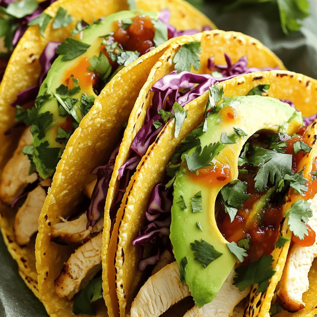 - 1 lb boneless, skinless chicken breasts - 1/4 cup freshly squeezed lime juice - 1/4 cup fresh cilantro, finely chopped - 2 cloves garlic, finely minced - 1 teaspoon ground cumin - 1 teaspoon chili powder - Salt and black pepper to taste I love using boneless, skinless chicken breasts for this recipe. They cook fast and soak up flavors well. Fresh cilantro and lime juice are key to that zesty taste. The garlic adds a nice kick, while cumin and chili powder give depth. A pinch of salt and black pepper will bring it all together. - 1 cup shredded red cabbage - 1 ripe avocado, thinly sliced - 1/2 cup salsa (your choice of mild or spicy) For toppings, I enjoy using shredded red cabbage. It adds a nice crunch and vibrant color. Sliced avocado brings creaminess that balances the flavors. Salsa is a must; choose your favorite for a spicy or mild touch. - 8 small corn tortillas - Alternative tortilla types (flour, whole wheat) Corn tortillas are my go-to for these tacos. They're soft and have a great taste. If you prefer, you can use flour or whole wheat tortillas. Both options work well and can make your meal even more satisfying. For the full recipe, refer to the earlier section. To start, gather your marinade ingredients. You need fresh lime juice, chopped cilantro, minced garlic, ground cumin, chili powder, and some salt and black pepper. In a medium bowl, mix the lime juice, cilantro, garlic, cumin, and chili powder. Add a pinch of salt and pepper. Stir until combined. This blend gives the chicken a tasty kick. Next, add your chicken breasts to the bowl. Make sure each piece is well coated in the marinade. Cover the bowl with plastic wrap. Place it in the fridge for at least 30 minutes. For best flavor, let it marinate for 2 hours. When you’re ready to cook, preheat your grill or skillet to medium-high heat. Remove the chicken from the marinade, letting any extra drip off. Cook the chicken for about 6-7 minutes on each side. Use a meat thermometer to check the internal temperature. It should reach 165°F (75°C). The chicken should have a nice golden-brown color when done. After cooking, move the chicken to a cutting board. Let it rest for about 5 minutes. This helps keep the juices inside. Then, slice the chicken into thin strips. Now, warm your corn tortillas. You can do this on the grill or in a dry skillet. Heat them for about 30 seconds on each side. They should be soft and slightly charred. To build your tacos, start with a handful of shredded red cabbage on the tortilla. Next, add a portion of the sliced chicken on top. Layer on a few avocado slices. Finish with a drizzle of your favorite salsa. For a fresh touch, sprinkle extra chopped cilantro on top. This adds color and flavor to your tacos. Enjoy your delicious cilantro lime chicken tacos! For the complete recipe, check the Full Recipe section. For the best flavor, marinate the chicken for at least 30 minutes. However, two hours gives you the most taste. You can add more fun flavors to the marinade. Try adding a splash of orange juice for sweetness. A pinch of smoked paprika can give it a nice kick. To avoid dryness, do not overcook the chicken. Check that it reaches 165°F (75°C). Letting the chicken rest helps keep it juicy. For the tortillas, warm them over medium heat. This will give them a nice char and make them soft. These tacos pair well with black beans or corn salad. A light beer or fresh limeade can enhance the meal. To serve, try stacking chicken and toppings high. You can even make a taco bar for fun! Consider using crispy lettuce cups for a fresh twist. For a unique touch, sprinkle some queso fresco on top. Enjoy your cilantro lime chicken tacos! {{image_4}} You can change things up by using different proteins. Shrimp, pork, or tofu work great in these tacos. Each protein needs a bit of attention. For shrimp, cook for about 3-4 minutes until they turn pink. For pork, use thin slices and grill them for about 5-6 minutes per side. Tofu should be pressed and cooked for about 4-5 minutes on each side until golden brown. Want to add a twist? Try adding mango or pineapple for a sweet flavor boost. You can mix diced mango or pineapple into your salsa. It adds a nice contrast to the savory chicken. For spice lovers, add sliced jalapeños or chipotle to the marinade. These peppers give a smoky kick that pairs well with the lime and cilantro. Not in the mood for traditional tacos? Consider taco bowls instead. Use rice as a base and top with chicken, cabbage, and avocado. You can also make lettuce wraps for a low-carb option. Just replace the tortillas with large lettuce leaves. This keeps it fresh and crunchy. For more ideas, check out the Full Recipe for other fun ways to enjoy these flavors! To keep your cooked chicken fresh, place it in an airtight container. This helps lock in moisture and flavor. Store it in the fridge for up to four days. For tacos, wrap each one in foil to keep them crisp. Avoid stacking them to prevent sogginess. When reheating chicken, use a microwave or skillet. For the microwave, heat in short bursts to avoid overcooking. If using a skillet, add a splash of water to steam the chicken. Warm tortillas in a skillet for a few seconds per side. This will keep them soft and ready to fold. You can freeze marinated chicken for later meals. Place it in a freezer bag, removing as much air as possible. This keeps it fresh for up to three months. For prepared tacos, wrap each one in plastic wrap and then foil. This helps maintain taste and texture. Enjoy quick meals on busy days! You can find the full recipe linked earlier for detailed steps. If you dislike cilantro, you have options. Try parsley for a fresh taste. Basil adds a sweet flavor. Mint can bring a unique twist. Each herb gives a different vibe but works well in tacos. Yes, you can prep ahead. Marinate chicken earlier in the day. Cook and slice it when you’re ready. You can also warm tortillas just before serving. Prep toppings like cabbage and avocado in advance. Store them in airtight containers. To keep chicken juicy, don't overcook it. Use a meat thermometer; 165°F is perfect. Let the chicken rest after cooking. This helps the juices redistribute. Marinating adds flavor and moisture too. In this post, we covered how to make delicious cilantro lime chicken tacos. We discussed the main ingredients like chicken, spices, and fresh toppings. I shared step-by-step instructions for marinating and cooking the chicken. We also explored tips for perfecting your tacos with various fillings and storage methods. Remember, cooking is all about experimenting. Feel free to try different proteins and flavors. With these tips, enjoy making tasty tacos that everyone will love!