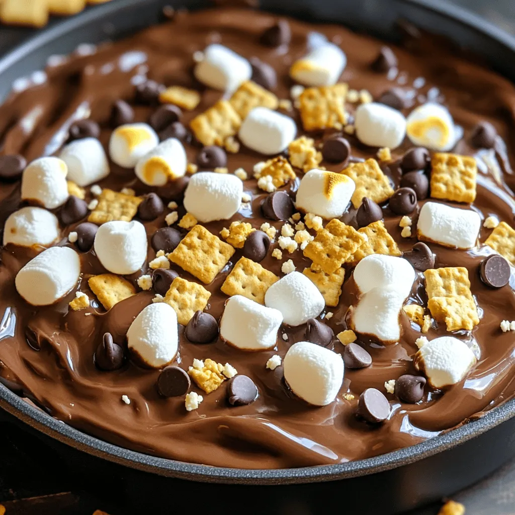 - 1 cup semi-sweet or dark chocolate chips - 1 cup mini marshmallows - 1 cup graham cracker crumbs (crushed) - 1 tablespoon unsalted butter - 1/2 teaspoon vanilla extract - Pinch of sea salt - Extra chocolate chips and mini marshmallows for garnish Chocolate chips bring a rich, sweet flavor. You can use semi-sweet or dark chips. Mini marshmallows add a soft, fluffy texture on top. The graham cracker crumbs give a crunchy base that enhances the flavor. Unsalted butter makes the chocolate creamy. Vanilla extract adds warmth, while sea salt balances the sweetness. I love using Ghirardelli chocolate chips for their great taste. You can swap them with Nestlé or Hershey’s if you prefer. For marshmallows, Jet-Puffed is a reliable choice. If you want a healthier option, try using whole grain graham crackers. You can also make your own graham cracker crumbs by crushing any sweet crackers! 1. First, preheat your oven to 350°F (175°C). This helps the dip bake evenly. 2. Take a medium oven-safe skillet or baking dish. Add 1 tablespoon of unsalted butter. 3. Place the dish over medium heat. Let the butter melt completely. This takes just a few moments. 4. Once melted, remove the dish from the heat. Pour in 1 cup of chocolate chips. 5. Stir gently until about half of the chips melt. This makes a gooey chocolate mix. 6. Add 1/2 teaspoon of vanilla extract and a pinch of sea salt. Stir until smooth. 7. Spread 1 cup of mini marshmallows evenly on top of the chocolate mixture. 8. Next, sprinkle 1 cup of crushed graham cracker crumbs over the marshmallows. 9. For extra yum, add more chocolate chips and marshmallows on top. 1. Carefully place the dish in your preheated oven. Bake for about 10 minutes. 2. Watch closely as the marshmallows turn golden brown. This means the dip is ready. 3. Once baked, remove the dip from the oven. Let it cool for a couple of minutes. - Keep an eye on the marshmallows while baking. They can burn quickly. - Letting the dip cool slightly prevents burns when you dive in. - Serve warm for the best taste and texture. Enjoy this delightful treat! To get smooth, melted chocolate, use medium heat. Stir as you melt the chocolate chips. This helps them mix well with the butter. If you rush, chocolate can burn. Use a good quality chocolate for the best taste. Semi-sweet or dark chocolate works great. For golden, toasted marshmallows, bake them until they puff up. Keep an eye on them as they can burn quickly. You can also use a kitchen torch for a fun twist. Just hold the torch a few inches away and rotate the marshmallows. This gives a nice char without melting the dip too much. Serve the dip warm right from the oven. Use a skillet or baking dish for a cozy look. Pair it with extra graham crackers, fresh fruit, or pretzels. This gives everyone a tasty way to scoop! A sprinkle of graham cracker crumbs on top can make it look special. For the full recipe, check the earlier section. {{image_4}} You can change the flavor of your Chocolate Chip S'mores Dip easily. Try adding peanut butter or caramel. Just swirl it into the chocolate before you add the marshmallows. You can even mix in some toffee bits or crushed candy bars for fun. These flavors will take your dip to the next level. If you want a vegan version, swap out the chocolate chips for dairy-free ones. Use vegan butter instead of regular butter. You can also find vegan marshmallows in stores. This way, everyone can enjoy the dip, no matter their diet. Serving this dip in mason jars can be fun and easy. Layer the ingredients inside jars for a cute presentation. You can also set out small cups of graham cracker crumbs, fruit, or pretzels for dipping. This makes it easy for guests to grab their own serving. Plus, it adds a nice touch to any party. For the full recipe, check the earlier section. Once you finish your Chocolate Chip S'mores Dip, let it cool. Cover it tightly with plastic wrap or transfer it to an airtight container. Store it in the fridge for up to three days. This way, you keep it fresh and tasty for later munching. When you are ready to enjoy your dip again, preheat your oven to 350°F (175°C). Place the dip in an oven-safe dish and cover it with foil. Heat for about 10 minutes. This helps the chocolate and marshmallows warm up without burning. If you want to speed things up, you can microwave small portions for 20 to 30 seconds. You can freeze the dip, but it’s best to do this before baking. Prepare the dip as directed, then cover it tightly. Store it in the freezer for up to one month. When you want to bake it, let it thaw in the fridge overnight. Then bake it as instructed in the Full Recipe. Enjoy every gooey bite! Yes, you can prepare the dip in advance. Make it, and store it in the fridge. When you're ready to serve, just bake it until bubbly. This saves time and makes it easy for parties. If you don't have graham crackers, use crushed cookies like digestive biscuits. You can also use vanilla wafers or even crushed pretzels for a fun twist. Each option adds a unique flavor. The dip is ready when the marshmallows turn golden and puff up. This takes about 10 minutes in the oven. Keep an eye on it, so it doesn't burn. The chocolate should be melted and gooey. You can find the full recipe for Chocolate Chip S'mores Dip above. It includes all the ingredients and steps to create this delicious treat. Enjoy making it! In this blog post, we explored the key ingredients and steps to make a tasty chocolate chip s'mores dip. We looked at tips for getting the perfect melt and delightful ways to serve it. You can make variations to suit your taste and dietary needs. Don't forget how to store leftovers and heat them up later. With all this knowledge, you can create a fun snack or dessert. Enjoy making this delicious dip and share it with friends!