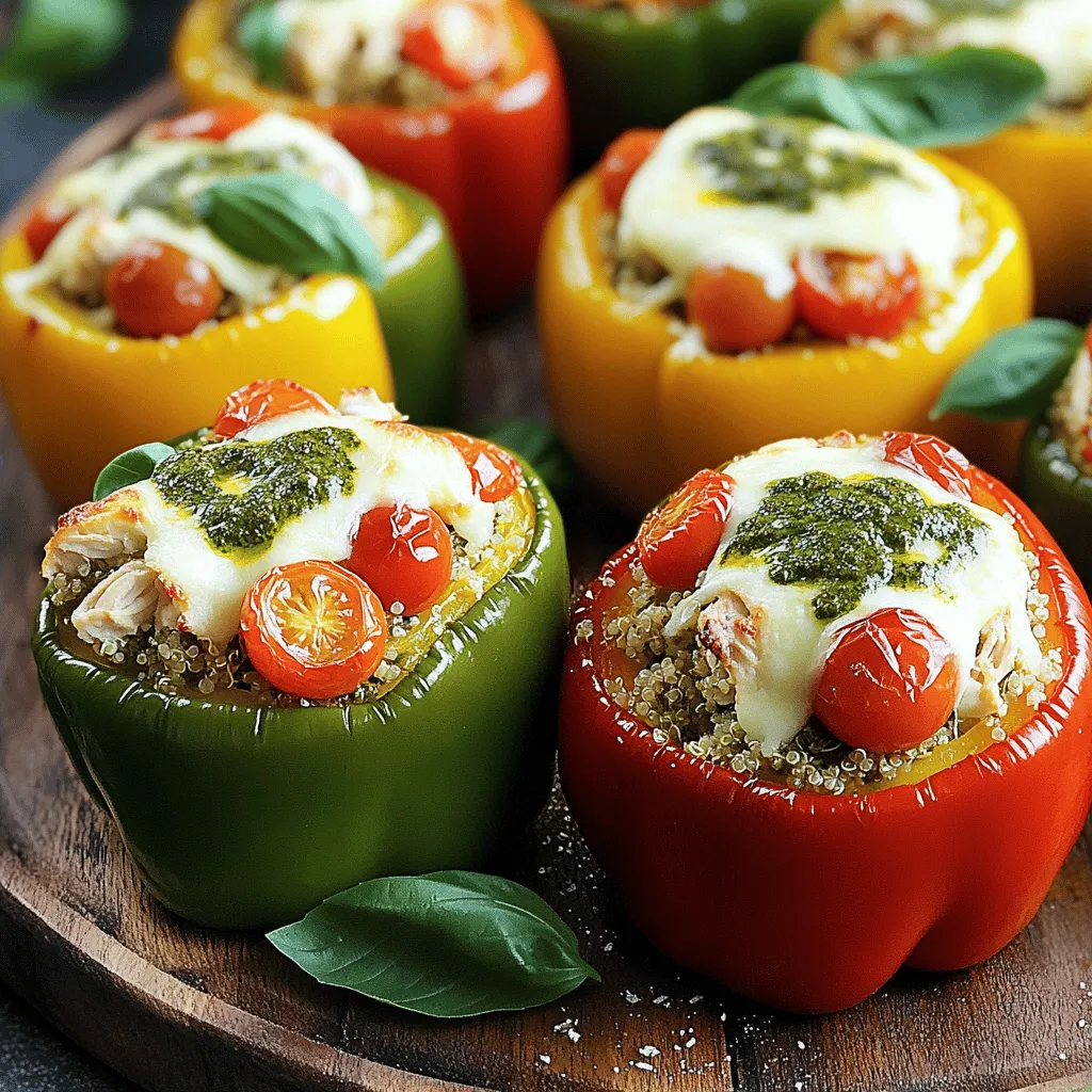 - 4 large bell peppers (red, yellow, or green) - 2 cups cooked chicken (shredded rotisserie chicken as an option) - 1/2 cup pesto sauce (store-bought or homemade) - 1 cup cooked quinoa or rice substitute - 1/2 cup cherry tomatoes (halved) - 1/2 cup mozzarella cheese (shredded) - 1/4 cup grated Parmesan cheese - Salt and pepper to taste - 2 tablespoons olive oil - Fresh basil leaves for garnish The main ingredients for this dish are simple yet packed with flavor. I choose bright bell peppers for color and taste. You can use red, yellow, or green peppers, each offering a unique sweetness. Next, I use cooked chicken. Shredded rotisserie chicken is my go-to for ease. It saves time and adds great flavor. The pesto sauce ties everything together. I often use store-bought sauce, but making my own gives a fresh twist. In the additional ingredients, I add quinoa. It's a healthy option, but you can swap it with rice if you prefer. Cherry tomatoes add a burst of freshness. The mozzarella and Parmesan cheeses create a lovely cheesy topping. When it comes to seasoning, I use salt and pepper. A drizzle of olive oil helps to enhance the flavors. Finally, I love garnishing with fresh basil leaves. They add a nice aroma and color to the dish. For the full recipe, check [Full Recipe]. - Preheat your oven to 375°F (190°C). This step ensures even cooking. - Prepare the bell peppers by slicing off the tops and removing the seeds. This makes room for the filling. - In a large bowl, combine the shredded chicken, pesto, cooked quinoa, halved cherry tomatoes, half of the mozzarella, and grated Parmesan. - Add salt and pepper to taste. Mix well to ensure every piece gets coated in the pesto. - Drizzle olive oil inside each pepper. This adds flavor and helps with cooking. - Pack the chicken and pesto mixture into each pepper firmly. Make sure it holds its shape during baking. - Arrange the stuffed peppers upright in a baking dish. If a pepper wobbles, trim a bit off the bottom for stability. - Cover the dish with foil. Bake for 25 minutes to let the flavors blend. - After 25 minutes, remove the foil and bake for another 10-15 minutes. This step melts the cheese and softens the peppers. For the full recipe, you can refer back to the ingredients section. Enjoy your cooking adventure! - Use pre-cooked chicken for convenience. It saves time and effort while cooking. Shredded rotisserie chicken works great. You can find it in most grocery stores. This choice keeps your meal simple and tasty. - Opt for homemade pesto for fresher flavor. Making pesto at home is easy and rewarding. Use fresh basil, garlic, nuts, and olive oil for a vibrant taste. Store-bought pesto can be good, but homemade is special. - Pair the stuffed peppers with a side salad or garlic bread. A light salad adds crunch and freshness. Garlic bread brings warmth and comfort to the meal. These sides balance the rich flavors of the peppers well. - For presentation tips, serve the stuffed peppers on a beautiful platter. Drizzle some extra pesto sauce over the top. Sprinkle chopped basil for color and flavor. This makes your dish look fancy and inviting. - Add spices or herbs to the filling. Consider red pepper flakes for heat or Italian seasoning for depth. Fresh herbs like parsley or thyme can also boost flavor. Experimenting makes the dish unique to your taste. - Try different cheeses or vegetables in the stuffing. Feta cheese can add a tangy touch. You can mix in spinach or mushrooms for extra nutrients. These changes can create a new experience each time you make it. {{image_4}} You can switch up the proteins in this dish. Turkey works well if you want a leaner option. Tofu is great for a vegetarian choice. Both blend nicely with pesto and add great taste. Adding vegetables keeps the filling fresh and colorful. Spinach is a great choice as it wilts down and mixes well. Mushrooms add a savory flavor that pairs perfectly with the chicken. Don't be afraid to experiment with what you have on hand! Grilling stuffed peppers gives them a unique, smoky flavor. The grill caramelizes the edges, making them crispy. Baking is the classic method, making the peppers soft and tender. Both methods will yield delicious results. If you're in a hurry, try an Instant Pot. It cooks the peppers quickly and keeps them moist. Just cook them under high pressure for about 10 minutes. This way, you save time while still enjoying a tasty meal. To change the flavor, think Mediterranean. Adding feta cheese and olives brings a salty bite that enhances the pesto. You can also add sun-dried tomatoes for more depth. If you prefer heat, try a spicy version. Jalapeños or a dash of hot sauce can kick things up. Adjusting the spice level allows you to make the dish your own. To store your pesto chicken stuffed peppers, let them cool first. Place them in an airtight container. Keep them in the fridge. They will stay fresh for 3 to 5 days. If you want to enjoy them later, freezing is a great option. To freeze your stuffed peppers, follow these steps: 1. Allow the peppers to cool completely. 2. Wrap each pepper in plastic wrap tightly. 3. Place the wrapped peppers in a freezer bag or container. They will stay good for about 3 months. When you want to eat them, take them out of the freezer. Thaw them in the fridge overnight. Reheat in the oven at 350°F (175°C) until warm. Meal prep can make your week easier. You can make a batch of stuffed peppers on Sunday. Store them in the fridge or freeze them. Pair them with a side salad or whole grain for quick lunches. You can also mix them with roasted veggies or grains for a filling meal. This way, you have tasty and healthy options ready to go! Can I make stuffed peppers ahead of time? Yes, you can prepare stuffed peppers in advance. Just fill the peppers and store them in the fridge. Bake them when you are ready to eat. This makes dinner easy! What can I substitute for quinoa in this recipe? You can use rice instead of quinoa. Brown rice, white rice, or even cauliflower rice work well. Each choice gives a different texture, so pick what you like best. How do I know when the peppers are done? The peppers are done when they are soft. You can easily pierce them with a fork. The cheese should also be bubbly and golden on top. Can I use a different type of cheese? Absolutely! You can use cheddar, gouda, or any cheese you love. Each cheese adds its own unique flavor to the dish. How can I make this recipe spicier? You can add crushed red pepper flakes or diced jalapeños to the filling. You can also drizzle hot sauce on top before serving. Is it possible to make the filling vegetarian? Yes, you can replace chicken with cooked lentils or beans. You could also add more vegetables like spinach or mushrooms for extra taste. This makes it healthy and delicious! In this article, we explored how to make Pesto Chicken Stuffed Peppers. We detailed key ingredients, like bell peppers, chicken, and pesto. I shared easy steps for preparing, stuffing, and baking these tasty treats. You can customize with different proteins or spices for extra flavor. Storing leftovers is simple, making meal prep a breeze. This dish combines healthy ingredients with great taste. Enjoy creating your version of Pesto Chicken Stuffed Peppers!