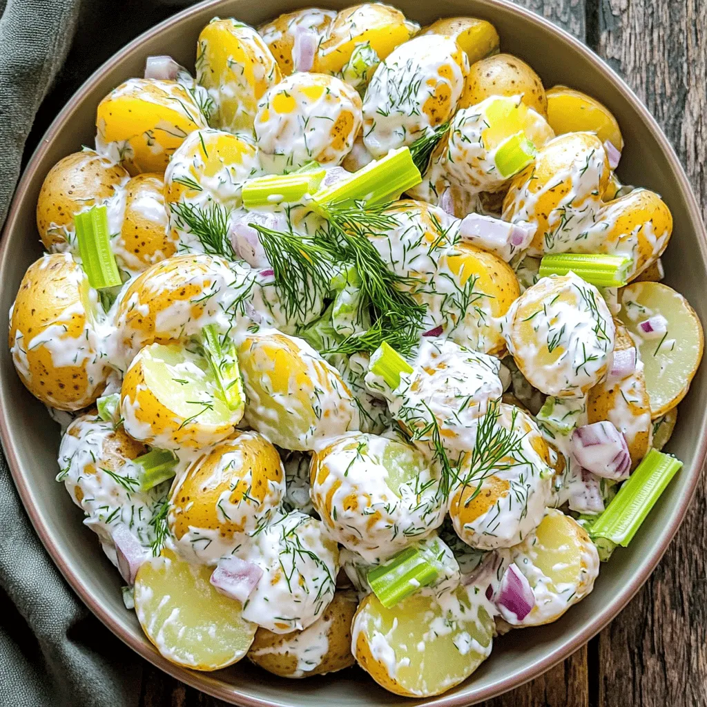 - 2 pounds baby potatoes - 1 cup Greek yogurt - 1/4 cup mayonnaise - 2 tablespoons fresh dill - 1 tablespoon Dijon mustard - 1 tablespoon apple cider vinegar - 1/2 teaspoon garlic powder - 1/2 teaspoon onion powder - Salt and pepper to taste - 1/4 cup red onion - 1/2 cup celery - 1/4 cup sweet pickles (optional) When making creamy dill potato salad, start with fresh, good-quality ingredients. I love using baby potatoes because they stay tender and hold their shape well. They have a natural sweetness that shines through in every bite. Greek yogurt gives the salad a rich, creamy texture. It also adds a nice tang that balances the flavors. For extra creaminess, I mix in a bit of mayonnaise. The dill is key here. Fresh dill brings a bright flavor that lifts the whole dish. Dijon mustard adds a hint of zest, while apple cider vinegar gives a touch of acidity. Those two ingredients work together to enhance the taste. Garlic and onion powders add depth without being overpowering. Don’t forget the crunch! I add diced red onion and celery for texture. Sweet pickles are optional but can add a nice contrast with their sweetness. For the full recipe, check out the detailed instructions I shared earlier. To start, place the halved baby potatoes in a large pot. Pour in cold water to cover them by about an inch. Add a pinch of salt for flavor. Bring the water to a boil over medium-high heat. Once the water boils, reduce the heat to medium. Let the potatoes simmer for 12 to 15 minutes. You want them tender enough that a fork can pierce through easily. After they cook, drain the potatoes in a colander and set them aside to cool completely. While the potatoes cool, mix the dressing. In a spacious mixing bowl, combine 1 cup of Greek yogurt with 1/4 cup of mayonnaise. Add 2 tablespoons of finely chopped fresh dill for that bright flavor. Then, stir in 1 tablespoon of Dijon mustard and 1 tablespoon of apple cider vinegar. Next, sprinkle in 1/2 teaspoon of garlic powder and 1/2 teaspoon of onion powder. Don’t forget a pinch of salt and black pepper. Use a whisk to mix everything until the dressing becomes creamy and well blended. When the potatoes reach room temperature, it's time to combine! Transfer them to the bowl with the dressing. Add 1/4 cup of finely diced red onion and 1/2 cup of diced celery. If you like, toss in 1/4 cup of chopped sweet pickles for extra flavor. With a gentle folding motion, mix the potatoes with the dressing until they are well coated. Be careful not to mash the potatoes. After mixing, taste the salad. Adjust the seasoning with more salt and pepper if needed. Finally, cover the bowl with plastic wrap and chill it in the fridge for at least one hour. This gives the flavors a chance to blend beautifully. For the full recipe, check out Creamy Dill Potato Salad! To keep your potato salad creamy, avoid mashing the potatoes. After boiling, let them cool in a colander. This method helps prevent them from getting too soft. Use a fork to check if they are tender. You want them firm but easy to pierce. For cooling the potatoes, spread them out on a baking sheet. This way, they cool faster and do not steam. You can also place them in the fridge for about 15 minutes. Just keep an eye on them to avoid getting too cold. To boost flavor, herbs and spices are key. Fresh dill is a must for this recipe, but you can add others too. Chives and parsley can give a nice touch. For a bit of heat, try adding a pinch of cayenne pepper. If you want sweetness, consider adding a touch of honey. For tanginess, a splash of lemon juice works well. Experiment with these options to find the perfect balance for your taste. For a pretty presentation, serve the salad in a big bowl. Garnish with extra fresh dill on top. You might also add slices of hard-boiled eggs for a nice look and extra flavor. This potato salad pairs well with grilled meats or sandwiches. It can be the star at a picnic or barbecue. Serve it cold for the best taste. For the full recipe, check out the complete guide and make this dish shine! {{image_4}} You can make this creamy dill potato salad a bit lighter. Try using low-fat yogurt instead of regular yogurt. This swap reduces calories but keeps the same creamy texture. Another option is to substitute vegan mayo for traditional mayo. This choice suits those who avoid eggs or dairy. Both alternatives keep the flavor fresh and delicious. You can enhance the taste of your salad by adding bacon or hard-boiled eggs. Crispy bacon gives a salty crunch, while eggs add protein and creaminess. You can also include seasonal vegetables like peas or bell peppers. These additions add color and extra nutrients to the salad. For those who need gluten-free options, this potato salad is already safe. All the ingredients are naturally gluten-free. If you want to make it vegan, use only Greek yogurt and vegan mayo. This way, you still enjoy the creamy delight without animal products. Each variation keeps the salad tasty and satisfying. You can store creamy dill potato salad in the fridge for about three to five days. Keep it in an airtight container to keep it fresh. If you plan to serve it later, cover it well to avoid any odors from other foods affecting its flavor. I do not recommend freezing potato salad. The texture changes when thawed, making it mushy. If you still want to freeze it, place it in a freezer-safe container. After thawing, stir gently to mix the ingredients again. Serve it cold and enjoy the fresh taste! I recommend using waxy potatoes, like baby potatoes. They hold their shape well. Waxy potatoes have a smooth texture, making them perfect for salads. Starchy potatoes, like russets, can turn mushy. This makes them less ideal for a creamy dill potato salad. Stick to waxy potatoes for the best results. Yes, you can prepare the salad a day in advance. Making it ahead gives the flavors time to blend. Just follow the full recipe, and store it in the fridge. Cover it tightly to keep it fresh. When you're ready to serve, give it a gentle stir and check the seasoning. To stop potatoes from browning, cut them just before cooking. If you need to prep early, place cut potatoes in cold water. This keeps them from turning brown. Be sure to drain and dry them before cooking. Keeping them cool and submerged is key to freshness. This blog post covered how to make a tasty potato salad from scratch. We explored key ingredients like Greek yogurt, dill, and baby potatoes. I shared easy steps for cooking and mixing, along with tips to improve texture and flavor. Remember to adjust ingredients to fit your taste. This salad can be made in advance and stored well. With simple variations, you can customize it for any occasion. Enjoy your delicious creation!