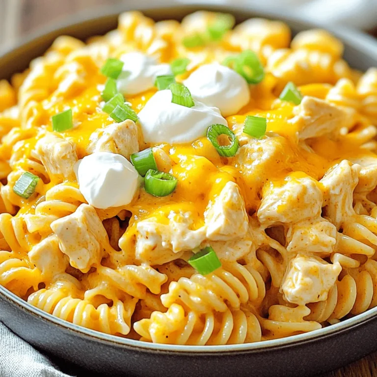 - 2 cups rotini pasta - 1 lb boneless, skinless chicken breasts - 1 cup buffalo sauce - 1 cup heavy cream - 1 cup shredded cheddar cheese - 1/2 cup cream cheese - Seasonings: garlic powder, onion powder, salt, and pepper - Olive oil for cooking - Garnish: chopped green onions or chives Gather these ingredients for a tasty meal. The rotini pasta gives a fun twist to the dish. Use boneless, skinless chicken breasts for tender bites. Choose your favorite buffalo sauce. You can pick mild for a gentle kick or hot for a spicy treat. Heavy cream makes the sauce smooth and rich. The cream cheese adds a great texture. For extra flavor, we have garlic powder and onion powder. Salt and pepper add a nice touch. Olive oil helps cook the chicken well. Don't forget the garnish! Chopped green onions or chives give a pop of color and taste. These ingredients blend well together. They create a creamy and spicy pasta that everyone will love. Get ready to cook! 1. Boil a large pot of water. Add salt to enhance the pasta flavor. 2. Add 2 cups of rotini pasta to the boiling water. 3. Cook the pasta until it is al dente, about 8-10 minutes. 4. Once done, drain the pasta and set it aside in a colander. 1. In a large skillet, heat 2 tablespoons of olive oil over medium heat. 2. Add 1 pound of diced chicken breasts to the skillet. 3. Season the chicken with 1 teaspoon each of garlic powder and onion powder. 4. Add salt and pepper to taste. 5. Cook for about 6-8 minutes, stirring until the chicken is no longer pink. 1. Pour 1 cup of buffalo sauce over the cooked chicken. 2. Stir well to coat the chicken evenly. 3. Let it simmer for 2-3 minutes. This helps the flavors mix. 1. Lower the heat and add 1 cup of heavy cream to the skillet. 2. Also, add 1/2 cup of softened cream cheese and 1 cup of shredded cheddar cheese. 3. Stir continuously until the cheeses melt and blend into a smooth sauce. 4. If the sauce is too thick, add a splash of water or broth to reach your desired consistency. 1. Gently fold the cooked rotini pasta into the creamy buffalo sauce. 2. Use a spatula or tongs to toss the pasta, ensuring it is well-coated. 3. Heat everything through for 1-2 minutes. 1. Dish out the creamy buffalo chicken pasta into serving bowls. 2. Garnish with chopped green onions or chives for a fresh touch. To cook chicken just right, use medium heat. This level cooks the chicken evenly. Dice the chicken into small pieces to ensure quick cooking. Season it well with garlic powder, onion powder, salt, and pepper for great flavor. Cook until it reaches 165°F (75°C) inside. This way, it stays juicy and tender. For the best creamy sauce, add the heavy cream and cheeses on low heat. Stir often to keep the sauce smooth. If it gets too thick, add a splash of water or broth. This helps to achieve the perfect creamy consistency. To spice things up, try adding cayenne pepper or smoked paprika. These ingredients bring an extra kick and depth. You can also toss in some cooked vegetables like bell peppers or spinach for added nutrition. For cheese options, sharp cheddar gives a strong flavor. You could also use Monterey Jack or pepper jack for a twist. Mixing different cheeses can create a unique taste too. Serve the pasta in bright bowls to make it pop. You can sprinkle some extra cheddar cheese on top. Drizzling a bit of buffalo sauce adds color and flavor. Garnish with chopped green onions or chives for a fresh look. Adding a sprig of parsley can also enhance the dish's visual appeal. A well-presented dish makes every meal feel special. {{image_4}} You can switch up the pasta type if you like. Try penne, fettuccine, or even whole wheat pasta. Each option gives a new taste and texture. If you want more veggies, add bell peppers or spinach. They mix well and add color. For protein, you can use turkey or tofu. Both options work great with buffalo sauce. If you’re in a hurry, shredded rotisserie chicken is a fast choice. It saves time and still tastes good. If you need gluten-free options, choose gluten-free pasta. Many brands make tasty alternatives. You can also use chickpea pasta for extra protein. For dairy-free meals, look for plant-based cream and cheese. There are good options made from nuts or soy. These swaps keep the dish creamy and tasty while fitting your diet. You can adjust the spice level to suit your taste. If you want it milder, use less buffalo sauce. You can also mix in ranch dressing for a different flavor. For fun sauce combos, try mixing buffalo sauce with BBQ sauce. This gives a sweet and spicy kick. You can also add a splash of lemon juice for brightness. Each variation keeps the dish exciting and fresh. To store leftovers, place the pasta in an airtight container. This keeps the dish fresh. Make sure it cools down before sealing. You can store it in the fridge for up to three days. If you want to enjoy it later, don’t forget to save some buffalo sauce for extra flavor. For freezing, let the pasta cool completely. Then, place it in a freezer-safe container. Label it with the date for easy tracking. Creamy pasta can freeze well for about two months. To thaw, move it to the fridge overnight. This helps keep the texture nice. To warm up your pasta, use the stove for the best results. Heat it in a pan over low heat. Add a splash of milk or broth to keep it creamy. Stir often to avoid sticking. If using a microwave, heat in short bursts. Stir in between to ensure even warming. What can I substitute for heavy cream in this recipe? You can use milk mixed with cornstarch. You can also try half-and-half or coconut cream for a dairy-free option. These will give you a similar creamy texture. How can I make this dish spicier? To boost the heat, add more buffalo sauce. You can also mix in crushed red pepper flakes or diced jalapeños. A dash of hot sauce can also enhance the spice. Can I prepare this pasta ahead of time? Yes, you can cook the pasta and chicken ahead. Store them separately in the fridge. When you are ready, combine them with the sauce and heat everything together. What's the best way to reheat leftovers? Reheat leftovers on the stove for the best results. Add a splash of water or broth to keep it creamy. Stir often to ensure even heating. You can also use a microwave, but it may dry out. Can I use rotisserie chicken for a quicker option? Absolutely! Using rotisserie chicken saves time. Just shred the chicken and mix it in with the buffalo sauce. This shortcut makes the dish even easier. This creamy buffalo chicken pasta is a hit, with simple steps and tasty ingredients. You learned how to cook rotini, sauté chicken, and make a rich buffalo sauce. With helpful tips for flavor and presentation, you can make this dish shine. Don't hesitate to experiment with variations and substitutions. Enjoy every bite of your creation!