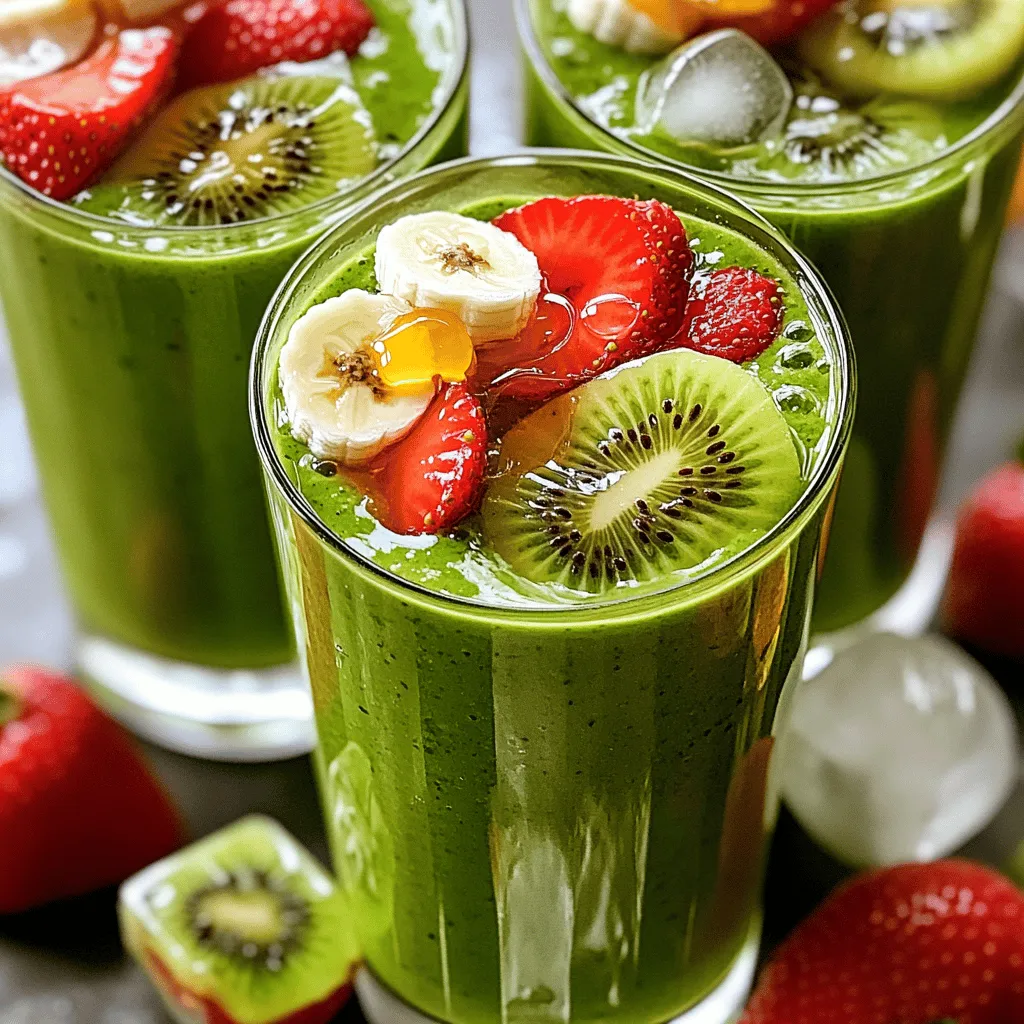 - 1 cup fresh spinach leaves - 1 ripe banana, peeled and sliced - 1 cup strawberries, hulled and halved - 2 kiwis, peeled and sliced - 1 cup almond milk (or your preferred milk) - 1 tablespoon honey or maple syrup (optional) - Ice cubes (optional) The main ingredients in the Strawberry Kiwi Spinach Smoothie offer a bright mix of flavors and nutrients. The spinach brings a mild taste and is loaded with vitamins. Bananas add creaminess and natural sweetness, making the smoothie smooth. Strawberries and kiwis contribute a refreshing tartness that balances well with the other ingredients. - Protein powder (for a protein boost) - Chia seeds or flaxseeds (for added fiber) If you want to make your smoothie even healthier, consider adding protein powder. This helps keep you full longer. Chia seeds or flaxseeds add fiber, which is great for digestion. These add-ins give the smoothie a boost in nutrition without changing the taste much. - Calories per serving: Approximately 180 - Carbohydrates: 30g - Protein: 4g - Fats: 5g - Vitamins: A, C, K, and B6 - Minerals: Calcium, iron, and potassium Each serving of this smoothie is packed with nutrients. It contains healthy carbs mostly from fruits. You also get a nice amount of fiber from spinach and fruit. Vitamins A and C support your immune system, while potassium helps with muscle function. This smoothie is not just tasty; it’s also a great way to nourish your body. - Rinse and prepare all fruits and spinach. - Measure and gather all ingredients. To start, I wash my fresh spinach leaves under cold water. This helps remove any dirt or grit. Then, I slice my ripe banana and halve the strawberries. I also peel and slice the kiwis. Having everything ready makes blending easier. - Blend spinach with almond milk until smooth. - Add fruits and optional sweeteners, then blend again. I place the washed spinach and almond milk into the blender first. I blend them on medium speed until smooth. This creates a green base that tastes fresh. Next, I add the banana, strawberries, and kiwis. If I want a sweeter smoothie, I add honey or maple syrup. I blend everything on high speed until it is creamy and mixed well. - Incorporate ice if desired. - Taste and adjust sweetness as needed. If I want my smoothie chilled, I toss in some ice cubes. After blending again, I check the taste. If it needs more sweetness, I add a bit more honey or syrup. Then, I blend it for a few more seconds to mix everything. Now, my Strawberry Kiwi Spinach Smoothie is ready to enjoy! To make your smoothie creamier, consider adding yogurt or avocado. - Yogurt: Use plain yogurt for a tangy taste and a smooth texture. - Avocado: A ripe avocado adds healthy fats and a rich feel. For the milk, I recommend almond milk, oat milk, or coconut milk. - Almond Milk: Light and nutty, it blends well with fruits. - Coconut Milk: Gives a tropical flavor and adds creaminess. You can serve this smoothie for breakfast or as a snack. - Pour it into a bowl for a smoothie bowl look. - Top it with your favorite granola or nuts for crunch. Pair with: - Granola: Adds texture and energy. - Nuts: Almonds or walnuts boost protein and healthy fats. Adjusting the thickness of your smoothie is easy. If it’s too thick, add more milk. - For a thinner drink, drizzle in a little more milk. - To thicken it, toss in more banana or some ice cubes. Remember, the right consistency makes your smoothie enjoyable! {{image_4}} You can mix things up with different fruits. Add other berries like blueberries or raspberries. They bring extra flavor and nutrients. You can also try seasonal fruits. Peaches and mangoes are great choices in summer. They add a nice sweetness and tropical flair. If you want to change the greens, swap spinach for kale or Swiss chard. Both add a strong taste and lots of vitamins. You can even add other veggies like cucumber. They add crunch and hydration without changing the flavor much. When it comes to sweeteners, you have many choices. Agave syrup and coconut sugar are natural options. They work well if you want to avoid refined sugar. For those with dietary restrictions, consider sugar-free alternatives. Stevia or monk fruit are good choices that won’t add extra calories. To keep your leftover smoothie fresh, store it in the fridge. Use a clean, airtight container. Glass jars work well since they do not absorb odors. This way, your smoothie stays fresh for up to 24 hours. Freezing smoothies is a great option. Pour your smoothie into ice cube trays or freezer bags. When you want a smoothie, just thaw what you need. To thaw, leave it in the fridge overnight or use the microwave for a few seconds. If you have extra fruits or spinach, use them in other meals. Add spinach to salads or omelets. You can slice strawberries for pancakes or yogurt. This reduces waste and keeps your meals exciting. Yes, you can easily make this smoothie dairy-free! Simply switch out the almond milk for any plant-based milk you like. Options include oat milk, soy milk, or coconut milk. Each gives a different flavor but keeps it creamy and delicious. The smoothie tastes best when fresh. However, if you need to store it, keep it in the fridge for up to 24 hours. After that, the taste and texture may change. Always check it before drinking. Absolutely! To prep, blend all the ingredients and then pour them into jars. Store these jars in the fridge. You can enjoy them on busy mornings. Just give the jar a shake before drinking to mix it up! In this blog post, I shared a simple and tasty smoothie recipe. You learned about key ingredients like spinach, banana, and strawberries. I covered how to blend them for the best flavor and texture. We went over tips to make your smoothie creamier and variations to keep it fun. Lastly, I included storage advice to keep your smoothies fresh. Now, you can whip up your favorite smoothie anytime and make it your own! Enjoy the health benefits and taste.