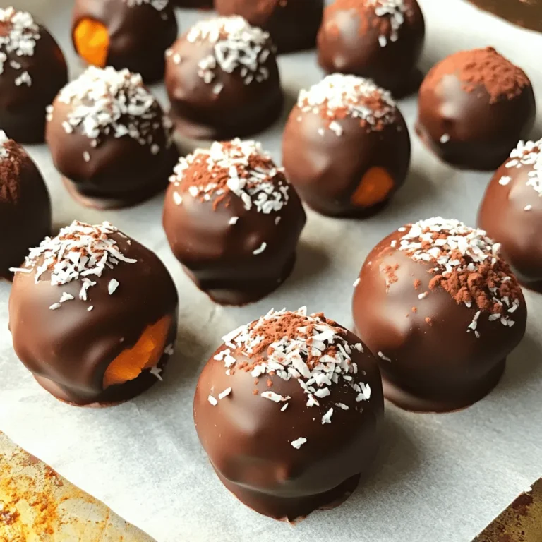 To make these No Bake Chocolate Espresso Pumpkin Truffles, gather the following items: - 1 cup pumpkin puree (canned or freshly made) - 1 cup almond flour (finely ground) - 1/2 cup unsweetened cocoa powder - 1/2 cup pure maple syrup - 1 tablespoon espresso powder (adjust for stronger coffee flavor) - 1 teaspoon vanilla extract - 1/4 teaspoon ground cinnamon - Pinch of sea salt - 1/2 cup dark chocolate chips (opt for dairy-free if desired) - Unsweetened shredded coconut or additional cocoa powder for rolling If you don’t have almond flour, try using oat flour or coconut flour. Both work well in this recipe. For a nut-free option, you can use sunflower seed flour. If you want less sugar, substitute maple syrup with agave nectar or honey. You can also adjust the espresso powder based on your taste. Add less for a milder flavor or more for a stronger kick. If you can’t find dark chocolate chips, semi-sweet chips work too. Each truffle offers a blend of flavors and nutrients. Here is a rough idea of their nutrition per truffle: - Calories: 120 - Protein: 2g - Fat: 6g - Carbohydrates: 15g - Fiber: 2g - Sugar: 5g These truffles are a delightful treat without being overly sweet. They provide a tasty way to enjoy pumpkin and chocolate while getting some healthy fats from almond flour and dark chocolate. Start by gathering a large mixing bowl. Add 1 cup of pumpkin puree. Then, mix in 1 cup of almond flour. Next, pour in 1/2 cup of unsweetened cocoa powder. This adds rich chocolate flavor. Follow with 1/2 cup of pure maple syrup for sweetness. Stir in 1 tablespoon of espresso powder for a coffee kick. Add 1 teaspoon of vanilla extract for aroma. Then, sprinkle in 1/4 teaspoon of ground cinnamon. Finally, include a pinch of sea salt to balance flavors. Use a spatula to mix everything until smooth and thick. Once your mixture is well combined, cover the bowl. Use plastic wrap or a clean kitchen towel. Place the bowl in the refrigerator for about 30 minutes. Chilling helps the mixture firm up. This step makes it easier to shape later. After chilling, take the bowl out. Use a tablespoon to scoop portions of the mixture. Roll each portion between your palms. Aim for small balls, about 1 inch wide. Place the truffles on a lined baking sheet. Make sure they are spaced apart. This prevents them from sticking. Now, melt the dark chocolate chips in a microwave-safe bowl. Heat them in the microwave at 20-second intervals. Stir in between each interval. Stop when the chocolate is smooth and melted. Be careful not to overheat. Dip each truffle into the melted chocolate. Make sure it is fully coated. Use a fork to lift it out. Let any excess chocolate drip back into the bowl. Place the coated truffle back onto the baking sheet. While the chocolate is still wet, roll the truffles in shredded coconut or cocoa powder. This adds extra flavor and looks nice. Once coated, put the truffles back in the fridge. Let them chill for about 15 minutes. This helps the chocolate set properly. Enjoy these treats chilled or at room temperature. To get the best texture in your truffles, start with good mixing. Make sure the pumpkin puree is smooth. It should blend well with the almond flour and cocoa powder. If the mixture feels too wet, add more almond flour. If it’s too dry, a splash of maple syrup can help. After mixing, chill the dough for about 30 minutes. This step makes it easier to form truffles. The cold mixture holds its shape better. When melting chocolate, do it slowly. Place chocolate chips in a microwave-safe bowl. Heat them in short bursts, about 20 seconds at a time. Stir the chocolate after each burst. This method helps avoid burning. If you see small lumps, keep stirring. The heat will melt them away. Once smooth, use it right away for dipping. If it cools too much, it will thicken and won’t coat well. These truffles look great when served nicely. Use a decorative box or a tiered stand for a fancy touch. You can also sprinkle extra cocoa powder or shredded coconut on top. This adds color and makes them more appealing. For a fun twist, pair the truffles with coffee or tea. The flavors work very well together. Enjoy them chilled or at room temperature for a treat anytime! {{image_4}} You can add new flavors to your truffles. Try adding a splash of orange zest for a bright twist. Ground ginger adds a warm spice that pairs well with pumpkin. If you love nuts, mix in some finely chopped walnuts or pecans for crunch. You can also switch the espresso powder for instant coffee for a milder taste. Each addition brings a unique touch to your truffles. These truffles can easily fit different diets. To make them vegan, ensure you use dairy-free chocolate chips. Almond flour is already gluten-free, making these truffles perfect for gluten-sensitive folks. Instead of maple syrup, you could use agave nectar for a different sweetener. Always check labels to ensure all your ingredients meet dietary needs. Rolling your truffles in different coatings can change their look and taste. Unsweetened shredded coconut gives a tropical feel. You can also roll them in crushed nuts or finely chopped coffee beans for extra texture. For a sweeter touch, use powdered sugar or cocoa powder. Each choice adds a fun twist to every bite, making these truffles even more exciting. To keep your No Bake Chocolate Espresso Pumpkin Truffles fresh, store them in an airtight container. Line the bottom with parchment paper to avoid sticking. Place a layer of truffles in the container, leaving space between each one. Cover the container tightly to keep out air. This helps maintain their rich flavor and soft texture. These truffles can last up to one week in the fridge. If you keep them sealed, they stay delicious and safe to eat. After a week, you may notice a change in texture. They might not taste as fresh, but they will still be safe to enjoy. Freezing these truffles is a great option for longer storage. First, let the truffles set in the fridge for about 15 minutes. Then, place them on a baking sheet lined with parchment paper, making sure they aren’t touching. Freeze them for about two hours. Once they are firm, transfer the truffles into a freezer-safe bag or container. They can last up to three months in the freezer. When you want to eat them, just let them thaw in the fridge overnight. Yes, you can use different nut flours. Almond flour works great, but try cashew or hazelnut flour too. Each will bring a unique flavor. Just keep the same amount as the almond flour in the recipe. Remember, different flours may change the texture slightly. To make these truffles sweeter, add more maple syrup. Start with an extra tablespoon and taste as you go. You can also use powdered sugar or agave syrup if you prefer. Adjust until you reach your desired sweetness. Serve the truffles chilled for the best taste. Place them in a decorative box or on a tiered stand. A light dusting of cocoa powder or shredded coconut makes them look fancy. They are perfect for parties or as a sweet gift! In this blog post, we covered how to make delicious truffles. We discussed ingredients, step-by-step instructions, and tips to improve texture. You learned about variations for different diets and how to store your truffles. Truffles can be fun and easy to make. With the right ingredients and methods, you can impress anyone. Enjoy the process and share your tasty truffles with friends!